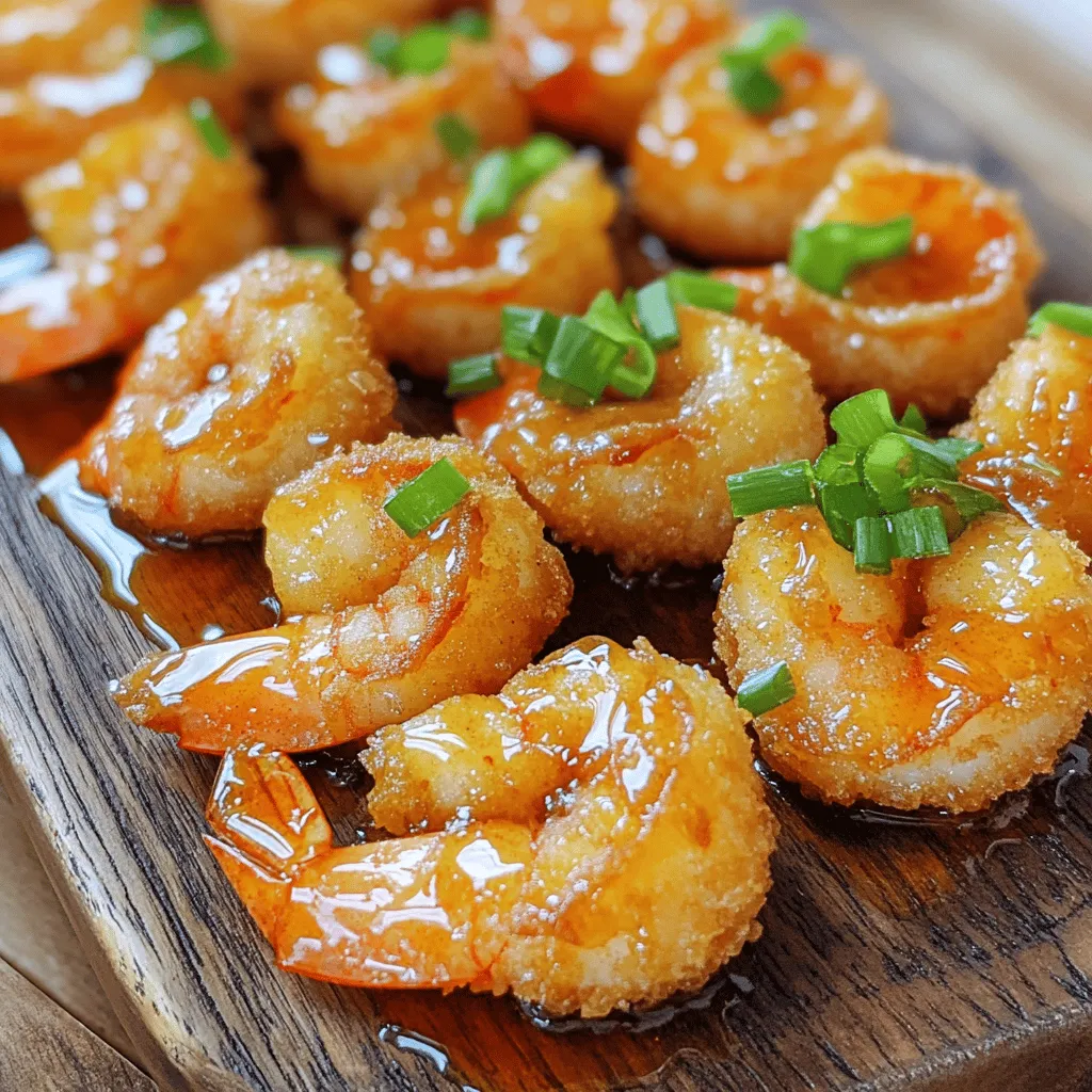 To make crispy honey garlic shrimp bites, you need: - 1 lb large shrimp, peeled and deveined - 1/2 cup all-purpose flour - 1/2 cup cornstarch - 1 teaspoon baking powder - 1 teaspoon garlic powder - 1 teaspoon onion powder - 1/2 teaspoon paprika - Salt and pepper to taste - 1 cup sparkling water (or regular water) - Oil for frying These ingredients create a light and crispy coating that perfectly hugs the shrimp. This sauce adds a sweet and savory kick. Gather these items: - 1/3 cup honey - 2 cloves garlic, minced - 2 tablespoons soy sauce - 1 tablespoon rice vinegar - 1 teaspoon sesame oil - 1/2 teaspoon red pepper flakes (optional) - Chopped green onions for garnish The garlic and honey blend beautifully, making the shrimp irresistible. If you need substitutes, here are some ideas: - Use shrimp with shells on for more flavor. - Swap cornstarch with potato starch for extra crunch. - Replace honey with maple syrup for a different sweetness. - Use lime juice instead of rice vinegar for a zesty twist. These swaps will keep the flavor strong while making it work for your needs. Start by patting the shrimp dry. Use paper towels to soak up any extra moisture. This step is key for getting that crispy texture. Wet shrimp will steam instead of fry. You want them nice and dry! In a large bowl, mix the dry ingredients. Combine 1/2 cup all-purpose flour, 1/2 cup cornstarch, 1 teaspoon baking powder, 1 teaspoon garlic powder, 1 teaspoon onion powder, and 1/2 teaspoon paprika. Add salt and pepper to taste. Slowly add 1 cup of sparkling water. Whisk until you have a smooth batter. It should look like pancake batter. Heat about 2 inches of oil in a deep skillet or pot. Aim for 350°F (175°C). To check if the oil is ready, drop a bit of batter in. It should sizzle and rise. Dip each shrimp in the batter, coating it well. Place them gently in the hot oil. Fry in batches to keep them from sticking together. Cook for 2-3 minutes on each side until golden brown. In a small saucepan, mix 1/3 cup honey, 2 minced garlic cloves, 2 tablespoons soy sauce, 1 tablespoon rice vinegar, and 1 teaspoon sesame oil. If you like heat, add 1/2 teaspoon red pepper flakes. Stir this over medium heat for about 3-4 minutes. You want the sauce warm and slightly thick. In a large bowl, toss the crispy shrimp with the honey garlic sauce. Make sure each piece is coated well. Transfer the shrimp to a serving platter. For a fresh touch, sprinkle chopped green onions on top. Enjoy your crispy honey garlic shrimp bites! To make shrimp extra crispy, start with dry shrimp. Use paper towels to pat them dry. This step helps the batter stick and fry well. Next, use a mix of flour and cornstarch. The cornstarch makes the shrimp crunchier. When making the batter, add sparkling water. The bubbles in the water create a light and crispy coating. Fry the shrimp in hot oil, around 350°F (175°C). Fry them in small batches to keep them from steaming. The right oil makes all the difference. Use oils with high smoke points, like canola or peanut oil. These oils can handle high heat without burning. They also give a nice flavor to the shrimp. Avoid olive oil for frying, as it burns easily. Get ready by prepping all ingredients first. Measure the flour, cornstarch, and spices ahead of time. This step makes cooking faster and smoother. If you want to save time, use store-bought honey garlic sauce. You can also prep the shrimp in advance. Just coat and fry them when you are ready to eat. {{image_2}} To add some heat, try spicy honey garlic shrimp bites. Start with the same shrimp and batter. For the sauce, increase the red pepper flakes to one teaspoon. You can also add a splash of sriracha or chili paste. This gives a nice kick to the dish. The sweet honey balances the heat well. Serve with lime wedges for extra flavor. No shrimp? No problem! You can make a vegetarian version using cauliflower or tofu. Cut cauliflower into bite-sized pieces or use firm tofu, cubed. Follow the same batter recipe and frying method. The honey garlic sauce works just as well on these veggies. This way, everyone can enjoy the flavor explosion. Get creative with sauces! Try a sweet chili sauce for a fruity twist. Or mix soy sauce with a touch of maple syrup for a new flavor. You can also make a garlic butter sauce for a rich taste. These sauces can change the whole dish. Experiment and find your favorite! To store leftover shrimp, first let them cool. Place the shrimp in an airtight container. You can keep them in the fridge for up to 2 days. Make sure to layer them with paper towels. This helps absorb moisture and keeps them crispy longer. When reheating shrimp, use the oven. Preheat it to 350°F (175°C). Spread the shrimp on a baking sheet. Heat for about 10 minutes until they are warm and crispy again. Avoid using the microwave. It may make the shrimp soggy. If you want to freeze shrimp, first cool them completely. Place them in a single layer on a baking sheet. Freeze for about 1 hour until solid. Then, transfer them into a freezer-safe bag. Remove as much air as possible. You can store them for up to 3 months. Thaw in the fridge before reheating. Yes, you can use frozen shrimp. Just make sure to thaw them first. Place them in the fridge overnight or run them under cold water. This will help them cook evenly. Pat them dry before coating to remove extra moisture. This step is key for crispiness. These shrimp bites pair well with many sides. Try serving them with: - Steamed rice - Fried rice - Noodles - Fresh salad - Vegetable stir-fry These options will enhance the meal and balance the flavors. Frying shrimp takes about 2-3 minutes per side. Look for a golden brown color. Cooking time may vary based on the size of your shrimp. Always monitor them closely to avoid overcooking. Yes, you can bake them! Preheat your oven to 400°F (200°C). Place the coated shrimp on a baking sheet lined with parchment paper. Spray them lightly with cooking oil. Bake for about 15-20 minutes, flipping halfway through. This method offers a healthier option but may lack some crispiness. Shrimp bites are easy and fun to make. You saw how to prepare the shrimp, make a tasty sauce, and achieve a crispy coating. Don’t forget the tips for frying and storage. You can even try spicy or vegetarian options. These shrimp bites fit any meal or snack. Keep these ideas in mind, and enjoy making this dish your own. It’s time to impress your friends and family with your cooking skills!