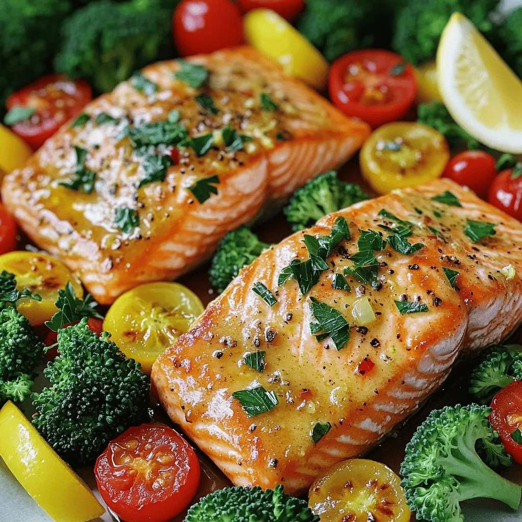 To make this delightful sheet-pan lemon garlic butter salmon, you need simple and fresh ingredients. Here’s what you will use: - 4 salmon fillets - 2 tablespoons unsalted butter, melted - 3 tablespoons olive oil - 4 cloves garlic, minced - 1 lemon (zested and juiced) - 1 teaspoon dried thyme - Salt and pepper to taste - 1 cup cherry tomatoes, halved - 1 cup broccoli florets - 1 cup bell peppers, sliced (any color) - Fresh parsley, chopped for garnish Each ingredient brings its own flavor. The salmon offers a rich, buttery taste, while the lemon adds brightness. Garlic gives a warm, aromatic touch. The veggies not only add color but also provide nutrients and crunch. You can mix and match these ingredients, but I suggest sticking with the basics for maximum taste. Using fresh ingredients will make your dish shine. I always recommend choosing vibrant veggies and fresh salmon for the best results. - Preheating the Oven Start by preheating your oven to 400°F (200°C). This heat ensures the salmon cooks evenly and the veggies get tender. - Preparing the Lemon Garlic Butter Mixture In a small bowl, mix together 2 tablespoons of melted butter, 3 tablespoons of olive oil, and 4 minced garlic cloves. Add the zest and juice of 1 lemon, 1 teaspoon of dried thyme, and salt and pepper to taste. Whisk it well until all the ingredients blend nicely. - Arranging the Salmon and Veggies on the Sheet Pan Take a large sheet pan and line it with parchment paper. Place 4 salmon fillets in the center of the pan. Surround the salmon with 1 cup of halved cherry tomatoes, 1 cup of broccoli florets, and 1 cup of sliced bell peppers. Drizzle the lemon garlic butter mixture over everything, making sure all the salmon and veggies are well-coated. - Baking Time and Temperature Slide the sheet pan into the preheated oven. Bake for 15 to 20 minutes. The salmon should be just right after this time. - Checking for Doneness To check if the salmon is done, poke it with a fork. It should flake easily. The veggies should be tender but not mushy. - Garnishing with Fresh Parsley After removing the pan from the oven, let it rest for a couple of minutes. Before serving, sprinkle freshly chopped parsley on top for a pop of color and flavor. - Serving Options and Presentation Tips You can serve the salmon and veggies right from the sheet pan for a casual meal. For a more elegant touch, plate the food individually. Add a lemon wedge on the side for extra zest. Adjusting Seasonings You can make this dish taste even better. Start with the basic lemon garlic butter mix. Feel free to add more garlic if you love its flavor. A hint of red pepper flakes can add a nice kick. If you want it sweeter, try adding a bit of honey or maple syrup. Taste as you go to find what you love most. Recommended Marinade Time For the best flavor, let the salmon sit in the marinade for at least 15 minutes. This short time allows the salmon to soak up the lemon and garlic. If you have time, marinating for 30 minutes can boost the taste even more. Just remember not to go too long, as the acid from the lemon can change the texture of the fish. Ensuring Even Cooking To cook the salmon and veggies evenly, make sure they are in a single layer on the sheet pan. If the pieces are too close, they can steam instead of roast. Keep the veggies cut to a similar size. This way, they will cook at the same rate as the salmon. Tips for Achieving Flaky Salmon To get that perfect flaky salmon, look for the right doneness. When the salmon turns opaque and flakes easily with a fork, it’s done. Keep an eye on it as it bakes. If you overcook it, it can become dry. A little patience goes a long way here. Using Parchment Paper Line your sheet pan with parchment paper. This makes cleanup a breeze. The fish and veggies won’t stick, leaving your pan clean. Once you’re done, just toss the paper and rinse the pan quickly. Quick Cleanup Techniques While the salmon is baking, soak your mixing bowls and utensils in warm, soapy water. This will make washing them much easier later. You can also wipe down surfaces with a damp cloth. A tidy kitchen makes cooking more enjoyable! {{image_2}} You can switch up the veggies in this dish. Try zucchini, asparagus, or green beans. These options add different textures and flavors. Carrots also work well if you slice them thin. This keeps them tender and tasty. Use seasonal veggies for the best taste. In spring, consider peas or asparagus. In summer, add corn or eggplant. For fall, try squash or Brussels sprouts. Winter veggies like kale or root veggies also make great choices. Salmon is great, but you can use other fish. Cod or halibut work well with this recipe. They have a mild taste and will soak up the lemon garlic butter nicely. Just adjust cooking times for thinner fish. You can also swap salmon for chicken or tofu. Chicken breasts bake well and stay juicy. Make sure to cut them into smaller pieces for even cooking. Tofu is a fantastic choice for a plant-based meal. Press it first to remove extra moisture. Herbs can change the whole dish. Try fresh dill or basil for a twist. Cilantro or parsley also add a fresh flavor. Mix and match herbs based on what you like! Spices add depth to your meal. A pinch of paprika or cumin can enhance the taste. You can also use a marinade before cooking. Soy sauce or honey can create a sweet and savory mix. Best Practices for Storing Leftovers After enjoying your sheet-pan lemon garlic butter salmon, store the leftovers in an airtight container. Make sure the salmon and veggies cool down to room temperature first. You can safely keep them in the fridge for up to three days. This keeps the flavors fresh and tasty. Reheating Tips When ready to eat your leftovers, reheat them gently. You can use a microwave or an oven. For the microwave, heat in short bursts of 30 seconds. Check often to avoid overcooking. If using the oven, preheat it to 350°F (175°C) and warm for about 10 minutes. This keeps the salmon moist and the veggies crisp. Can You Freeze Sheet-Pan Salmon? Yes, you can freeze sheet-pan salmon! It freezes well and remains flavorful. Just make sure to store it properly to avoid freezer burn. How to Properly Freeze and Thaw To freeze, wrap the salmon and veggies tightly in plastic wrap. Then place them in a freezer bag. Label the bag with the date. For thawing, move it to the fridge a day before you plan to eat it. This keeps it safe and maintains the taste. If you’re in a hurry, you can thaw it in cold water for about an hour. How long to bake salmon at 400°F? You should bake salmon at 400°F for 15-20 minutes. It cooks quickly at this temperature. Check for doneness by using a fork. The salmon should flake easily. Can I use frozen salmon for this recipe? Yes, you can use frozen salmon. Just make sure to thaw it first. This allows for even cooking. You can thaw it overnight in the fridge or place it in cold water for quick thawing. What vegetables pair well with salmon? Many veggies work great with salmon. I love using broccoli, bell peppers, and cherry tomatoes. Asparagus, zucchini, and green beans also make excellent choices. They add color and flavor. What if I don’t have fresh herbs? If you lack fresh herbs, use dried ones instead. Dried thyme works well in this recipe. You can also try dried oregano or basil for different flavors. Just use less than you would fresh. Can I make this dish dairy-free? Yes, you can make this dish dairy-free. Instead of butter, use olive oil or a dairy-free butter substitute. This keeps the dish creamy without dairy. What is the calorie count per serving? This dish has about 350 calories per serving. It includes healthy fats and protein, making it a balanced meal. Is this recipe gluten-free? Yes, this recipe is gluten-free. All the ingredients are naturally gluten-free. It's a safe option for those with gluten sensitivities. This blog post covered a tasty sheet-pan salmon recipe. You learned about the ingredients, step-by-step cooking, and important tips. I shared variations to keep your meals exciting and ways to store leftovers safely. Cooking salmon this way offers you a flavorful and healthy dish with minimal cleanup. Trust these methods to bring joy to your meals. Now, give this recipe a try and enjoy the delicious results. You are sure to impress family and friends!