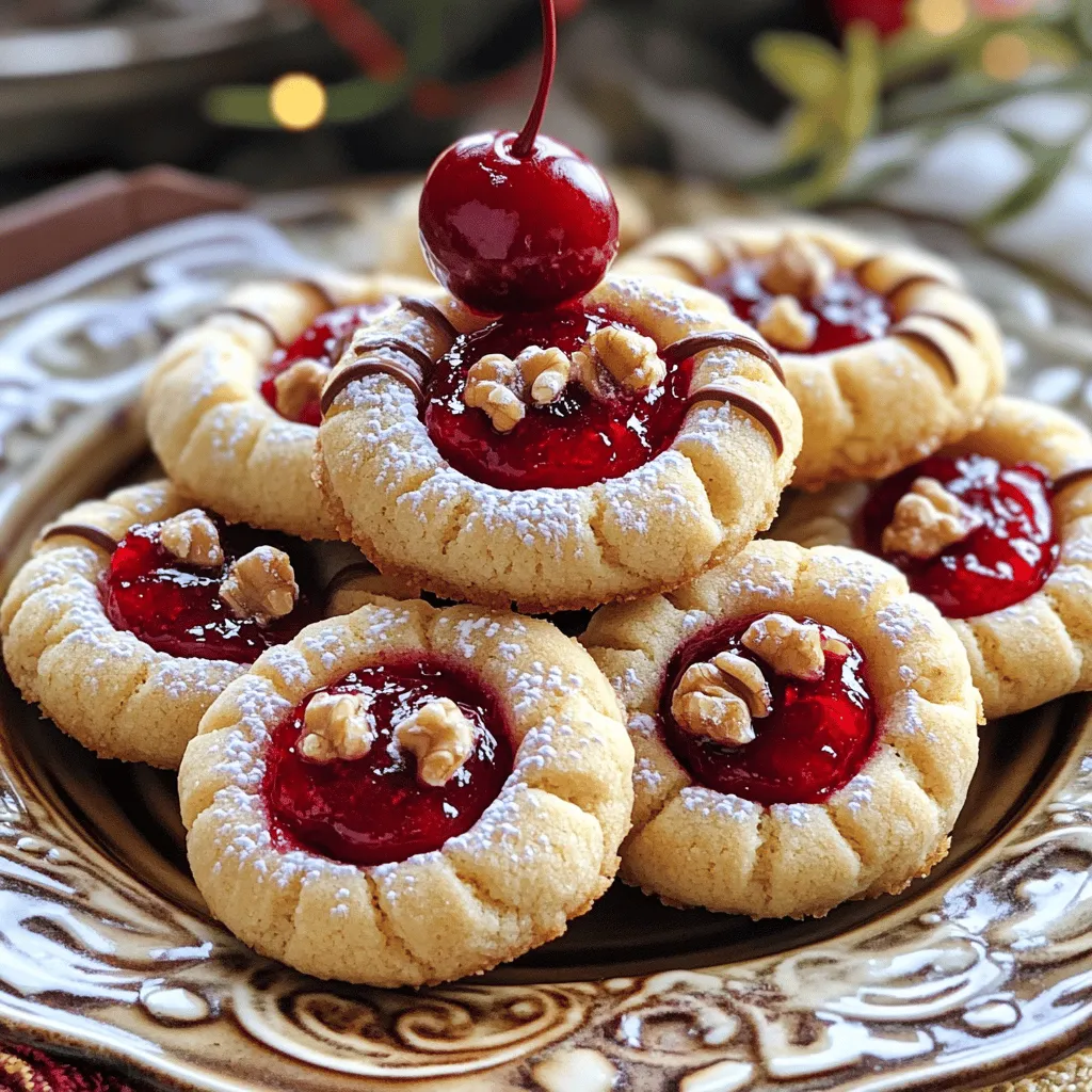 To make Cherry Pie Thumbprint Cookies, you need some key ingredients. Here’s what you’ll need: - 1 cup unsalted butter, softened - 1 cup granulated sugar - 1 large egg - 2 teaspoons vanilla extract - 2 ½ cups all-purpose flour - ½ teaspoon baking powder - ¼ teaspoon salt - 1 cup cherry jam (or preserves) - ½ cup chopped walnuts or almonds (optional) - Powdered sugar for dusting These ingredients come together to make a rich and sweet cookie with a delightful cherry center. You can customize your cookies with some fun add-ins. If you like nuts, try adding walnuts or almonds for crunch. You can also swap the cherry jam for other flavors like raspberry or apricot. This change can give you a new twist on the classic recipe. If you need a dairy-free option, use vegan butter. Measuring your ingredients correctly is key to great cookies. Here are some tips: - Use dry measuring cups for flour and sugar. - Level off the top with a straight edge for accuracy. - For sticky items like jam, use a spoon to scoop it out easily. - Make sure your butter is softened but not melted for the best texture. By following these tips, you'll set yourself up for success in baking these tasty treats! To make Cherry Pie Thumbprint Cookies, start by gathering your ingredients. You need butter, sugar, egg, vanilla, flour, baking powder, salt, and cherry jam. If you like, add chopped nuts for crunch. 1. Preheat your oven to 350°F (175°C). Line a baking sheet with parchment paper to prevent sticking. 2. In a bowl, cream the softened butter and granulated sugar. Mix until it is light and fluffy. 3. Add the large egg and vanilla extract. Beat until everything is mixed well. 4. In another bowl, whisk together the flour, baking powder, and salt. Slowly add this to the wet mix. Stir until a soft dough forms. 5. If using nuts, fold them into the dough carefully. 6. Scoop tablespoon-sized dough portions. Roll them into balls and place them on the baking sheet. Space them about 2 inches apart. 7. Make an indentation in the center of each ball using your thumb or a teaspoon. 8. Spoon cherry jam into each indentation, but don’t let it overflow. 9. Bake for 12-15 minutes. Look for lightly golden edges as a sign they are ready. 10. Let the cookies cool on the baking sheet for a few minutes. Then, move them to a wire rack to cool completely. 11. Once cool, dust them lightly with powdered sugar for a sweet finish. When making these cookies, some errors can happen. Here are a few to watch out for: - Overmixing the dough can make the cookies tough. Mix just until combined. - Skipping the cooling time can lead to broken cookies. Give them a few minutes on the sheet. - Filling the indent too much can cause the jam to overflow. Use just enough to fill it nicely. Cooling time is key for great cookies. When you let them cool, they set properly. If you rush this, they may fall apart. The cooling also helps the flavors blend better. Enjoying the cookies warm is nice, but letting them cool enhances the taste! To get the best texture, use room temperature butter. This helps the butter mix well with sugar. Cream the two until they are light and fluffy. This process adds air, making your cookies soft. Do not overmix the dough after adding flour. Mix just until combined to keep them tender. Bake them until the edges turn light golden. This ensures a soft center. You can swap cherry jam for other jams. Try raspberry or strawberry for a twist. Use almond extract instead of vanilla for a nutty flavor. If you want a crunch, add chopped pecans or hazelnuts. This change brings new flavors while keeping the cookie base the same. To boost the cherry flavor, consider adding a splash of cherry juice. This adds moisture and a deeper taste. You can also mix in a bit of almond extract. Almond and cherry pair well together. For a fun twist, top the cookies with fresh cherries. This adds a burst of flavor and makes them look pretty. {{image_2}} You can change the jam in these cookies. Try raspberry or blueberry jam for a twist. Apricot jam also works well. Each filling gives a new taste. You can use store-bought jams or homemade ones. Experiment with flavors you love. This adds fun to your baking. If you or someone you know has nut allergies, leave out the nuts. The cookies still taste great without them. You can replace the chopped nuts with oats. This keeps the cookies chewy and adds a nice texture. Always check labels to ensure no hidden nuts are in your ingredients. Use seasonal fruits for fresh flavors. In summer, try peach or strawberry jam. Fall brings apple butter, which will add a warm spice. In winter, cranberry sauce makes a tangy option. Each fruit gives a unique taste and color. It’s a great way to enjoy the seasons in your baking. To keep your Cherry Pie Thumbprint Cookies fresh, store them in an airtight container. This keeps moisture out and helps them stay soft. You can stack them with parchment paper between layers to avoid sticking. Keep the container at room temperature for up to a week. If you want to keep them longer, consider freezing them. If you want to freeze your cookies, first let them cool completely. Then, place them in a single layer on a baking sheet. Freeze them for about an hour until solid. After that, transfer them to a freezer-safe bag or container. They can last up to three months in the freezer. Make sure to label the container with the date. When you're ready to enjoy your cookies again, preheat your oven to 350°F (175°C). Place the cookies on a baking sheet and warm them for about 5-7 minutes. This helps restore their soft texture. You can also microwave a cookie for about 10-15 seconds for a quick warm-up. Just be careful not to overheat, or they may get tough. Yes, you can make these cookies gluten-free. Use a gluten-free flour blend instead of all-purpose flour. Look for a blend that works well in baking. This choice gives you a tasty result without gluten. You can use other fruit jams or preserves. Raspberry, strawberry, or apricot can work nicely. Each option adds a unique twist to the cookie flavor. Choose your favorite fruit for a fun change. These cookies stay fresh for about one week at room temperature. Keep them in an airtight container to maintain their texture. If you want them to last longer, you can freeze them. They freeze well for up to three months. Yes, you can make the dough in advance. Wrap it tightly in plastic wrap and chill it in the fridge. The dough can stay fresh for up to three days. Just bring it to room temperature before baking. Serve these cookies on a decorative plate for a lovely touch. Dust them with powdered sugar for sweetness. You can also drizzle melted chocolate on top for extra flavor. A fresh cherry on each cookie adds a nice finish. In this post, we covered how to make Cherry Pie Thumbprint Cookies. We discussed key ingredients, optional add-ins, and measuring tips. I shared a step-by-step baking process and highlighted common mistakes. You learned how to perfect the cookie texture and enhance the cherry flavor. We explored different filling options and storage methods. Remember, baking is about enjoying the process and experimenting. Happy baking!