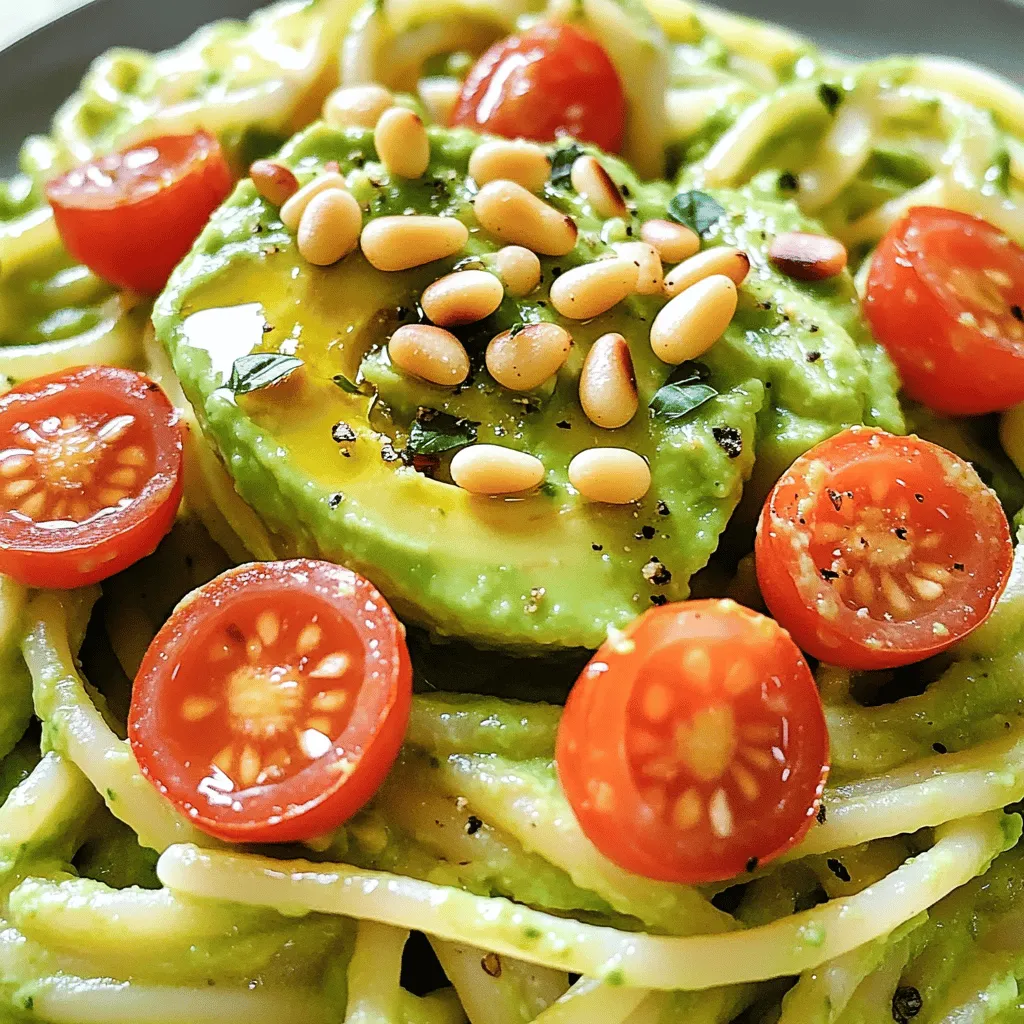 To make creamy avocado pasta, you need fresh and simple ingredients. Here’s what you will need: - 2 ripe avocados, pitted and peeled - 2 cloves garlic, minced - 2 tablespoons fresh lemon juice - 2 tablespoons extra virgin olive oil - 1/2 cup fresh basil leaves, packed - 1/4 cup grated Parmesan cheese (optional) - Salt and pepper to taste - 8 ounces pasta (spaghetti or penne works great) - Cherry tomatoes, halved (for garnish) - Toasted pine nuts (for garnish) These ingredients create a creamy and rich sauce. The avocados bring a smooth texture. Garlic adds a nice kick. Lemon juice gives a bright flavor. Fresh basil lifts the dish with its herb taste. Parmesan cheese adds depth, but it's optional. Salt and pepper balance the dish perfectly. Use spaghetti or penne for the pasta. Cherry tomatoes and pine nuts make great toppings. They add color and crunch. This simple list helps you prepare a delicious meal. 1. Start by bringing a large pot of salted water to a boil. 2. Add 8 ounces of your chosen pasta to the water. 3. Cook the pasta until it is al dente, following the package instructions. 4. Reserve about 1/2 cup of the pasta water before draining the pasta. Set the drained pasta aside. 1. In a food processor, add 2 ripe avocados, 2 cloves of minced garlic, and 2 tablespoons of fresh lemon juice. 2. Pour in 2 tablespoons of extra virgin olive oil. 3. Add 1/2 cup of fresh basil leaves and 1/4 cup of grated Parmesan cheese, if using. 4. Blend the mixture until it is smooth and creamy. 5. If the sauce seems too thick, add a bit of the reserved pasta water to thin it. 1. In a large mixing bowl, combine the cooked pasta with the avocado sauce. 2. Toss gently to coat the pasta well. 3. If needed, splash in more reserved pasta water to keep the dish creamy. 4. Season with salt and pepper to taste. 5. Serve right away, garnishing with halved cherry tomatoes and toasted pine nuts for a nice crunch. To get that dreamy creaminess in your avocado pasta, you should use reserved pasta water. This water is starchy and helps the sauce stick to the pasta. Start with a little and add more if needed. It makes all the difference! You can also adjust the oil and lemon juice. Add more oil for richness. If you want a brighter taste, add more lemon juice. Both changes can help you find your perfect balance. If you need a nut-free option, try sunflower seeds instead of nuts. They give a nice crunch and blend well. For those who want a vegan dish, skip the cheese or use a plant-based option. Nutritional yeast is a great choice. It adds a cheesy flavor without dairy. Garnishing can elevate your dish. Top your pasta with halved cherry tomatoes for color. A sprinkle of toasted pine nuts adds texture. When serving, use a large pasta bowl. This makes it look fancy. Drizzle extra olive oil and add fresh basil leaves on top for a beautiful finish. {{image_2}} You can make creamy avocado pasta even better by adding protein. Grilled chicken is a great choice. It adds a nice texture and flavor. Just slice it up and mix it in. Shrimp is another tasty option. Cook the shrimp until pink, then toss it with the pasta. Both options boost the dish and make it more filling. Adding veggies gives your dish more color and nutrients. Spinach or arugula works well. Toss in a handful right before serving. They wilt nicely and add a fresh taste. Sun-dried tomatoes are another fantastic choice. They bring a sweet and tangy flavor to the mix. Just chop them up and stir them in before serving. Want to spice things up? Add a pinch of chili flakes for heat. This small change adds a big kick. You can also swap herbs. Cilantro gives a bright, fresh taste. Just chop it finely and mix it in with the avocado sauce. These simple tweaks can elevate your creamy avocado pasta to new heights. To keep your creamy avocado pasta fresh, store it in the fridge. Place it in an airtight container. This helps to prevent drying out and keeps the flavors intact. You should eat it within two days for the best taste. For freezing, note that avocado does not freeze well. It may change texture and color. If you plan to freeze, store the sauce separately from the pasta. Use a freezer-safe container and consume within a month. When you want to enjoy your pasta again, use gentle heat. The best method is to use a pan over low heat. Add a splash of water to help the sauce stay creamy. Stir often to ensure even heating. Avoid the microwave if possible. It can cause the sauce to separate. If you must use it, heat in short bursts and stir in between. This helps maintain the flavor and texture of your creamy avocado pasta. Yes, you can easily make this dish vegan. To do this, skip the Parmesan cheese. You can use nutritional yeast as a cheese substitute for a cheesy flavor. Instead of using regular pasta, choose a vegan-friendly option. This way, you keep the creamy texture and taste while making it vegan. To ripen avocados fast, place them in a paper bag. Add an apple or banana to the bag. These fruits release ethylene gas, which helps avocados ripen faster. Keep the bag at room temperature for one or two days. Check the avocados daily to see if they are soft. For this creamy avocado pasta, I recommend using spaghetti or penne. Both types hold the sauce well. You can also try whole wheat or gluten-free pasta if you prefer. The key is to choose a pasta that cooks to al dente for best results. This dish combines fresh avocados, garlic, and basil for a tasty meal. You learned how to make creamy avocado sauce, cook pasta, and combine them. You also explored tips for perfecting the dish and many fun variations. In closing, this recipe is flexible and suits many diets. Enjoy creating it your way!