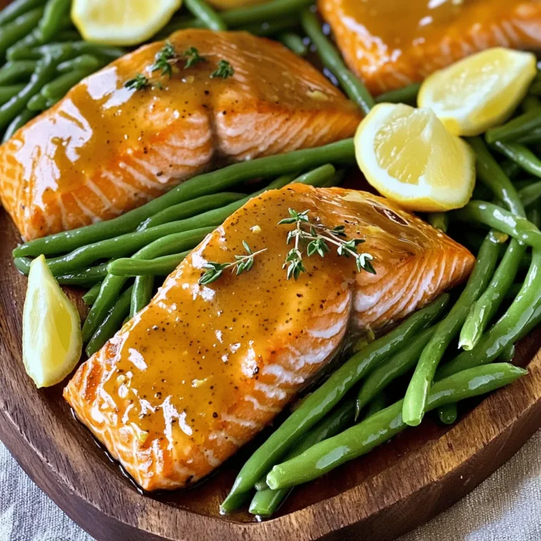 - 4 salmon fillets - 2 cups fresh green beans, trimmed - 3 tablespoons honey - 2 tablespoons Dijon mustard - 1 tablespoon olive oil Salmon fillets are the star of this dish. They are rich in omega-3 fatty acids. The fresh green beans add a nice crunch and vibrant color. Honey brings sweetness, while Dijon mustard adds a tangy kick. Olive oil binds everything together and adds richness. - 2 cloves garlic, minced - Zest and juice of 1 lemon - Salt and pepper to taste - 1 teaspoon dried thyme Garlic adds depth to the glaze. It gives off a lovely aroma when baking. Lemon zest brightens the dish and makes it refreshing. The lemon juice adds acidity, balancing the sweetness of the honey. Salt and pepper enhance the flavors, while dried thyme adds an earthy note. - Lemon wedges for garnishing Lemon wedges are perfect for serving. They give a fresh burst of flavor when squeezed over the salmon. You can also sprinkle some fresh thyme on top for a nice touch. This adds color and makes the dish look more appealing. Start by preheating your oven to 400°F (200°C). This step is key. A hot oven helps cook the salmon and green beans evenly. Make sure you set your timer. It takes a few minutes for the oven to reach the right heat. Next, you will make the honey mustard glaze. In a small bowl, mix together these ingredients: - 3 tablespoons honey - 2 tablespoons Dijon mustard - 1 tablespoon olive oil - 2 cloves garlic, minced - Zest and juice of 1 lemon - Salt and pepper to taste - 1 teaspoon dried thyme Whisk them all together until the mixture is smooth. This glaze adds sweetness and tang to the salmon. Now, it's time to prepare the sheet pan. Line a large baking sheet with parchment paper. This helps with easy cleanup. Place the salmon fillets in the center of the sheet, skin side down. Then, arrange the fresh green beans around the salmon. Next, brush half of the honey mustard glaze over the salmon. Make sure each fillet is evenly coated. Then, take the remaining glaze and drizzle it over the green beans. Toss them gently to coat well. Now, you are ready to bake! Place your baking sheet in the oven and let it do its magic. To get the best salmon, aim for a cook time of 15-20 minutes at 400°F (200°C). Use a fork to check if the salmon flakes easily. If it does, it's done! The center should look a bit opaque and moist. This means your salmon is juicy and ready to eat. For green beans, you want them tender yet still crisp. To achieve this, bake them alongside the salmon. Toss them in the glaze to add flavor. Keep an eye on them; they should be bright green with a slight bite. If they look too soft, you may have overcooked them. When serving, use a rustic wooden platter to add charm. Place the salmon and green beans together, drizzling any extra glaze on top. Add fresh lemon wedges for a pop of color. A sprinkle of thyme can make your dish look professional and appetizing. {{image_2}} You can switch the salmon for chicken or tofu. If you use chicken, choose boneless thighs or breasts. They cook well with the glaze. For tofu, use firm or extra-firm types. Cut the tofu into cubes and coat them just like the salmon. Both options soak up the honey mustard flavor nicely. Feel free to add or swap in different veggies. Asparagus works great with this dish. It cooks quickly and adds a nice crunch. Brussels sprouts are another tasty choice. Halve them before adding to the sheet pan. Both add vibrant colors and nutrients to your meal. Try adding more herbs or spices to boost flavor. Fresh parsley or dill can brighten the dish. You can also add a pinch of cayenne pepper for some heat. Experiment with what you love. Each new twist makes this recipe your own. To keep your honey mustard salmon and green beans fresh, use airtight containers. Glass containers work great, as they do not stain. If you use plastic, choose BPA-free options. Store leftovers in the fridge for up to three days. Make sure to cool the food to room temperature before sealing it. This helps avoid condensation, which can make food soggy. When it's time to enjoy your leftovers, use the oven for best results. Preheat the oven to 350°F (175°C). Place the salmon and green beans on a baking sheet. Cover them loosely with foil to keep them moist. Heat for about 10-15 minutes, or until warmed through. You can also use a microwave, but keep it on low power to avoid drying out the fish. If you want to save your meal for later, freezing is a good option. First, ensure the food is completely cool. Portion the salmon and green beans into freezer-safe bags. Remove as much air as possible to prevent freezer burn. Label the bags with the date. You can freeze the meal for up to three months. When you are ready to eat, thaw it in the fridge overnight before reheating. To cook the salmon perfectly, preheat your oven to 400°F (200°C). Bake the salmon for about 15 to 20 minutes. The salmon is done when it flakes easily with a fork. You want it cooked through but juicy. Keep an eye on it as cooking time can vary by thickness. Yes, you can make the honey mustard glaze ahead of time. Store it in a sealed container in the fridge. It will stay fresh for up to three days. Before using it, give it a good stir. The flavors will be even better after sitting for a while. Honey mustard salmon pairs well with various sides. Here are some options: - Rice: A fluffy jasmine or basmati rice works great. - Quinoa: This adds a nutty flavor and is healthy. - Salad: A light green salad with a vinaigrette is refreshing. - Potatoes: Roasted potatoes or mashed potatoes are classic choices. - Extra Veggies: Try roasted carrots or a medley of seasonal veggies. Feel free to mix and match to create a balanced meal! This blog post guides you through making a simple honey mustard salmon dish. We covered main ingredients like salmon, green beans, and a tasty glaze. I shared tips to serve it well and offered tasty variations. Remember to adjust cooking times for perfect salmon. Storing leftovers properly can keep your meal fresh. Try different veggies or proteins to mix things up. Enjoy cooking and exploring these delicious options!