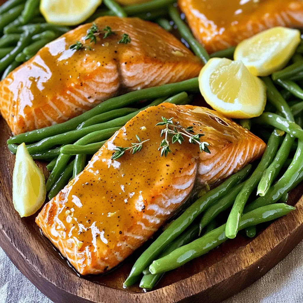 - 4 salmon fillets - 2 cups fresh green beans, trimmed - 3 tablespoons honey - 2 tablespoons Dijon mustard - 1 tablespoon olive oil Salmon fillets are the star of this dish. They are rich in omega-3 fatty acids. The fresh green beans add a nice crunch and vibrant color. Honey brings sweetness, while Dijon mustard adds a tangy kick. Olive oil binds everything together and adds richness. - 2 cloves garlic, minced - Zest and juice of 1 lemon - Salt and pepper to taste - 1 teaspoon dried thyme Garlic adds depth to the glaze. It gives off a lovely aroma when baking. Lemon zest brightens the dish and makes it refreshing. The lemon juice adds acidity, balancing the sweetness of the honey. Salt and pepper enhance the flavors, while dried thyme adds an earthy note. - Lemon wedges for garnishing Lemon wedges are perfect for serving. They give a fresh burst of flavor when squeezed over the salmon. You can also sprinkle some fresh thyme on top for a nice touch. This adds color and makes the dish look more appealing. Start by preheating your oven to 400°F (200°C). This step is key. A hot oven helps cook the salmon and green beans evenly. Make sure you set your timer. It takes a few minutes for the oven to reach the right heat. Next, you will make the honey mustard glaze. In a small bowl, mix together these ingredients: - 3 tablespoons honey - 2 tablespoons Dijon mustard - 1 tablespoon olive oil - 2 cloves garlic, minced - Zest and juice of 1 lemon - Salt and pepper to taste - 1 teaspoon dried thyme Whisk them all together until the mixture is smooth. This glaze adds sweetness and tang to the salmon. Now, it's time to prepare the sheet pan. Line a large baking sheet with parchment paper. This helps with easy cleanup. Place the salmon fillets in the center of the sheet, skin side down. Then, arrange the fresh green beans around the salmon. Next, brush half of the honey mustard glaze over the salmon. Make sure each fillet is evenly coated. Then, take the remaining glaze and drizzle it over the green beans. Toss them gently to coat well. Now, you are ready to bake! Place your baking sheet in the oven and let it do its magic. To get the best salmon, aim for a cook time of 15-20 minutes at 400°F (200°C). Use a fork to check if the salmon flakes easily. If it does, it's done! The center should look a bit opaque and moist. This means your salmon is juicy and ready to eat. For green beans, you want them tender yet still crisp. To achieve this, bake them alongside the salmon. Toss them in the glaze to add flavor. Keep an eye on them; they should be bright green with a slight bite. If they look too soft, you may have overcooked them. When serving, use a rustic wooden platter to add charm. Place the salmon and green beans together, drizzling any extra glaze on top. Add fresh lemon wedges for a pop of color. A sprinkle of thyme can make your dish look professional and appetizing. {{image_2}} You can switch the salmon for chicken or tofu. If you use chicken, choose boneless thighs or breasts. They cook well with the glaze. For tofu, use firm or extra-firm types. Cut the tofu into cubes and coat them just like the salmon. Both options soak up the honey mustard flavor nicely. Feel free to add or swap in different veggies. Asparagus works great with this dish. It cooks quickly and adds a nice crunch. Brussels sprouts are another tasty choice. Halve them before adding to the sheet pan. Both add vibrant colors and nutrients to your meal. Try adding more herbs or spices to boost flavor. Fresh parsley or dill can brighten the dish. You can also add a pinch of cayenne pepper for some heat. Experiment with what you love. Each new twist makes this recipe your own. To keep your honey mustard salmon and green beans fresh, use airtight containers. Glass containers work great, as they do not stain. If you use plastic, choose BPA-free options. Store leftovers in the fridge for up to three days. Make sure to cool the food to room temperature before sealing it. This helps avoid condensation, which can make food soggy. When it's time to enjoy your leftovers, use the oven for best results. Preheat the oven to 350°F (175°C). Place the salmon and green beans on a baking sheet. Cover them loosely with foil to keep them moist. Heat for about 10-15 minutes, or until warmed through. You can also use a microwave, but keep it on low power to avoid drying out the fish. If you want to save your meal for later, freezing is a good option. First, ensure the food is completely cool. Portion the salmon and green beans into freezer-safe bags. Remove as much air as possible to prevent freezer burn. Label the bags with the date. You can freeze the meal for up to three months. When you are ready to eat, thaw it in the fridge overnight before reheating. To cook the salmon perfectly, preheat your oven to 400°F (200°C). Bake the salmon for about 15 to 20 minutes. The salmon is done when it flakes easily with a fork. You want it cooked through but juicy. Keep an eye on it as cooking time can vary by thickness. Yes, you can make the honey mustard glaze ahead of time. Store it in a sealed container in the fridge. It will stay fresh for up to three days. Before using it, give it a good stir. The flavors will be even better after sitting for a while. Honey mustard salmon pairs well with various sides. Here are some options: - Rice: A fluffy jasmine or basmati rice works great. - Quinoa: This adds a nutty flavor and is healthy. - Salad: A light green salad with a vinaigrette is refreshing. - Potatoes: Roasted potatoes or mashed potatoes are classic choices. - Extra Veggies: Try roasted carrots or a medley of seasonal veggies. Feel free to mix and match to create a balanced meal! This blog post guides you through making a simple honey mustard salmon dish. We covered main ingredients like salmon, green beans, and a tasty glaze. I shared tips to serve it well and offered tasty variations. Remember to adjust cooking times for perfect salmon. Storing leftovers properly can keep your meal fresh. Try different veggies or proteins to mix things up. Enjoy cooking and exploring these delicious options!