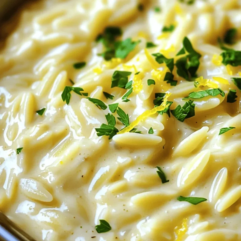 - 1 cup orzo pasta - 2 tablespoons olive oil - 4 cloves garlic, minced - 2 cups vegetable broth Orzo pasta is small and rice-shaped. It cooks quickly and soaks up flavors well. Olive oil adds richness and is key for sautéing. Garlic gives a strong taste that makes this dish stand out. Vegetable broth keeps it light and adds depth. - 1 cup heavy cream - 1 cup freshly grated Parmesan cheese - 1 teaspoon Italian seasoning - 1 teaspoon lemon zest Heavy cream brings smoothness and body to the dish. Parmesan cheese melts into a creamy sauce, giving a savory kick. Italian seasoning adds a touch of herb flavor. Lemon zest brightens the dish with a fresh note. - Salt and pepper - Fresh parsley Salt and pepper enhance all the flavors. Fresh parsley adds color and a burst of freshness. This simple garnish makes the dish look appealing and adds a nice taste contrast. - In a large saucepan, heat 2 tablespoons of olive oil over medium heat. - Add 4 cloves of minced garlic and sauté for 1-2 minutes until it smells good. - Stir in 1 cup of orzo pasta and toast it in the pan for 2-3 minutes, stirring often. - Pour in 2 cups of vegetable broth and bring it to a gentle boil. - Turn the heat to low, cover the pan, and let it simmer for 10-12 minutes. - The orzo should be soft and most of the liquid gone. - Take the pan off the heat and stir in 1 cup of heavy cream. - Mix well until the cream blends into the orzo. - Slowly add 1 cup of freshly grated Parmesan cheese, stirring until it melts. - Sprinkle in 1 teaspoon of Italian seasoning and 1 teaspoon of lemon zest. - Season with salt and pepper to your taste. - If the orzo is too thick, add a splash of vegetable broth or cream. - Serve warm, topped with fresh chopped parsley for a nice touch. To prevent orzo from sticking, add a splash of olive oil to the pot. Stir the orzo often while it cooks. This helps keep it loose and fluffy. If you want to adjust the creaminess, you can add more or less heavy cream. Taste as you go. For a lighter dish, use less cream. You can also add a touch of broth for extra flavor without all the heaviness. If you don’t have heavy cream, you can use whole milk or half-and-half. These alternatives will give you a nice creaminess too. For cheese, if you lack Parmesan, try using Pecorino Romano or even a blend of mozzarella and cheddar. These options offer great flavor and texture. To make your dish look beautiful, garnish it with fresh parsley. It adds a pop of color and freshness. You can also sprinkle a bit more cheese on top for an extra touch. Serve the orzo in a shallow bowl to showcase its creamy texture. This invites everyone to dig in! {{image_2}} You can make Creamy Garlic Parmesan Orzo even more tasty. Adding vegetables can boost flavor and nutrition. Spinach adds a nice touch. Cook it with the orzo for a fresh taste. Mushrooms can also enhance the dish. Sauté them with garlic before adding orzo. Different herbs like basil or thyme can change the flavor too. They add freshness and depth to each bite. If you need gluten-free options, look for rice or corn-based orzo. These work well and taste great. For those who prefer vegan meals, you can swap the heavy cream for coconut cream. Nutritional yeast can replace Parmesan cheese. It gives a cheesy flavor without any dairy. Creamy Garlic Parmesan Orzo pairs well with many proteins. Add grilled chicken for a hearty meal. Shrimp also complements the creamy sauce beautifully. This dish can shine on its own as a main course. You can serve it as a side with steak or fish too. No matter how you serve it, this dish will impress your guests. To keep your Creamy Garlic Parmesan Orzo fresh, store it in the fridge. Place it in an airtight container. This helps to keep it safe from other strong smells in the fridge. You can also use glass containers. They don’t stain and make it easy to see the food inside. Make sure the orzo cools down before sealing it up. When it's time to eat your leftovers, you have a few options. You can reheat orzo on the stove, in the microwave, or even in the oven. If using the stove, add a splash of broth or cream to keep it creamy. Stir often to prevent sticking. For the microwave, heat it in short bursts, stirring in between. This helps to warm it evenly. If you use the oven, cover it with foil to keep moisture in. Yes, you can freeze Creamy Garlic Parmesan Orzo! To do this, let the orzo cool completely. Then, store it in a freezer-safe container. Try to remove as much air as possible. This helps prevent freezer burn. When you’re ready to eat, thaw it in the fridge overnight before reheating. You may need to add a bit of cream or broth to bring back its creamy texture. What does orzo taste like? Orzo has a mild, slightly nutty flavor. It absorbs the taste of sauces and spices well. This makes it a great base for creamy dishes, like Creamy Garlic Parmesan Orzo. How long do leftovers last? You can store leftovers in the fridge for about 3 to 5 days. Make sure to keep them in an airtight container. This helps keep the orzo fresh and tasty. Can I make this recipe ahead of time? Yes, you can prepare the orzo ahead. Cook it and let it cool, then store it in the fridge. When ready to serve, just reheat and add any extra cream or cheese. What can I serve with Creamy Garlic Parmesan Orzo? Creamy Garlic Parmesan Orzo goes well with many dishes. You can serve it with grilled chicken or roasted vegetables. It also pairs nicely with seafood, like shrimp or scallops. How do I know when the orzo is cooked? You can tell the orzo is done when it is soft but still has a slight bite. This is called "al dente." You should also check that most of the liquid has been absorbed. Can I make this in a rice cooker or Instant Pot? Yes, you can use a rice cooker or Instant Pot. For the rice cooker, add orzo, broth, and seasonings, then cook until done. In an Instant Pot, use the sauté function first, then pressure cook for about 5 minutes. This guide covered how to make a delicious Creamy Garlic Parmesan Orzo. We explored key ingredients, step-by-step cooking instructions, and handy tips. You learned about flavor variations, dietary adjustments, and storage tips to keep your orzo fresh. Cooking can be fun and creative. Don't hesitate to experiment with flavors and serve it your way! Enjoy your orzo dish, whether as a main or a side. Your kitchen adventure awaits!