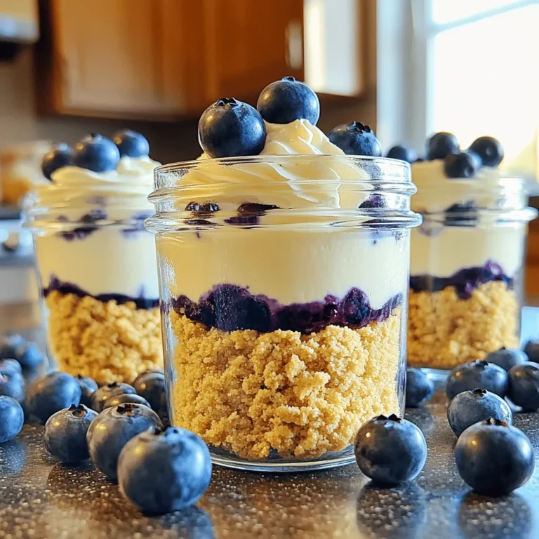 - 8 oz cream cheese, softened - 1/2 cup powdered sugar - 1 teaspoon vanilla extract - 1 cup heavy whipping cream - 1 cup fresh blueberries (plus a few for garnish) - 1/2 cup graham cracker crumbs - 2 tablespoons melted butter - 1 tablespoon lemon juice - Pinch of salt - Mixing bowls - Electric mixer - Serving jars When I create No-Bake Blueberry Cheesecake Jars, I always gather my ingredients first. This way, I stay organized and focused. The main ingredients are key for that creamy texture and sweet flavor. The cream cheese gives the cheesecake its rich base. I like to use softened cream cheese because it blends easily and smoothly. The powdered sugar adds a sweet touch, and the vanilla extract enhances the flavor. Heavy whipping cream is crucial for lightness. When whipped, it creates airy peaks. Now, let’s talk about the blueberries. They not only add flavor but also a beautiful pop of color. I always choose fresh blueberries for the best taste. If you want to add some zing, lemon juice works wonders. Just a tablespoon brightens everything up! For the crust, I combine graham cracker crumbs with melted butter and a pinch of salt. This mixture brings a nice crunch to each bite. Finally, you’ll need your electric mixer and some mixing bowls to make everything easy. The serving jars are fun! They let you show off your layers and make for easy serving. Now, you’re all set to start making this delicious treat! To start, grab a large mixing bowl. Beat the softened cream cheese until it is smooth. Use an electric mixer for best results. This step is key for a creamy texture. Next, add the powdered sugar and the vanilla extract. Mix well until everything combines and is creamy. This mixture forms the base of your cheesecake. In a separate bowl, pour in the heavy cream. Use a mixer to whip it until stiff peaks form. Stiff peaks mean the cream will hold its shape well. This lightens the cheesecake mixture. Now, gently fold the whipped cream into the cream cheese mixture. Use a spatula to combine them. Be careful not to deflate the whipped cream. This folding technique helps keep your cheesecake light and fluffy. Now comes the fun part: assembling the jars! In another bowl, mix the graham cracker crumbs with melted butter, lemon juice, and a pinch of salt. This mix will be your crust. Layer 1-2 tablespoons of the graham cracker mix at the bottom of each jar. Then, add a layer of the cheesecake filling on top. Follow this with a tablespoon of fresh blueberries. Repeat these layers until the jars are full. Finish with a layer of cheesecake filling. Top each jar with a few fresh blueberries for a beautiful finish. Cover the jars and refrigerate for at least four hours. For best results, chill them overnight. Enjoy your no-bake blueberry cheesecake jars! To get a smooth cheesecake, start with soft cream cheese. Let it sit out for about 30 minutes. This makes it easier to beat. Use an electric mixer for best results. Mix until there are no lumps. When whipping the cream, chill your bowl and beaters. Cold tools help the cream whip faster. Beat until stiff peaks form. This means the cream holds its shape well. Then, gently fold the whipped cream into the cream cheese mix. This keeps it light and fluffy. Want to add more flavor? Try mixing in some lemon zest or a splash of almond extract. You can also swap in different fruits like raspberries or strawberries. Adjust the sweetness by adding more or less powdered sugar. Taste the mixture as you go. This way, you can find the perfect balance for your palate. Garnish your jars with fresh blueberries on top. They look pretty and add a burst of flavor. You might also sprinkle some crushed graham crackers for extra crunch. For alternative toppings, consider using whipped cream or a drizzle of honey. You can even add a sprig of mint for a fresh touch. The goal is to make your jars look as great as they taste! {{image_2}} You can switch up the fruit in this dessert. Other berries like strawberries, raspberries, or blackberries work great. Each berry adds its own flavor and color. You can also use seasonal fruits, like peaches in summer or apples in fall. This keeps the dessert fresh and fun. While graham crackers are classic, you can try other cookies. Chocolate cookies give a rich flavor. Vanilla wafers add a light touch. If you need gluten-free options, use gluten-free graham crackers or crushed nuts. Both options create a tasty base. If you want a vegan version, use plant-based cream cheese. Coconut cream is great for whipping. For a low-sugar option, replace the powdered sugar with a sugar substitute. This way, you can still enjoy the sweet taste without the extra sugar. To keep your No-Bake Blueberry Cheesecake Jars fresh, store them in the fridge. Use lids or plastic wrap to cover each jar. This helps keep the flavors intact and prevents drying out. These jars last up to five days in the fridge. You can freeze No-Bake Blueberry Cheesecake Jars, but there are some tips. First, let them chill in the fridge for a few hours. Then, cover them tightly with lids or plastic wrap. They can last up to three months in the freezer. When you're ready to enjoy them, thaw the jars in the fridge overnight. Avoid thawing them at room temperature. This keeps the texture smooth and creamy. Enjoy your sweet treat later! Yes, you can use frozen blueberries for this recipe. Just remember to thaw them first. Drain any extra juice before adding them to the jars. This keeps the layers from getting too soggy. Frozen blueberries still taste great and save time! Chill the jars for at least 4 hours. If you have time, chill them overnight. This helps the layers set well. The longer they sit, the better the flavors blend together. You want a nice, firm cheesecake texture. Absolutely! You can prepare these jars a day or two in advance. Just store them in the fridge until you're ready to serve. This way, you can impress guests without last-minute stress. Plus, the flavors will have more time to develop! This blog post shared how to make delicious no-bake blueberry cheesecake jars. We covered the key ingredients like cream cheese, whipped cream, and blueberries. You learned step-by-step instructions for mixing and layering the jars. Tips showed you how to enhance flavors and adjust textures. Variations allow you to customize with fruits or dietary changes. Remember to follow storage guidelines for optimal freshness. Enjoy making these treats! They are perfect for any occasion and simple to prepare at home.