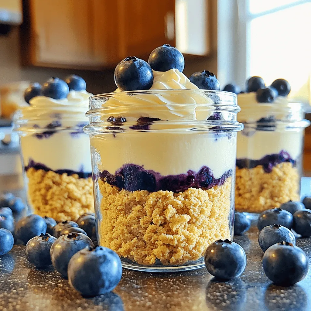 - 8 oz cream cheese, softened - 1/2 cup powdered sugar - 1 teaspoon vanilla extract - 1 cup heavy whipping cream - 1 cup fresh blueberries (plus a few for garnish) - 1/2 cup graham cracker crumbs - 2 tablespoons melted butter - 1 tablespoon lemon juice - Pinch of salt - Mixing bowls - Electric mixer - Serving jars When I create No-Bake Blueberry Cheesecake Jars, I always gather my ingredients first. This way, I stay organized and focused. The main ingredients are key for that creamy texture and sweet flavor. The cream cheese gives the cheesecake its rich base. I like to use softened cream cheese because it blends easily and smoothly. The powdered sugar adds a sweet touch, and the vanilla extract enhances the flavor. Heavy whipping cream is crucial for lightness. When whipped, it creates airy peaks. Now, let’s talk about the blueberries. They not only add flavor but also a beautiful pop of color. I always choose fresh blueberries for the best taste. If you want to add some zing, lemon juice works wonders. Just a tablespoon brightens everything up! For the crust, I combine graham cracker crumbs with melted butter and a pinch of salt. This mixture brings a nice crunch to each bite. Finally, you’ll need your electric mixer and some mixing bowls to make everything easy. The serving jars are fun! They let you show off your layers and make for easy serving. Now, you’re all set to start making this delicious treat! To start, grab a large mixing bowl. Beat the softened cream cheese until it is smooth. Use an electric mixer for best results. This step is key for a creamy texture. Next, add the powdered sugar and the vanilla extract. Mix well until everything combines and is creamy. This mixture forms the base of your cheesecake. In a separate bowl, pour in the heavy cream. Use a mixer to whip it until stiff peaks form. Stiff peaks mean the cream will hold its shape well. This lightens the cheesecake mixture. Now, gently fold the whipped cream into the cream cheese mixture. Use a spatula to combine them. Be careful not to deflate the whipped cream. This folding technique helps keep your cheesecake light and fluffy. Now comes the fun part: assembling the jars! In another bowl, mix the graham cracker crumbs with melted butter, lemon juice, and a pinch of salt. This mix will be your crust. Layer 1-2 tablespoons of the graham cracker mix at the bottom of each jar. Then, add a layer of the cheesecake filling on top. Follow this with a tablespoon of fresh blueberries. Repeat these layers until the jars are full. Finish with a layer of cheesecake filling. Top each jar with a few fresh blueberries for a beautiful finish. Cover the jars and refrigerate for at least four hours. For best results, chill them overnight. Enjoy your no-bake blueberry cheesecake jars! To get a smooth cheesecake, start with soft cream cheese. Let it sit out for about 30 minutes. This makes it easier to beat. Use an electric mixer for best results. Mix until there are no lumps. When whipping the cream, chill your bowl and beaters. Cold tools help the cream whip faster. Beat until stiff peaks form. This means the cream holds its shape well. Then, gently fold the whipped cream into the cream cheese mix. This keeps it light and fluffy. Want to add more flavor? Try mixing in some lemon zest or a splash of almond extract. You can also swap in different fruits like raspberries or strawberries. Adjust the sweetness by adding more or less powdered sugar. Taste the mixture as you go. This way, you can find the perfect balance for your palate. Garnish your jars with fresh blueberries on top. They look pretty and add a burst of flavor. You might also sprinkle some crushed graham crackers for extra crunch. For alternative toppings, consider using whipped cream or a drizzle of honey. You can even add a sprig of mint for a fresh touch. The goal is to make your jars look as great as they taste! {{image_2}} You can switch up the fruit in this dessert. Other berries like strawberries, raspberries, or blackberries work great. Each berry adds its own flavor and color. You can also use seasonal fruits, like peaches in summer or apples in fall. This keeps the dessert fresh and fun. While graham crackers are classic, you can try other cookies. Chocolate cookies give a rich flavor. Vanilla wafers add a light touch. If you need gluten-free options, use gluten-free graham crackers or crushed nuts. Both options create a tasty base. If you want a vegan version, use plant-based cream cheese. Coconut cream is great for whipping. For a low-sugar option, replace the powdered sugar with a sugar substitute. This way, you can still enjoy the sweet taste without the extra sugar. To keep your No-Bake Blueberry Cheesecake Jars fresh, store them in the fridge. Use lids or plastic wrap to cover each jar. This helps keep the flavors intact and prevents drying out. These jars last up to five days in the fridge. You can freeze No-Bake Blueberry Cheesecake Jars, but there are some tips. First, let them chill in the fridge for a few hours. Then, cover them tightly with lids or plastic wrap. They can last up to three months in the freezer. When you're ready to enjoy them, thaw the jars in the fridge overnight. Avoid thawing them at room temperature. This keeps the texture smooth and creamy. Enjoy your sweet treat later! Yes, you can use frozen blueberries for this recipe. Just remember to thaw them first. Drain any extra juice before adding them to the jars. This keeps the layers from getting too soggy. Frozen blueberries still taste great and save time! Chill the jars for at least 4 hours. If you have time, chill them overnight. This helps the layers set well. The longer they sit, the better the flavors blend together. You want a nice, firm cheesecake texture. Absolutely! You can prepare these jars a day or two in advance. Just store them in the fridge until you're ready to serve. This way, you can impress guests without last-minute stress. Plus, the flavors will have more time to develop! This blog post shared how to make delicious no-bake blueberry cheesecake jars. We covered the key ingredients like cream cheese, whipped cream, and blueberries. You learned step-by-step instructions for mixing and layering the jars. Tips showed you how to enhance flavors and adjust textures. Variations allow you to customize with fruits or dietary changes. Remember to follow storage guidelines for optimal freshness. Enjoy making these treats! They are perfect for any occasion and simple to prepare at home.