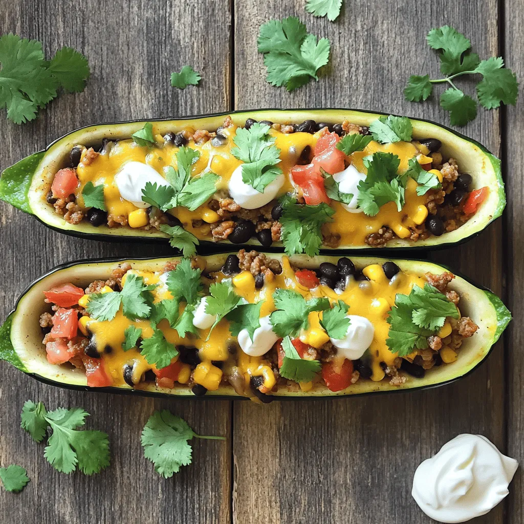 To make delicious taco stuffed zucchini boats, you will need the following ingredients: - 4 medium zucchinis - 1 pound ground turkey or chicken - 1 small onion, finely chopped - 2 cloves garlic, minced - 1 cup black beans, drained and rinsed - 1 cup corn (fresh, frozen, or canned) - 1 cup diced tomatoes (canned or fresh) - 1 tablespoon taco seasoning - 1 teaspoon cumin - Salt and pepper to taste - 1 cup shredded cheese (cheddar or Mexican blend) - Fresh cilantro, chopped (for garnish) - Sour cream or Greek yogurt (for serving, optional) These ingredients create a flavorful and healthy meal. The zucchini acts as a perfect vessel for the filling. Ground turkey or chicken provides lean protein. Black beans and corn add texture and nutrients. Diced tomatoes bring moisture and flavor. Taco seasoning and cumin enhance the taste, making each bite enjoyable. Feel free to adjust the ingredients to suit your taste. Add more cheese for a richer flavor or toss in some diced peppers for extra crunch. This recipe is versatile and fun to customize! 1. Preheat your oven to 375°F (190°C). 2. Cut the zucchinis in half lengthwise. Scoop out the center with a spoon. This creates a boat shape. Save the scooped-out flesh for later. 3. In a large skillet over medium heat, sauté the chopped onion and minced garlic. Cook until the onion turns translucent, about 3-4 minutes. 4. Add the ground turkey or chicken to the skillet. Cook until browned, breaking it apart with a spatula. Drain any excess fat if needed. 5. Mix in the reserved zucchini flesh, black beans, corn, diced tomatoes, taco seasoning, cumin, salt, and pepper. Stir well and cook for about 5-7 minutes until heated through. 1. Place the zucchini boats in a baking dish, cut side up. 2. Fill each zucchini boat with the taco filling. Pack it in generously. 3. Sprinkle the shredded cheese evenly over the top of each stuffed zucchini boat. 1. Cover the baking dish with foil. Bake in the preheated oven for 15 minutes. 2. Remove the foil and bake for another 10 minutes. The cheese should be melted and bubbly. 3. Take the dish out of the oven and let it cool for a few minutes. 4. Garnish with fresh cilantro before serving. You can add a dollop of sour cream or Greek yogurt if you like. To keep your zucchini boats from being watery, start by salting them. After you scoop out the filling, sprinkle salt inside and let them sit for about 10 minutes. This draws out extra moisture. Pat them dry before filling. For perfect cheese melting, use shredded cheese. Grate it fresh for the best results. Cover the dish with foil during the first part of baking. This helps the cheese melt evenly without burning. For a vegetarian option, swap the meat for beans and quinoa. Use 1 cup of cooked quinoa and 1 cup of black beans. This adds protein and fiber while keeping the dish hearty. If you like spice, add diced jalapeños to the meat mixture. You can also sprinkle some on top of the cheese before baking. This gives your dish a nice kick. Pair your taco stuffed zucchini boats with a fresh salad. A side of corn or rice also works well. You can serve them with tortilla chips for extra crunch. Get creative with toppings! Try avocado slices, chopped tomatoes, or a squeeze of lime. You can also drizzle some hot sauce over the top for added flavor. {{image_2}} To keep your taco stuffed zucchini boats fresh, follow these tips: - Refrigeration: Place your leftover zucchini boats in an airtight container. They can stay good for up to 3 days in the fridge. - Freezing: If you want to freeze them, wrap each boat in plastic wrap, then place in a freezer-safe bag. They will be great for up to 3 months. When reheating your zucchini boats, you want them to taste fresh: - Recommended methods: The best way is to use an oven. Preheat it to 350°F (175°C). Place the zucchini boats on a baking sheet and heat for about 15-20 minutes. - Avoiding sogginess: To prevent sogginess, do not cover them tightly with foil. This allows steam to escape and keeps the texture nice. - Calories per serving: About 350 calories. - Key nutrients provided by the recipe: - Protein: Ground turkey or chicken offers lean protein. - Fiber: Zucchini and black beans provide healthy fiber. - Vitamins: Corn and tomatoes add vitamins A and C. - Calcium: Cheese gives you a good source of calcium. Using zucchini as a base is smart. It is low in calories and high in water. This helps you feel full without extra calories. Zucchini also adds fiber, which is good for digestion. Lean protein from turkey or chicken is another plus. It helps build muscles and keeps you satisfied. This protein choice is lower in fat than beef. It helps you enjoy a hearty meal without extra calories. Can I use other ground meats? Yes, you can. Ground beef or pork works well too. Just remember that different meats may change the flavor and fat content. How long can I store the filled zucchini boats? You can store them in the fridge for up to three days. Make sure to keep them in an airtight container to keep them fresh. Can I make this recipe ahead of time? Absolutely! You can prepare the filling a day in advance. Just stuff the zucchini boats right before baking. What can I substitute for taco seasoning? You can mix your own spices. Use chili powder, garlic powder, cumin, and paprika for a tasty blend. How to adjust spice levels To make it milder, skip the taco seasoning. For heat, add chopped jalapeños or hot sauce to the filling. Recommendations for gluten-free options This recipe is naturally gluten-free. Just make sure to check your taco seasoning and any canned ingredients for gluten-free labels. This blog post guides you through making delicious stuffed zucchini boats. We covered the key ingredients, clear step-by-step instructions, and handy tips for perfect results. You learned how to store leftovers and the dish's nutritional benefits. Remember, experimenting with flavors makes cooking fun. Feel free to try different fillings or toppings. Enjoy your cooking journey!