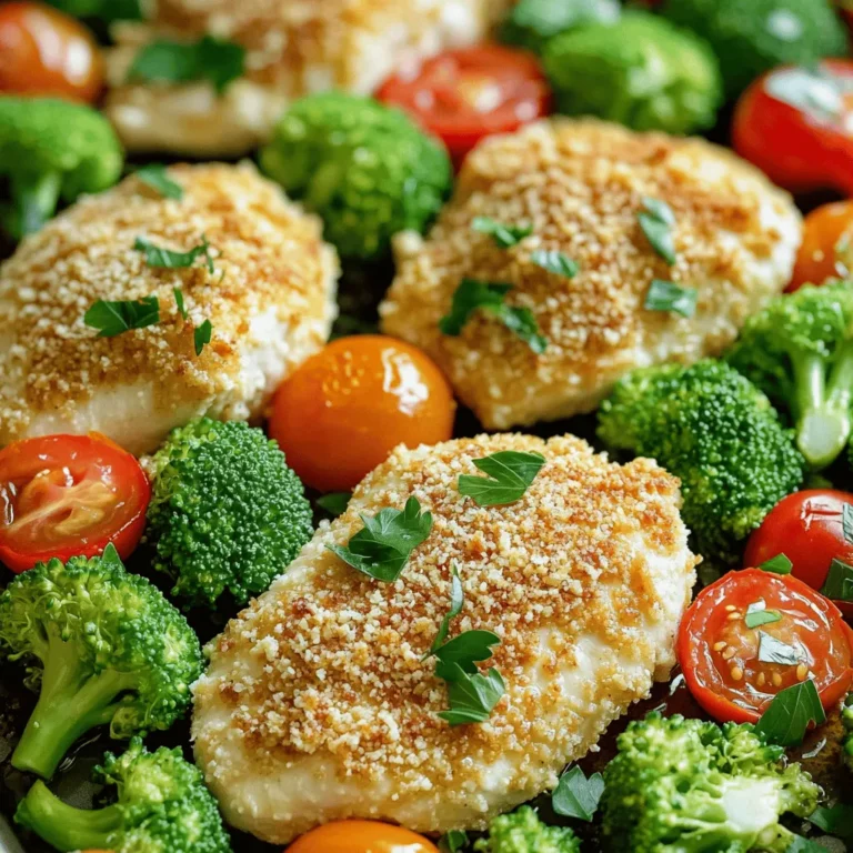 For this tasty dish, you need: - 4 boneless, skinless chicken breasts - 1 cup grated Parmesan cheese - 1 cup breadcrumbs (preferably whole wheat) These main ingredients give the dish its protein and flavor. The chicken cooks up juicy and the cheese adds a nice, salty bite. You can’t forget the veggies! You will need: - 2 cups broccoli florets - 1 red bell pepper, sliced - 1 cup cherry tomatoes, halved These vegetables bring color and nutrients. Broccoli adds crunch, bell pepper gives sweetness, and cherry tomatoes add a burst of flavor. The coating makes the chicken special. Use: - 1 teaspoon garlic powder - 1 teaspoon Italian seasoning - ½ teaspoon smoked paprika - Salt and pepper to taste Mix these seasonings with the Parmesan and breadcrumbs. This mix creates a flavorful crust. It makes the chicken golden and crispy. Start by preheating your oven to 425°F (220°C). This high heat helps the chicken and veggies cook evenly. Next, line a large baking sheet with parchment paper. This makes cleanup a breeze and prevents sticking. In a shallow bowl, mix together 1 cup of grated Parmesan cheese, 1 cup of breadcrumbs, 1 teaspoon of garlic powder, 1 teaspoon of Italian seasoning, and ½ teaspoon of smoked paprika. Add salt and pepper to taste. Pat the chicken breasts dry using paper towels. Dip each chicken breast into the mixture, covering both sides well. Press gently to help the coating stick. Place the coated chicken breasts on one side of the lined baking sheet. For the veggies, take 2 cups of broccoli florets, 1 sliced red bell pepper, and 1 cup of halved cherry tomatoes. In a bowl, drizzle them with 3 tablespoons of olive oil and season with salt and pepper. Toss the veggies to coat them evenly. Spread the seasoned veggies on the other side of the baking sheet, around the chicken. Bake everything in the preheated oven for about 25-30 minutes. Use a meat thermometer to check the chicken’s internal temperature. It should reach 165°F (75°C) to be fully cooked. The veggies should be tender and slightly charred. Once done, take the baking sheet out of the oven. Let the dish rest for a few minutes before serving. To get that perfect crispy coating, follow these steps. First, dry the chicken well. This keeps moisture from making the crust soggy. Next, use a mix of Parmesan cheese and breadcrumbs. Make sure to press the mixture onto the chicken. This helps it stick better as it cooks. Bake at the right temperature to achieve a golden brown color. If you like, add a bit more cheese to the mix for extra crunch. The best cooking temperature for this dish is 425°F (220°C). This high heat helps the chicken cook quickly and evenly. It also makes the veggies tender and nicely charred. Use a meat thermometer to check the chicken. It should reach 165°F (75°C) when fully cooked. This ensures it is safe to eat and juicy. Fresh herbs can really boost the taste of your dish. Try adding chopped parsley as a garnish. It adds a bright flavor and looks great too. You can also use basil or thyme. Just mix these chopped herbs into the veggie bowl. This will give your meal an extra layer of flavor that everyone will enjoy. {{image_2}} You can switch the chicken for other proteins. Try turkey breast for a leaner option. Pork chops also work well. If you want something different, use tofu for a plant-based meal. Tempeh is another great choice that holds flavor well. Each protein brings its own taste and texture. Just ensure to adjust cooking times depending on what you choose. Feel free to change the veggies in this dish. Carrots add a sweet crunch, and green beans give a nice snap. Zucchini slices roast nicely and soak up all the flavors. You can also use asparagus or bell peppers of any color. Mixing different veggies adds color and nutrients. Just remember to cut them into similar sizes for even cooking. While Parmesan is classic, other cheeses can shine here too. Mozzarella melts beautifully and adds a gooey texture. Cheddar brings a sharp flavor that pairs well with the chicken. For a twist, try feta for a tangy kick. Just grate or crumble the cheese and use it in the same way as Parmesan. Each cheese will change the dish's taste and feel. To keep your Sheet-Pan Parmesan Crusted Chicken and Veggies fresh, let them cool first. Place the chicken and veggies in an airtight container. You can store them in the fridge for up to three days. Make sure to label the container with the date. This will help you remember when you made it. When you want to enjoy leftovers, preheat your oven to 350°F (175°C). Place the chicken and veggies on a baking sheet. Cover them with foil to keep them from drying out. Heat for about 15-20 minutes, or until warmed through. You can also use a microwave, but the oven keeps them crispier. If you want to save your dish for later, freezing is a great option. Cut the chicken and veggies into portions. Wrap each portion tightly in plastic wrap, then place in a freezer-safe bag. Label the bags with the date and freeze for up to three months. To reheat, thaw overnight in the fridge and follow the reheating instructions. Yes, you can use bone-in chicken. Just be aware that the cooking time will change. Bone-in pieces take longer to cook. You will need about 10 to 15 extra minutes. Make sure to check the chicken's internal temperature. It should reach 165°F (75°C) for safety. If you need a cheese swap, try using Pecorino Romano. It adds a similar salty flavor. Nutritional yeast is a great option for a dairy-free choice. It gives a cheesy taste without the dairy. To make this dish gluten-free, use gluten-free breadcrumbs. You can find these in most grocery stores. Always double-check the labels to ensure they are gluten-free. This way, you can enjoy the same great taste without the gluten. Absolutely! An air fryer can cook this dish quickly. Preheat your air fryer to 375°F (190°C). Arrange the chicken and veggies in the basket in a single layer. Cook for about 18-20 minutes. Check the chicken’s temperature to ensure it's safe to eat. This blog post covered everything you need for a delicious sheet-pan Parmesan crusted chicken. We explored key ingredients like the main chicken, tasty veggies, and seasonings. I shared step-by-step instructions to help you bake it right. You also learned tips for crispiness and flavorful variations to try. Remember to store leftovers properly for future meals. Enjoy this easy dish that pleases every palate! You have all the tools to make it your own. Happy cooking!