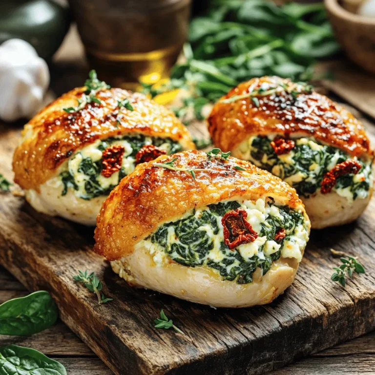 To make sun-dried tomato spinach stuffed chicken, you need: - 4 boneless, skinless chicken breasts - 1 cup fresh spinach, chopped - 1/2 cup sun-dried tomatoes, chopped - 1 cup ricotta cheese - 1/2 cup mozzarella cheese, shredded - 2 cloves garlic, minced - 1 teaspoon Italian seasoning - 1 tablespoon olive oil - Salt and pepper to taste - Toothpicks or kitchen twine for securing These main ingredients give the dish its rich flavor and creamy texture. The chicken breasts hold all the tasty filling. You can add or change some ingredients to fit your taste. Consider these options: - Fresh basil or parsley for extra herbs - Feta cheese for a tangy twist - Red pepper flakes for heat - Cream cheese for a richer filling These optional ingredients allow you to create a dish that feels personal. Mix and match to find your favorite flavors! If you need to make swaps, here are some ideas: - Use turkey or tofu instead of chicken for different protein options. - Substitute dairy-free cheese for a vegan choice. - Try gluten-free options for Italian seasoning if needed. These substitutions ensure everyone can enjoy this dish, no matter their diet. Adjusting ingredients makes cooking fun and flexible! Start by preheating your oven to 375°F (190°C). This helps cook the chicken perfectly. Next, take the chicken breasts and place them on a cutting board. Use a sharp knife to butterfly each breast. Slice them horizontally, but don’t cut all the way through. You want to create a pocket for the stuffing. This step is key to holding all the tasty filling. In a mixing bowl, add the chopped spinach, sun-dried tomatoes, ricotta cheese, shredded mozzarella, and minced garlic. Sprinkle in the Italian seasoning, salt, and pepper. Mix everything until it blends well. This stuffing is the star of the dish. Make sure each bite is full of flavor. Fill each chicken pocket with the stuffing. Be generous! Once filled, use toothpicks or kitchen twine to secure them. This keeps the stuffing inside while cooking. Heat olive oil in an oven-safe skillet over medium-high heat. Add the stuffed chicken and sear for 3-4 minutes on each side until golden brown. After that, transfer the skillet to the oven. Roast the chicken for 20-25 minutes, or until the internal temperature hits 165°F (75°C). When done, remove the toothpicks or twine. Let the chicken rest for a few minutes before slicing. Enjoy your delicious meal! To cook chicken just right, start with good quality meat. Look for boneless, skinless chicken breasts. They cook evenly and stay juicy. Butterfly the chicken to create a pocket for stuffing. This helps the chicken cook faster and more evenly. Sear the chicken for a nice, golden crust. Use a meat thermometer to check for doneness. Aim for an internal temperature of 165°F (75°C). Let the chicken rest for a few minutes after cooking. Resting keeps the juices inside, making each bite tender. Using the right tools makes cooking easier. Here are a few must-haves: - Sharp knife for butterflying the chicken - Mixing bowl for the stuffing - Oven-safe skillet for searing - Meat thermometer for checking doneness - Toothpicks or kitchen twine to secure the chicken These tools help you cook with confidence and get great results. Sun-dried tomato spinach stuffed chicken pairs well with many sides. Try serving it with a fresh salad for a light meal. Roasted veggies add color and nutrition. For a heartier option, serve with garlic mashed potatoes or rice. Drizzle with balsamic glaze for extra flavor. You can also top with more sun-dried tomatoes or fresh herbs for a nice touch. Each bite will be full of flavor and delight! {{image_2}} You can change the cheese in this recipe. Cream cheese adds a rich texture. Feta cheese gives a tangy taste. Goat cheese brings a unique flavor and creaminess. Choose what you like best! You can add more to the stuffing mix. Chopped artichoke hearts bring a nice taste. Olives add a salty kick. Fresh herbs like basil or parsley brighten the dish. Even a bit of lemon zest can make it fresh. If you want to cook the chicken in a different way, try grilling it. Grilling gives a smoky flavor. You can also use a slow cooker for a tender finish. Just make sure the chicken reaches the safe temperature of 165°F (75°C). After enjoying your sun-dried tomato spinach stuffed chicken, let it cool. Place any leftovers in an airtight container. This helps keep flavors fresh. Store the container in the fridge. Your chicken will stay good for up to 3 days. If you want to enjoy it later, freezing is a great option. To reheat, take the chicken out of the fridge. Preheat your oven to 350°F (175°C). Place the stuffed chicken in an oven-safe dish. Cover it with foil to keep it moist. Heat for about 15-20 minutes or until warm. You can also use a microwave. Heat on medium for 2-3 minutes. Check to ensure it is heated through. If you want to freeze your stuffed chicken, wrap it tightly in plastic wrap. After that, place it in a freezer bag or container. This helps prevent freezer burn. Your chicken can stay frozen for up to 3 months. When you're ready to eat, thaw it in the fridge overnight before reheating. Yes, you can use frozen spinach. Just thaw and drain it well. Squeeze out the extra water so your filling stays thick. I prefer fresh spinach, but frozen works too. This dish pairs well with many sides. Try serving it with pasta, rice, or a simple salad. Garlic bread adds a nice touch. You could also serve roasted veggies for extra color and nutrition. The best way to check chicken is by using a meat thermometer. Insert it into the thickest part of the breast. You want it to reach 165°F (75°C). If you don't have a thermometer, cut into the chicken. The juices should run clear, and the meat should not be pink. In this article, we covered the key ingredients for stuffed chicken, including options for customization. I shared step-by-step instructions to help you prepare, cook, and bake with ease. You learned tips for perfect chicken, tools to use, and delicious serving suggestions. We also explored variations, storage tips, and FAQs to enhance your dish. Cooking should be fun and simple. With the right ingredients and techniques, you can impress anyone with your skills. Enjoy your stuffed chicken creation!
