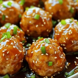 - 1 pound ground chicken - 1/4 cup breadcrumbs - 1/4 cup green onions, finely chopped - 1/4 cup grated carrot - 2 cloves garlic, minced - 1 tablespoon fresh ginger, grated The main ingredients form the base of your meatballs. Ground chicken gives the meatballs a tender texture. Breadcrumbs help hold everything together. Green onions add a fresh taste. Grated carrot adds sweetness and color. Garlic and ginger give a warm, aromatic flavor. - 1 tablespoon soy sauce - 1 tablespoon sesame oil - 1 tablespoon honey - 1 teaspoon cornstarch The sauces and seasonings create a rich flavor. Soy sauce brings saltiness and umami. Sesame oil adds a nutty touch. Honey gives a touch of sweetness. Cornstarch helps thicken the glaze, making it sticky and delicious. - Sesame seeds - Extra green onions Garnishes add a finishing touch. Sesame seeds give a crunchy texture. Extra green onions add color and freshness. These make your dish look great and taste even better. Gather these ingredients before you start. This makes the cooking process smooth and fun. Enjoy making your Teriyaki Glazed Chicken Meatballs! - In a large mixing bowl, combine: - 1 pound ground chicken - 1/4 cup breadcrumbs - 1/4 cup finely chopped green onions - 1/4 cup grated carrot - 2 cloves minced garlic - 1 tablespoon grated fresh ginger - 1 tablespoon soy sauce - 1 tablespoon sesame oil - 1/2 teaspoon black pepper - 1/4 teaspoon salt Mix all the ingredients well. You want everything to blend nicely. Take a small scoop of the mixture. Roll it into a ball about 1-inch wide. Repeat this until you form all the meatballs. - Preheat your oven to 400°F (200°C). - Line a baking sheet with parchment paper. Place the meatballs on the baking sheet. Make sure they are spaced out. Bake them for 20-25 minutes. Check that they reach an internal temperature of 165°F (74°C). They should look golden brown when done. - In a small saucepan, combine: - 1 tablespoon honey - 1 tablespoon soy sauce - 1 teaspoon cornstarch Stir this mixture over medium heat. Keep stirring for about 5 minutes. You want it to thicken up nicely. Make sure to avoid lumps as you stir. Once thickened, toss your baked meatballs in the glaze. Coat them well for that yummy teriyaki flavor! You can swap out the ground chicken for other meats. Ground turkey or pork work well too. If you prefer a vegetarian option, try using ground tofu or tempeh. Each choice brings a different flavor, so pick what you like best. For breadcrumbs, you can use panko for extra crunch. If you need gluten-free, use gluten-free breadcrumbs. You can even crush crackers or oats as a substitute. Shaping meatballs can be fun. Wet your hands with water to prevent sticking. Roll them gently into 1-inch balls. This keeps them from breaking apart while cooking. To check the meatballs, use a meat thermometer. They should reach 165°F (74°C) to be safe. If you don’t have a thermometer, cut one in half. The inside should be no longer pink. These teriyaki glazed chicken meatballs shine with rice. Serve them over jasmine or brown rice for a complete meal. You can also add steamed veggies on the side for color and health. For a fun twist, try serving them in lettuce wraps. The crisp lettuce adds a nice crunch. Drizzle with extra teriyaki sauce for more flavor. {{image_2}} You can add fun flavors to your teriyaki glazed chicken meatballs. Try mixing in spices or herbs. For a spicy kick, add red pepper flakes. Fresh cilantro or basil can brighten the taste. You can also use different vegetables. Instead of carrots, try bell peppers or zucchini. These add color and crunch to your meatballs. You have options for cooking these meatballs. Baking them in the oven gives a nice, even cook. It keeps them juicy and tender. If you prefer, you can use a skillet. Just brown the meatballs on all sides in a bit of oil. For those busy days, a slow cooker works great too. Just place the meatballs in with the teriyaki glaze. Cook them on low for a few hours for a simple dinner. If you need a gluten-free option, it’s easy to adapt this recipe. Use gluten-free breadcrumbs instead of regular ones. They hold the meatballs together well. For the sauce, swap soy sauce for tamari. Tamari has a similar taste but is gluten-free. These changes let everyone enjoy the dish without worry. To keep your teriyaki glazed chicken meatballs fresh, store them in the fridge. Place them in an airtight container. They can last for about three to four days. If you want to keep them longer, consider freezing them. I suggest using glass or plastic containers with tight lids. This helps keep the meatballs moist and flavorful. You can also use freezer bags for easy storage, but remove as much air as possible to prevent freezer burn. To reheat the meatballs, use the oven or microwave. The oven keeps them crispy. Preheat it to 350°F (175°C) and bake for about 10-15 minutes. If using a microwave, heat in short bursts. This helps them stay juicy. To keep meatballs moist, cover them with a damp paper towel when microwaving. This adds steam and prevents drying out. For the oven, a covered pan works well too. You can freeze both uncooked and cooked meatballs. For uncooked, shape them and place on a baking sheet. Freeze until firm, then transfer to a bag. For cooked meatballs, let them cool first. To thaw, place them in the fridge overnight. For quicker thawing, use the microwave. Heat on low power until soft. Avoid leaving them out at room temperature, as this can cause bacteria to grow. Yes, you can make these meatballs ahead of time. Here are some tips: - Prep the Meatballs: Shape the meatballs but do not bake them. - Store in Fridge: Keep them in an airtight container for up to 24 hours. - Freeze for Later: You can freeze unbaked meatballs. Place them on a tray, freeze, then store in a bag. - Cook from Frozen: If frozen, bake straight from the freezer. Just add a few extra minutes to the cooking time. These meatballs pair well with several sides: - Steamed Rice: White or brown rice is great. - Veggies: Roasted or stir-fried vegetables add color and nutrients. - Salad: A fresh salad balances the flavors. - Noodles: Serve over rice noodles for a hearty meal. Yes, you can switch proteins easily. Here are some alternatives: - Ground Turkey: A lean choice with similar flavor. - Ground Pork: Adds richness and flavor. - Tofu: For a vegetarian option, use crumbled tofu. - Ground Beef: A classic choice that works well too. This blog post covered how to make Teriyaki Glazed Chicken Meatballs. You learned about key ingredients like ground chicken and sauces. I shared step-by-step instructions for preparation and cooking. We explored tips for success, variations, and storage methods. In conclusion, this recipe is versatile and simple. You can always mix things up to suit your taste. Enjoy crafting your perfect dish that delights everyone.