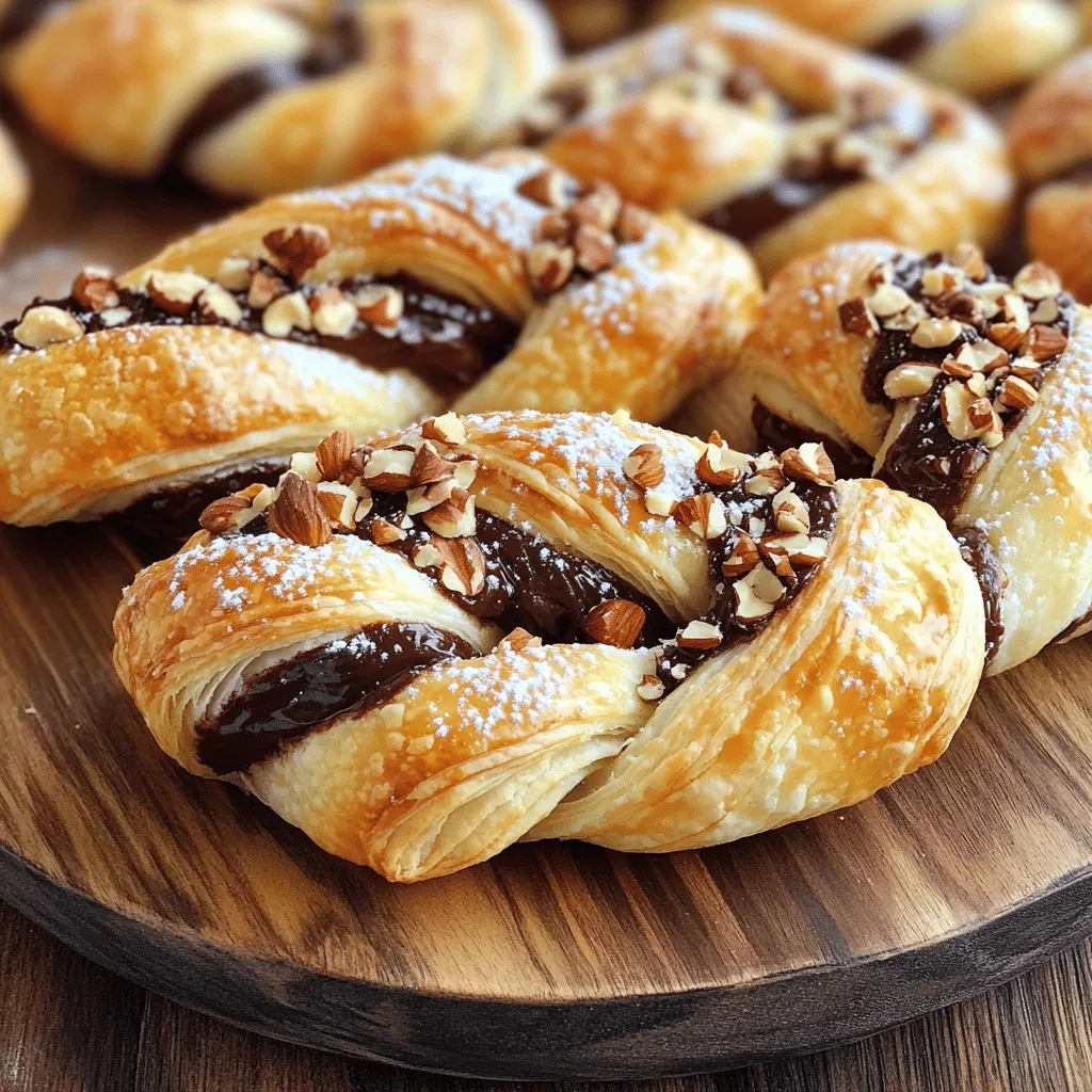 - 1 sheet of puff pastry - 1/2 cup chocolate hazelnut spread - 1 egg for egg wash - 1/4 cup chopped hazelnuts - 1 tablespoon granulated sugar - Pinch of sea salt The main ingredients are simple yet crucial for the perfect Chocolate Hazelnut Puff Pastry Twists. The puff pastry is light and flaky, creating a lovely texture. The chocolate hazelnut spread provides a rich, sweet filling that mixes well with the crunch of hazelnuts. The egg wash gives the twists a shiny, golden finish. For those who want to elevate their treats, optional toppings add an exciting touch. Chopped hazelnuts bring extra crunch and flavor. A sprinkle of granulated sugar boosts sweetness, while a pinch of sea salt balances the taste. These additions make each twist even more delightful. With these ingredients, you can create a treat that not only tastes great but also looks beautiful on your table. Enjoy the fun of making these twists and sharing them with friends and family! 1. Preheat the oven and prepare the baking sheet Start by setting your oven to 400°F (200°C). This hot temperature helps the twists puff up nicely. Line your baking sheet with parchment paper. This step keeps the twists from sticking and makes clean-up easy. 2. Thaw and roll out puff pastry Take your sheet of puff pastry out of the freezer. Let it thaw for about 30 minutes. Once thawed, place it on a lightly floured surface. Gently roll it out with a rolling pin. You want to smooth out any creases but not make it too thin. 1. Cutting the pastry Use a sharp knife to cut the rolled pastry into about 8 equal strips. Each strip should be wide enough to hold the filling. Aim for about 1.5 inches wide. 2. Spreading the chocolate hazelnut filling Take about 1 tablespoon of chocolate hazelnut spread. Spread it evenly down the center of each strip. This sweet filling is what makes these twists a treat. Make sure to leave a little space on the edges to seal later. 1. Folding and twisting the pastry strips Fold each pastry strip in half lengthwise. Press the edges together gently to seal the filling inside. Now, twist each folded strip a few times. This creates a fun spiral look. Place your twisted strips on the prepared baking sheet. 2. Applying egg wash and sugar In a small bowl, beat one egg. Use a brush to apply the egg wash over the tops of the twists. This gives them a golden brown finish. Next, sprinkle granulated sugar over each twist. This adds sweetness and a nice crunch. Now your twists are ready for the oven! Bake them for 15-20 minutes until they puff and turn golden brown. Enjoy the warm, sweet aroma filling your kitchen! To get the best puff pastry, you need to handle it with care. - Keep it cold: Puff pastry works best when it’s cold. If it gets warm, place it back in the fridge for a few minutes. - Flour your surface: Lightly flour your workspace to stop the pastry from sticking. - Roll gently: When rolling out, use a light hand. This keeps the layers intact for better puffing. For even baking, follow these tips: - Don’t overcrowd: Space your twists well on the baking sheet. This allows hot air to circulate. - Use parchment paper: Line your baking sheet with parchment. This helps prevent sticking and promotes even browning. - Rotate halfway: If your oven has hot spots, rotate the tray halfway through baking for uniform results. You can easily enhance the flavor of your chocolate hazelnut twists. - Add a splash of vanilla: Mix a little vanilla extract into your chocolate hazelnut spread for extra richness. - Use spices: A pinch of cinnamon or nutmeg can add warmth and depth. For garnishing, consider these ideas: - Dust with powdered sugar: This gives your twists a sweet, elegant finish. - Add a drizzle: Melt more chocolate and drizzle it on top before serving for a gourmet touch. These simple tips will take your Chocolate Hazelnut Puff Pastry Twists to a new level. Enjoy the process and let your creativity shine! {{image_2}} You can change the filling to match your taste. Try using almond butter or peanut butter instead of chocolate hazelnut spread. Both will give a rich flavor that pairs well with puff pastry. Adding fruits can also make your twists unique. Slices of banana or berries can brighten the taste. For a spicy twist, sprinkle in some cinnamon or nutmeg. This will give your treats a warm, cozy flavor. If you need gluten-free options, look for gluten-free puff pastry. Many stores offer this now, so you can still enjoy these treats. For a vegan choice, skip the egg wash. Instead, use almond milk or a mix of water and flour. This will help the twists brown nicely without using eggs. These options ensure everyone can enjoy your chocolate hazelnut puff pastry twists. To keep your Chocolate Hazelnut Puff Pastry Twists fresh, place them in an airtight container. Store them in the fridge for up to three days. Make sure the twists are completely cool before sealing the container. This helps prevent sogginess. If you want to save some for later, freezing is a great option. Wrap each twist in plastic wrap. Then, place them in a freezer-safe bag. They can last up to two months in the freezer. When you're ready to enjoy them, just thaw in the fridge overnight. To reheat your puff pastry twists, use an oven for the best results. Preheat your oven to 350°F (175°C). Place the twists on a baking sheet lined with parchment paper. Bake for about 10 minutes, or until they are warm and crisp again. If you're in a hurry, you can use a microwave. Place the twists on a microwave-safe plate. Heat them for about 15-20 seconds. However, this method may make them a bit soggy. The oven method keeps them nice and flaky. You can tell the twists are done when they are golden brown. The pastry should puff up nicely. You want a crisp texture on the outside. Bake them for 15 to 20 minutes. Keep an eye on them to avoid burning. Yes, you can prepare the twists ahead of time. Assemble them and place them on a baking sheet. Cover them with plastic wrap and store them in the fridge. You can bake them later when you are ready. This makes it easy for gatherings or snacks. You can find ready-made twists at local bakeries or specialty shops. Check the frozen food aisle in grocery stores too. Some brands offer frozen puff pastry that you can bake at home. This is a great option if you want a quick treat without the prep work. You now have the tools to make delicious Chocolate Hazelnut Puff Pastry Twists. We covered all the key ingredients, from the rich chocolate hazelnut spread to optional toppings like chopped hazelnuts. Following the easy steps, you can prepare, fill, and bake these treats effortlessly. Remember to store leftovers properly and consider variations for different tastes. With practice, you’ll make perfect twists every time. Enjoy sharing them with friends and family. Happy baking!