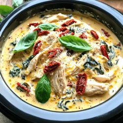 - 4 boneless, skinless chicken breasts - 1 cup sun-dried tomatoes, chopped - 3 cups fresh spinach, roughly chopped - 1 cup heavy cream - 1 cup chicken broth - 1 teaspoon garlic powder - 1 teaspoon Italian seasoning - Salt and pepper to taste - ½ cup grated Parmesan cheese - 2 tablespoons olive oil - Fresh basil leaves for garnish To create this creamy Tuscan chicken, you need simple yet flavorful ingredients. Start with boneless, skinless chicken breasts. They cook evenly and soak up the rich sauce well. Sun-dried tomatoes add a punch of flavor that shines through every bite. Fresh spinach brings a nice color and nutrients to the dish. Next, you’ll want to use heavy cream for that creamy texture. It blends perfectly with chicken broth to create a rich sauce. Garlic powder and Italian seasoning bring warmth and depth to the flavors. Don’t forget salt and pepper to enhance everything. Grated Parmesan cheese adds a salty kick and creaminess. A drizzle of olive oil gives a smooth finish. Finally, fresh basil leaves are a must for garnish. They add a fragrant touch that brightens the dish. Now, gather these ingredients, and you are ready to make a comforting meal that will impress everyone. To start, grab your slow cooker. Lay the chicken breasts flat at the bottom. This helps them cook evenly. Next, mix your sauce. In a medium bowl, combine chicken broth, heavy cream, garlic powder, Italian seasoning, salt, and pepper. This blend gives great flavor. Once mixed, pour this sauce over the chicken. Then, sprinkle the chopped sun-dried tomatoes and half of the Parmesan cheese on top. Now it’s time to cook. You can choose low heat for 6 hours or high heat for 3 hours. Cooking on low gives a tender chicken. On high, it cooks faster but may be less juicy. About 30 minutes before serving, add the fresh spinach. It will wilt nicely in the sauce. After the cooking time, take out the chicken. Use two forks to shred it. Return the shredded chicken to the slow cooker and mix well with the sauce. Before serving, sprinkle the rest of the Parmesan cheese on top. Give it a quick stir to mix in the cheese. Serve the creamy Tuscan chicken over pasta or rice. For a nice touch, garnish with fresh basil leaves. This adds color and flavor. Enjoy your delicious meal! - For the best slow-cooked chicken, choose boneless, skinless breasts. They cook evenly and stay moist. - Season the chicken well with salt and pepper before cooking. This enhances its flavor. - Use low heat for six hours or high heat for three hours. Low heat gives the best results. - To achieve the creaminess in the sauce, do not skip the heavy cream. It adds richness and depth. - Add fresh spinach about 30 minutes before serving. This keeps it vibrant and fresh. - Serve your creamy Tuscan chicken over pasta, like fettuccine or penne. The sauce clings well to these shapes. - Rice is another great option. It soaks up the creamy sauce and balances the meal. - Pair with a side salad or garlic bread for a complete meal. They add freshness and a nice crunch. - If you want to lighten the dish, try using half-and-half instead of heavy cream. It still adds creaminess. - Greek yogurt can also work well. It gives a tangy flavor and a creamy finish. - For veggies, consider using kale or zucchini instead of spinach. Both add nice texture and flavor. - Sun-dried tomatoes can be swapped with fresh tomatoes for a lighter taste. Just add them earlier in the cooking time. {{image_2}} You can easily make this dish gluten-free. Just swap out regular pasta or rice for gluten-free versions. Many brands offer great options, like brown rice pasta or quinoa. Both pair well with the creamy sauce and add a nice texture. If you want a dairy-free meal, you can make a few simple changes. Use coconut milk or almond milk instead of heavy cream. For cheese, try a dairy-free alternative. There are many tasty vegan cheese options that melt well. This way, you can enjoy the creamy goodness without dairy. Want to spice things up? Consider adding different herbs and spices. Fresh thyme, oregano, or even red pepper flakes can boost the flavor. You can also try adding a squeeze of lemon for a bright touch. This can make the dish even more exciting and tailored to your taste. Store leftovers in an airtight container. This keeps them fresh and safe. Let the dish cool before sealing. Place it in the fridge within two hours of cooking. Consume within three to four days for best taste. To freeze, use a freezer-safe container. Divide into portions for easy thawing. Label the container with the date. When ready to eat, thaw in the fridge overnight. Reheat in the microwave or on the stove. Stir well to ensure even heating. In the fridge, Slow Cooker Creamy Tuscan Chicken lasts about three to four days. In the freezer, it can stay good for up to three months. Always check for signs of spoilage before eating. If it smells odd or looks off, throw it away. Cooking time varies by heat setting. On low heat, it takes about 6 hours. On high heat, it takes 3 hours. The low setting allows flavors to meld well. The high setting gives faster results but may not be as rich in taste. I prefer the low heat for the best flavor. Yes, you can use frozen chicken breasts. Just add an extra hour to the cooking time. Ensure the chicken reaches a safe internal temperature of 165°F. This method makes it easy for busy cooks. The slow cooker will still keep the chicken moist. This dish pairs well with several sides. You can serve it over pasta or rice. Garlic bread makes a great addition, too. A fresh salad adds a nice crunch. Choose sides that can soak up the creamy sauce. Absolutely! You can use a stovetop or oven. For the stovetop, cook on medium heat for about 30 minutes. In the oven, bake at 350°F for 30-40 minutes. Adjust liquid amounts slightly to prevent drying out. This way, you can still enjoy the same great flavors! In this post, I shared how to make Slow Cooker Creamy Tuscan Chicken. We covered key ingredients, step-by-step instructions, and tips for great flavor. Variations cater to different diets, and I included storage advice for your leftovers. Remember, slow cooking makes the chicken tender and tasty. Enjoy experimenting with flavors and sides that you love. Your kitchen can shine with this easy, comforting dish.