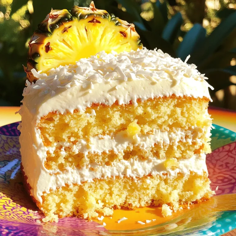 - 2 cups all-purpose flour - 1 cup granulated sugar - 1 cup unsweetened shredded coconut - 1 cup crushed pineapple, drained - 1/2 cup unsalted butter, softened - 1 cup coconut milk - 3 large eggs - 1 tablespoon baking powder - 1/2 teaspoon salt - 1 teaspoon vanilla extract - 1/2 cup powdered sugar (for frosting) - 2 tablespoons coconut cream (for frosting) For this cake, I recommend using standard measurements. If you want a lighter cake, try using cake flour instead of all-purpose flour. You can swap coconut milk with almond milk for a different flavor. If you prefer a dairy-free cake, use vegan butter and a dairy-free milk. For the eggs, you can use flax eggs or applesauce as a substitute. One flax egg equals one tablespoon of ground flaxseed mixed with three tablespoons of water. Use fresh and high-quality ingredients for the best taste. Select shredded coconut that is unsweetened. This gives a better flavor and helps control sweetness. Make sure your butter is softened. This helps it blend smoothly with sugar. For the crushed pineapple, drain it well. Too much juice can make the cake soggy. Lastly, check the expiration dates on your baking powder and vanilla extract. Fresh ingredients ensure a successful bake. To start, preheat your oven to 350°F (175°C). Grease and flour a 9x13 inch baking pan. This helps the cake release easily after baking. Gather all your ingredients before you begin. You will need flour, sugar, coconut, pineapple, butter, coconut milk, eggs, baking powder, salt, and vanilla extract. In a large mixing bowl, cream the softened butter and granulated sugar. Mix for about 3 to 4 minutes until it looks light and fluffy. Then, add the eggs one by one. Make sure to mix well after each egg. Stir in the vanilla extract next. In another bowl, combine flour, baking powder, shredded coconut, and salt. Gradually add this dry mix to the wet mix, alternating with the coconut milk. Start and end with the dry mix. Be careful not to overmix. Finally, gently fold in the crushed pineapple until it is well mixed. Pour the batter into your prepared pan. Smooth the top with a spatula for an even bake. Bake it in the preheated oven for 30 to 35 minutes. To check if it’s done, insert a toothpick into the center. If it comes out clean, your cake is ready. Once baked, let it cool in the pan for 10 minutes. After that, transfer it to a wire rack to cool completely. This cooling step is crucial for the frosting to stick well later on. Baking can be tricky, but I have some tips to help you. - Overmixing the batter: This can make the cake tough. Mix gently and just until combined. - Wrong oven temperature: Always preheat your oven to 350°F. An oven thermometer helps. - Not measuring ingredients correctly: Use measuring cups for dry and liquid ingredients. Precision matters. - Skipping the cooling step: Let the cake cool completely before frosting for the best result. To bring out the best taste in your cake, try these ideas: - Use fresh ingredients: Fresh eggs and coconut milk make a big difference. - Let the pineapple drain well: This keeps your batter from getting too wet. - Add a pinch of salt: A little salt enhances sweetness and balances flavors. - Experiment with vanilla: Try using vanilla bean paste for a richer taste. The frosting adds a lovely touch to your cake. Here are some tips: - Make the frosting smooth: Whisk the powdered sugar and coconut cream well. - Adjust consistency: If the frosting is too thick, add more coconut cream until just right. - Garnish creatively: Add extra shredded coconut and pineapple slices on top for flair. - Slice neatly: Use a sharp knife dipped in warm water for clean cuts. {{image_2}} You can change the flavors in this cake. Try adding fresh mango or banana for a twist. Chopped macadamia nuts add a nice crunch. You can also swap coconut milk for almond milk or oat milk. This makes the cake lighter and just as tasty. While I love the coconut cream frosting, you can try other options. A simple cream cheese frosting pairs well with the tropical flavors. You can also use whipped cream for a lighter touch. For chocolate lovers, a chocolate ganache gives a rich contrast. To make a layer cake, split the batter into two or three pans. Bake them for a shorter time, around 25-30 minutes. Once cooled, stack the layers with frosting in between. This gives a stunning look and makes every slice extra special. Store leftover cake in an airtight container. This keeps it fresh and moist. Place the cake at room temperature if you plan to eat it within two days. If it will be longer, refrigerate it. Use parchment paper between layers to prevent sticking. To freeze the cake, first, let it cool completely. Wrap it tightly in plastic wrap. Then place it in a freezer-safe bag or container. Label it with the date. The cake can last in the freezer for up to three months. When you’re ready to eat it, thaw it in the fridge overnight. If you want to enjoy warm cake, preheat your oven to 350°F (175°C). Place slices on a baking sheet. Heat for about 10-15 minutes. You can also use the microwave for a quick reheat. Just warm slices for 15-20 seconds. Enjoy your cake warm with a fresh texture! Pineapple Coconut Cake can last about 3 to 5 days. Keep it in an airtight container. If you store it in the fridge, it may last a bit longer. The cake can become dry if left out too long. Yes, you can use fresh pineapple! Just chop it into small pieces and drain any juice. Fresh pineapple adds a bright flavor and texture to the cake. Make sure to measure the same amount as canned pineapple. To make this cake gluten-free, use a gluten-free flour blend. Many blends work well in baking. Look for ones that include xanthan gum for the best texture. You may need to adjust the baking time slightly. This blog post covered all the key parts to make a tasty Pineapple Coconut Cake. I shared the right ingredients, detailed steps, and helpful tips to avoid mistakes. You learned ways to customize the cake with fun flavors and how to store leftovers or freeze them for later. With this guide, you can bake a delicious cake that impresses friends and family. Enjoy the process and make it your own!