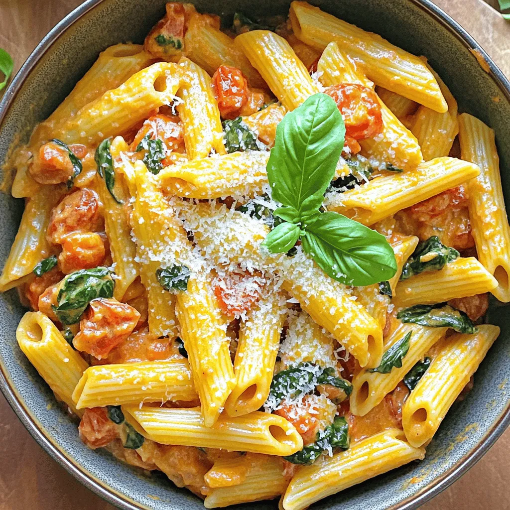 For this dish, you will need: - 8 ounces penne or fettuccine pasta - 2 tablespoons olive oil - 3 cloves garlic, minced - 1 can (14 ounces) diced tomatoes, preferably fire-roasted - 1 cup heavy cream or a dairy-free alternative - 1 teaspoon dried Italian herbs (oregano, basil, thyme) - 2 cups fresh spinach, roughly chopped - ½ cup grated Parmesan cheese or nutritional yeast for a vegan option - Salt and pepper to taste - Fresh basil leaves for garnish These ingredients blend well together. The creamy sauce coats the pasta nicely. The fresh spinach adds color and nutrients. You can add or swap ingredients based on your taste. Here are some ideas: - Sun-dried tomatoes for extra flavor - Fresh mozzarella for a cheesy touch - Red pepper flakes for heat - Lemon juice for a zesty kick Feel free to get creative! Your meal can reflect your personal style. If you have dietary needs, you can adjust the recipe. Here are some simple swaps: - Use gluten-free pasta if needed. - Opt for coconut cream instead of heavy cream for a dairy-free option. - Nutritional yeast works well for a vegan cheese flavor. These substitutions make the dish flexible for everyone. Enjoy making it your own! Start by boiling a large pot of salted water. Add 8 ounces of penne or fettuccine pasta. Cook it until it is al dente, as shown on the package. This usually takes about 8-10 minutes. Once cooked, reserve ½ cup of the pasta water. Drain the pasta and set it aside. In a large skillet, heat 2 tablespoons of olive oil over medium heat. Add 3 cloves of minced garlic to the oil. Sauté the garlic for 1-2 minutes until you smell its aroma. Be careful not to let it brown. Next, pour in a 14-ounce can of diced tomatoes. Make sure to include all the juices. Stir in 1 teaspoon of dried Italian herbs. Let this mixture simmer for about 5 minutes. This helps to blend the flavors well. Now, slowly add 1 cup of heavy cream to the skillet. Mix it well and cook for 3-4 minutes until the sauce starts to thicken. Then, stir in 2 cups of roughly chopped fresh spinach. Cook this for another 2-3 minutes until the spinach is wilted and tender. Add the drained pasta into the skillet with the sauce. Toss everything together so that the pasta is fully coated. If the sauce is too thick, you can add a bit of the reserved pasta water to get your desired consistency. Finally, mix in ½ cup of grated Parmesan cheese. Season with salt and pepper to your taste. Now your creamy tomato spinach pasta is ready! Serve it immediately and enjoy the rich flavors. To get pasta just right, use a big pot with lots of water. Add salt to the water; it helps add flavor. Cook the pasta for the time on the package. Test a piece before draining. It should be firm but not hard. Start with good olive oil. Heat it gently and add minced garlic. Cook the garlic until it smells great but is not brown. Use fire-roasted diced tomatoes for a smoky taste. Let the sauce simmer to blend the flavors. Add herbs like oregano and basil for extra zest. When serving, use wide bowls for a nice look. Drizzle a bit of olive oil on top. Sprinkle more Parmesan cheese on each dish. Finish with fresh basil leaves for color and flavor. This makes your creamy tomato spinach pasta not just tasty but pretty, too! {{image_2}} You can make this creamy tomato spinach pasta vegan. Use a dairy-free cream, like coconut or cashew. For cheese, swap Parmesan with nutritional yeast. It adds a cheesy flavor without dairy. Want to add protein? Cooked chicken or shrimp works great. Just toss them in with the sauce. Chickpeas are a fantastic plant-based option. They add texture and flavor to the dish. You can mix in other veggies too. Try mushrooms, zucchini, or bell peppers. They add color and extra nutrition. Just sauté them in the oil with garlic before adding tomatoes. After your meal, let the pasta cool down. Place it in an airtight container. Make sure to store it in the fridge. It will stay fresh for up to three days. If you want, you can cover it with foil before sealing. This helps keep it moist. To reheat, you can use the stove or microwave. If using the stove, add a splash of water to the pan. Heat over low heat, stirring often. This keeps the pasta creamy. For the microwave, place the pasta in a bowl. Cover it with a damp paper towel, and heat in short bursts. Stir in between to avoid hot spots. If you want to save it longer, freezing is a great option. Scoop the cooled pasta into freezer-safe bags. Squeeze out the air and seal tightly. You can freeze it for up to three months. When ready to eat, thaw it in the fridge overnight. Then reheat it as mentioned above. Yes, you can use fresh tomatoes. Just chop about 4 to 5 medium tomatoes. Cook them down in the skillet until they break down and release their juices. This will add a fresh flavor. Remember to adjust cooking time, as fresh tomatoes may need a bit longer to soften. You can use several options. Coconut milk or almond milk works well. Blend in a little cornstarch to thicken. For a richer taste, try cashew cream. Just soak cashews in water, then blend until smooth. This gives a nice creamy texture. To make it gluten-free, swap regular pasta for gluten-free pasta. Many brands offer great options that taste just as good. Check the cooking time on the package, as it may differ from regular pasta. Pasta is done when it is al dente, meaning it should be firm but not hard. Taste a piece a minute before the package cooking time ends. If it’s tender but still has a slight bite, it’s ready to drain. Creamy tomato spinach pasta is a tasty dish that's easy to prepare. We covered the main ingredients and ways to customize the recipe. You learned how to cook the pasta, make the sauce, and combine everything. I shared tips to get perfect pasta and enhance the sauce. You also found storage tips and answers to common questions. Mix and match ingredients to fit your taste. Enjoy this meal now or later!