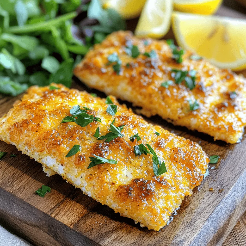 - 4 tilapia fillets - 1 cup grated Parmesan cheese - 1/2 cup breadcrumbs (preferably Italian seasoned) - 1 teaspoon garlic powder - 1 teaspoon paprika - 1/2 teaspoon salt - 1/4 teaspoon black pepper - 2 tablespoons olive oil - 1 tablespoon fresh parsley, chopped - Lemon wedges Using fresh, high-quality tilapia makes a big difference. Look for fillets that are firm and smell clean. For the cheese, choose finely grated Parmesan. It melts better and gives a great crust. The breadcrumbs should be Italian seasoned for extra flavor. If you can, use fresh herbs for garnishes. They add color and taste. Always check the expiration dates on your ingredients. Fresh ingredients lead to the best results. Start by setting your air fryer to 400°F (200°C). Preheating takes about 5 minutes. This step warms up the air fryer and helps create a nice, crispy crust on your fish. In a shallow bowl, combine these ingredients: - 1 cup grated Parmesan cheese - 1/2 cup breadcrumbs (preferably Italian seasoned) - 1 teaspoon garlic powder - 1 teaspoon paprika - 1/2 teaspoon salt - 1/4 teaspoon black pepper Mix them well until they are fully blended. This mix adds a savory crunch to the tilapia. First, pat the tilapia fillets dry with paper towels. This step removes extra moisture. Then, brush both sides of each fillet with 2 tablespoons of olive oil. This helps the crust stick better. Next, dredge the oiled fillets in the Parmesan-breadcrumb mixture. Press down slightly to ensure good coverage. Make sure every part of the fish is coated. Place the coated fillets in a single layer in the air fryer basket. Avoid overlapping the fillets for even cooking. Cook them for 8 to 10 minutes. The tilapia is done when it reaches an internal temperature of 145°F (63°C) and the crust is golden brown. Once cooked, carefully remove the fillets from the air fryer. Place them on a serving platter. To add a fresh touch, garnish with chopped parsley. Serve the tilapia with lemon wedges and a side of mixed greens for a colorful plate. To get that perfect crispy crust, follow these steps. First, make sure you pat your tilapia fillets dry. This helps the coating stick better. Next, brush both sides with olive oil. This not only adds flavor but also helps the crust crisp up in the air fryer. When dredging, press down firmly on the fillets in the Parmesan mixture. This ensures a thick, even coating. Lastly, avoid overcrowding the air fryer basket. Give each fillet space to cook evenly. You can change the flavor of your crust with easy tweaks. Try adding lemon zest for a bright touch. A dash of cayenne pepper can spice things up if you like heat. For a herby flavor, mix in dried oregano or thyme with the Parmesan. Feel free to experiment with your favorite spices. This keeps your dish fresh and exciting each time you make it. Cooking fish in an air fryer is quick and simple. Always preheat the air fryer for even cooking. Set it to 400°F (200°C) and let it heat for about 5 minutes. Cook your tilapia for 8-10 minutes, checking the internal temperature. It should reach 145°F (63°C) when done. Use a meat thermometer to check for doneness. Finally, let the fish rest for a minute before serving. This helps the juices settle, making each bite juicy and flavorful. {{image_2}} You can swap tilapia for other fish. Cod, haddock, and sole work well too. They all have mild flavors and cook quickly. Each type brings its own taste and texture. Experimenting can make mealtime fun. If you need a gluten-free option, use crushed rice crackers or almond flour. Both add crunch. You can also try gluten-free breadcrumbs, which are easy to find. These options keep the dish tasty without gluten. You can boost flavor with herbs and spices. Try adding lemon zest for freshness. Fresh dill or thyme also works well. If you like heat, add cayenne pepper to the mix. These simple tweaks can make your dish unique and exciting. Store leftover Air Fryer Parmesan Crusted Tilapia in an airtight container. Place it in the fridge. It will stay fresh for up to three days. Make sure it cools down before sealing. This helps keep the fish from getting soggy. To reheat, use your air fryer for the best results. Set it to 350°F (175°C). Heat the tilapia for about 5 minutes. Check if it's warm throughout. This method keeps the crust crispy. You can also use a microwave, but the crust may lose its crunch. You can freeze cooked tilapia if you want to save it for later. Wrap each fillet tightly in plastic wrap. Then, place them in a freezer bag. Label the bag with the date. Frozen tilapia will last up to three months. When ready to eat, thaw it in the fridge overnight before reheating. Yes, you can use frozen tilapia fillets. Just make sure to thaw them first. Thawing helps the crust stick better. You can leave them in the fridge overnight or run them under cold water. Once thawed, follow the same steps for coating and air frying. I recommend serving this tilapia with mixed greens or a fresh salad. Lemon wedges add a nice touch of brightness. You can also pair it with rice or roasted vegetables for a hearty meal. The flavors of the tilapia mix well with light sides. Tilapia is done when it reaches an internal temperature of 145°F (63°C). You can check this with a meat thermometer. The fish should look opaque and easily flake with a fork. If it’s golden brown and crispy on the outside, that’s a good sign too. Yes, you can use an oven instead. Preheat your oven to 400°F (200°C) and bake the tilapia on a lined baking sheet. Bake for about 12-15 minutes, or until cooked through. The crust may not be as crispy, but it will still taste great. This blog post covered how to make Air Fryer Parmesan Crusted Tilapia. We discussed key ingredients, preparation steps, and tips for the best results. Using fresh ingredients and techniques will give you a tasty, crispy dish. Remember, you can try different fish and flavors to make it your own. Follow the storage tips to enjoy leftovers later. Cooking this dish will impress anyone at your table and give you a win in the kitchen. Enjoy your culinary adventure with air frying!