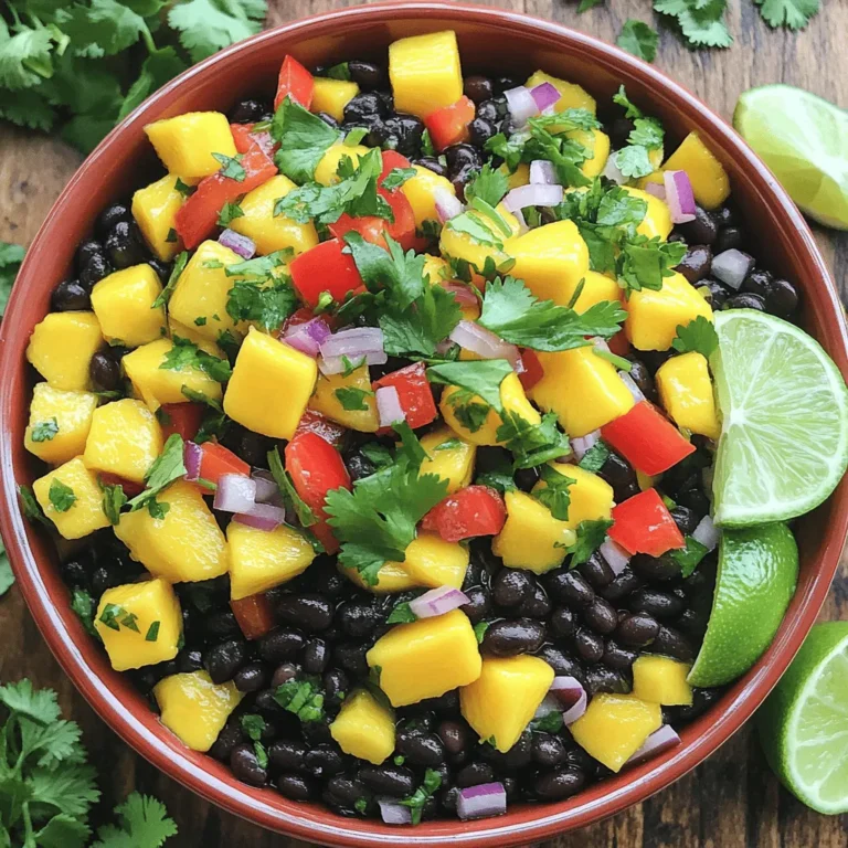 - 1 ripe mango, diced - 1 can (15 oz) black beans, rinsed and drained - 1 red bell pepper, diced - 1/2 small red onion, finely chopped - 1 jalapeño, seeded and minced - 1/4 cup fresh cilantro, chopped - Juice of 2 limes - 1 tablespoon olive oil - Salt and pepper to taste Mango black bean salsa is simple to make and uses fresh ingredients. The ripe mango adds sweetness. Black beans bring protein and fiber. Red bell pepper gives crunch and color. Red onion adds a mild bite. Jalapeño adds heat, but you can skip it if you prefer. Fresh cilantro gives a nice herb flavor. Lime juice makes it zesty. Olive oil adds a smooth touch. Salt and pepper enhance all the flavors. - Mango: This fruit is high in vitamins A and C. It also has fiber which aids digestion. Plus, it adds natural sweetness without added sugar. - Black beans: They are great for protein and fiber. They help you feel full and are low in fat. Black beans also support heart health. - Cilantro: This herb has antioxidants and can help reduce inflammation. It's also low in calories and adds fresh flavor to dishes. Using these ingredients makes your salsa not just tasty but healthy too! - Mixing the ingredients Start by gathering your ingredients. In a large bowl, add the diced mango, black beans, diced red bell pepper, finely chopped red onion, minced jalapeño, and chopped cilantro. Mix them gently. This step is key to getting all the flavors together. - Making the lime dressing Take a small bowl. Add the juice of two limes, one tablespoon of olive oil, salt, and pepper. Whisk these together until they blend well. This dressing adds brightness to your salsa. - Combining the salsa Pour the lime dressing over the mixed ingredients in the large bowl. Toss everything together gently. Ensure every piece is coated in that zesty dressing. Taste your salsa. It should be fresh and vibrant. - Adjusting seasoning If you find your salsa needs more zing, add extra lime juice or salt. Remember to taste as you go. This way, you can make it just right for your palate. - Combining techniques Let the salsa rest in the fridge for at least 30 minutes. This waiting time helps the flavors meld together. Serve it chilled for the best taste experience. Enjoy it with tortilla chips or on grilled meats for a delightful dish! - Optional spices: You can add a pinch of cumin for warmth. Chili powder adds a nice kick too. If you like heat, try a dash of cayenne pepper. - Fresh herbs: Cilantro shines, but fresh mint can add a cool twist. Consider adding chopped green onions for a mild onion flavor. - Serving suggestions: Serve your salsa in a vibrant bowl. This makes it pop on the table. Pair it with crispy tortilla chips for a fun snack. - Garnishing ideas: Top with extra cilantro leaves for color. Add lime wedges on the side for a fresh touch. A sprinkle of diced red bell pepper also looks great. {{image_2}} You can change up the flavors in mango black bean salsa. Try adding other fruits like diced pineapple or avocado. These fruits mix well with mango and add a fun twist. You can also use beans like pinto or kidney beans instead of black beans. Each bean has its own taste and texture, so feel free to experiment. If you like it mild, skip the jalapeño or use a small amount. Remove the seeds to cut down on heat. For more spice, add a pinch of cayenne pepper or keep the jalapeño seeds. You can also mix in some diced serrano peppers for a kick. Adjust the spice to fit your taste. Store leftover mango black bean salsa in an airtight container. Keep it in the fridge. It will stay fresh for about three to five days. If you can, eat it sooner for the best taste. Make sure to check for any signs of spoilage before using. You can freeze mango black bean salsa if you want to save some for later. Place it in a freezer-safe container. Leave some space at the top for expansion. This salsa can last up to three months in the freezer. When you are ready to eat it, thaw the salsa in the fridge overnight. You can also run the container under cold water to speed up thawing. Stir it well before serving. The texture may change, but the flavor will still be great! Can I make this salsa ahead of time? Yes, you can make this salsa ahead of time. I recommend letting it chill in the fridge for at least 30 minutes. This wait helps the flavors come together. You can prepare it a few hours before your meal or even the night before. Just keep it covered to stay fresh. What can I serve with mango black bean salsa? You can serve this salsa with many dishes. It pairs well with tortilla chips for a tasty snack. You can also use it as a topping on grilled chicken or fish. Try it as a fresh side for tacos or burritos. The flavors add a fun twist to your meals. How long does it last in the refrigerator? This salsa lasts about 3 to 5 days in the fridge. Keep it in an airtight container for the best results. After a few days, the ingredients may lose some crunch. So, enjoy it while it’s fresh! If you notice any off smells or colors, it's best to throw it out. This blog post covered how to make delicious mango black bean salsa. We explored its key ingredients, like ripe mango and black beans, which add flavor and nutrients. You learned easy steps to mix everything and tips for the best taste and texture. We also shared ways to customize the salsa and how to store leftovers. In making this salsa, you open doors to fresh flavors. Enjoy experimenting with your own twist on this tasty dish!