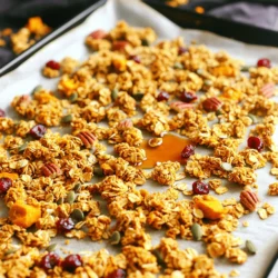 - 2 cups rolled oats: These oats form the base for your granola. They provide fiber and a chewy texture. - 1 cup pecans, chopped: Pecans add a rich, nutty flavor and a satisfying crunch. - 1/2 cup pumpkin seeds: These seeds are high in protein and healthy fats. They also add crunch and flavor. - 1/2 cup dried cranberries: Cranberries bring a sweet, tart taste and chewy texture. They balance the nutty flavors. - 1/2 cup maple syrup: This syrup adds natural sweetness. It helps bind the granola together. - 1/2 cup canned pumpkin puree: Pumpkin adds moisture and flavor. It also boosts the health benefits. - 1/4 cup coconut oil, melted: Coconut oil helps with binding. It gives a light coconut taste. - 2 teaspoons pumpkin pie spice: This spice mix gives your granola its warm, cozy flavor profile. - 1/2 teaspoon vanilla extract: Vanilla adds depth and richness to the flavor. - 1/4 teaspoon salt: Salt enhances all the flavors in your granola. - Chopped nuts: You can swap pecans for walnuts or almonds. - Other dried fruits: Try raisins or chopped dates for a different sweetness. - Coconut flakes: Add unsweetened coconut for extra texture. - Chocolate chips: Mix in dark chocolate chips after baking for a sweet treat. 1. Preheat your oven to 350°F (175°C). This ensures even baking. 2. Line a baking sheet with parchment paper. This helps with easy cleanup. 3. Mix dry ingredients. In a large bowl, combine: - 2 cups rolled oats - 1 cup chopped pecans - 1/2 cup pumpkin seeds - 1/2 cup dried cranberries Stir these together to get a good mix. This will add texture. 4. Combine wet ingredients in a separate bowl. Whisk together: - 1/2 cup maple syrup - 1/2 cup canned pumpkin puree - 1/4 cup melted coconut oil - 2 teaspoons pumpkin pie spice - 1/2 teaspoon vanilla extract - 1/4 teaspoon salt Make sure everything blends well. This mix adds flavor. 5. Pour the wet mix over the dry ingredients. Stir until all the dry ingredients get coated. This ensures every bite is tasty. 6. Spread the granola on the lined baking sheet. Use a spatula to press it down gently. This helps it stick together. 1. Bake the granola for 25-30 minutes. Stir it halfway through baking. This helps it bake evenly. 2. Watch closely while it bakes. It should turn golden brown. Keep an eye on it to avoid burning. 3. Remove from the oven and let it cool completely on the baking sheet. It will become crunchy as it cools. Don’t rush this step! Now you have a crunchy and flavorful pumpkin spice granola ready to enjoy! To get that perfect crunch in your pumpkin spice granola, follow these tips: - Use fresh ingredients: Fresh oats and nuts add more flavor and crunch. - Don’t skip the pressing: After mixing, press the granola down on the baking sheet. It helps form clusters. - Monitor the bake time: Check the granola halfway. Stir gently to avoid burning. - Cool completely: Let it cool on the sheet. It will harden as it cools. For tools, you need: - A large mixing bowl for combining ingredients. - A whisk for mixing the wet ingredients. - A baking sheet lined with parchment paper for easy cleanup. - A spatula for pressing and stirring. Want to amp up the flavor? Here are some ideas: - Add nuts: Almonds or walnuts can boost both taste and crunch. - Mix in seeds: Chia or sunflower seeds add texture and nutrients. - Try dried fruits: Raisins or apricots offer sweetness and chewiness. These extras also bring nutritional benefits: - Nuts: They are great sources of healthy fats and protein. - Seeds: They can add fiber and essential minerals. - Dried fruits: They provide vitamins and antioxidants. Feel free to get creative! Your granola can be as unique as you want. {{image_2}} You can change the spice mix to fit your taste. Try using apple pie spice instead of pumpkin pie spice. This mix has cinnamon, nutmeg, and allspice for a warm flavor. You could also add some ground ginger for a unique twist. Think about using seasonal ingredients. In the fall, add chopped apples or pears for a fruity crunch. In the winter, try dried figs or even some chocolate chips. These swaps keep your granola exciting and new. Making this granola gluten-free is easy. Just use gluten-free oats instead of regular rolled oats. This way, everyone can enjoy it without worry. If you want to make it vegan, swap the honey for maple syrup. The recipe already uses maple syrup, so you’re all set! You can also replace coconut oil with a plant-based butter. This keeps the granola tasty and friendly for all diets. To keep your pumpkin spice granola fresh, store it in an airtight container. This helps keep moisture out and preserves crunchiness. I like using glass jars or plastic bins with tight lids. You can also use resealable bags, but make sure to press out the air before sealing. Keep your granola in a cool, dry place. Avoid direct sunlight, as it can make the oils go bad. When stored properly, your granola can last for about two weeks. After that, it may start to lose its crunch. Signs that your granola has gone bad include a stale smell or an off taste. If you see any mold, toss it out right away. Always trust your senses—if it looks or smells strange, it's better to be safe! How to make pumpkin spice granola without nuts? You can skip the nuts in this recipe. Just use more seeds or dried fruit. Sunflower seeds or extra pumpkin seeds work well. You can even add more oats to keep the texture nice. This will still give you a crunchy and tasty granola. Can you use honey instead of maple syrup? Yes, honey can replace maple syrup. It adds sweetness and helps bind the granola. Just keep in mind, honey is sweeter than maple syrup. You might want to use a bit less. Adjust to your taste and enjoy your granola! Top brands available in stores You can find many brands of pumpkin spice granola at stores. Popular ones include Nature Valley, Bear Naked, and Cascadian Farm. Check your local grocery store for these brands. They often offer tasty options. Recommendations for purchasing online If you prefer online shopping, websites like Amazon and Thrive Market have great choices. You can read reviews and find different brands. Look for organic or gluten-free options if you prefer those. Overview of calories, carbs, and protein content per serving Each serving of pumpkin spice granola has about 200 calories. It contains 30 grams of carbs and 5 grams of protein. This makes it a filling snack or breakfast option. Health benefits of pumpkin and spices used Pumpkin is high in fiber and vitamins. It can help your digestion and keep you full longer. The spices in this granola, like cinnamon and nutmeg, have health benefits too. They can help with inflammation and add flavor without extra calories. Enjoying this granola can be tasty and good for you! In this blog post, we've explored how to make delicious pumpkin spice granola. I shared the key ingredients and simple steps for preparation and baking. You learned tips for achieving the perfect crunch, along with ways to customize flavors and accommodate diets. Proper storage keeps your granola fresh longer. Remember, this tasty snack not only delights your taste buds but also provides various health benefits. Enjoy experimenting with different flavors and techniques to make this recipe your own. Happy cooking!