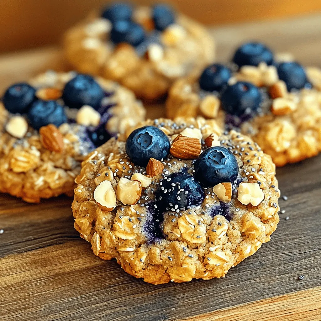 To make these delicious blueberry oatmeal breakfast cookies, gather these simple ingredients: - 1 cup rolled oats - 1/2 cup whole wheat flour - 1/2 teaspoon baking powder - 1/2 teaspoon baking soda - 1/4 teaspoon salt - 1 teaspoon cinnamon - 1/2 cup almond butter (or peanut butter) - 1/4 cup maple syrup - 1 teaspoon vanilla extract - 1/2 cup fresh blueberries (or frozen) - 1/4 cup chopped nuts (optional, such as walnuts or almonds) - 2 tablespoons chia seeds These ingredients work together to make cookies that are both tasty and healthy. The oats give a hearty base, while the blueberries add sweetness. You can customize these cookies to suit your taste. Here are some fun add-ins: - Dark chocolate chips for a sweet twist - Coconut flakes for a tropical touch - Dried fruits like cranberries or raisins - Different nuts like pecans or hazelnuts Feel free to mix and match to find your favorite flavor! Each cookie is a healthy choice. Here's a quick look at the nutrition: - Calories: 120 - Protein: 3g - Carbohydrates: 15g - Fat: 6g - Fiber: 2g These cookies are not just good in flavor but also good for you! They offer energy for the day ahead. Enjoy them with a cup of tea or coffee for a great start! Start by preheating your oven to 350°F (175°C). This ensures even baking. Line a baking sheet with parchment paper. This helps the cookies not stick. In a large bowl, combine 1 cup of rolled oats, 1/2 cup of whole wheat flour, 1/2 teaspoon of baking powder, 1/2 teaspoon of baking soda, 1/4 teaspoon of salt, and 1 teaspoon of cinnamon. Stir these dry ingredients well. In another bowl, mix 1/2 cup of almond butter, 1/4 cup of maple syrup, and 1 teaspoon of vanilla extract. Mix until smooth and creamy. This creates a nice blend of flavors. Now, pour the wet mixture into the dry mix. Stir gently to combine. Be careful not to overmix, as this can make the cookies tough. Fold in 1/2 cup of fresh or frozen blueberries, along with any nuts if you choose to add them. Finally, sprinkle in 2 tablespoons of chia seeds for added nutrition. Scoop tablespoons of dough onto your prepared baking sheet. Leave about 2 inches between each scoop. This space allows the cookies to spread as they bake. Gently flatten each scoop to about 1/2 inch thick. Bake in the oven for 12 to 15 minutes. Watch for the edges to turn golden and the centers to set. Once done, take the cookies out of the oven. Let them cool on the baking sheet for 5 minutes. Then, transfer them to a wire rack to cool completely. This cooling step helps them firm up and makes them easier to handle. Enjoy these tasty blueberry oatmeal breakfast cookies! For the best texture, use rolled oats, not quick oats. Rolled oats give cookies a chewy feel. Make sure to mix your dry and wet ingredients just until combined. Overmixing can lead to tough cookies. Flatten each cookie slightly before baking. This ensures even cooking and a nice shape. Bake at 350°F for 12-15 minutes. Look for golden edges and set centers; this is key for great texture. One common mistake is skipping ingredient measurements. Always measure your flour and oats accurately. Too much flour can make the cookies dry. Another mistake is not letting the cookies cool enough. If you move them too soon, they may crumble. Avoid using too many blueberries. They can make the cookies soggy. Stick to the recommended amount for the best results. These cookies are great for breakfast or snacks. Serve them warm with a glass of milk or almond milk. They also pair well with yogurt. Crumble a cookie on top of your favorite yogurt for extra flavor. You can even pack them for lunch or a hike. They travel well and stay fresh for days! {{image_2}} You can easily adjust this recipe to meet different dietary needs. If you're gluten-free, swap whole wheat flour with almond flour or a gluten-free flour blend. For nut allergies, use sunflower seed butter in place of almond or peanut butter. Make sure to check labels on all products to ensure they are safe for your needs. Feel free to play with flavors in these cookies. You can add dark chocolate chips for a sweet touch. Try mixing in dried fruits, like cranberries or raisins, for added sweetness. If you love a nutty crunch, include walnuts or almonds. Each option brings a new taste to your breakfast treat. To make these cookies vegan, use flax eggs instead of regular eggs. Mix one tablespoon of flaxseed meal with two tablespoons of water and let it sit until it thickens. For a gluten-free version, use gluten-free oats and a suitable flour. This way, everyone can enjoy these tasty breakfast cookies without worry. To keep your blueberry oatmeal breakfast cookies fresh, store them in an airtight container. This helps maintain their chewy texture. Place parchment paper between layers of cookies to prevent sticking. If you live in a humid area, store them in the fridge for extra freshness. Freezing cookies is an easy way to enjoy them later. Place cooled cookies in a single layer on a baking sheet. Freeze them for about an hour. Once firm, transfer them to a freezer bag or container. Label the bag with the date. They can last up to three months in the freezer. These cookies stay fresh for about one week at room temperature. To reheat, pop them in the microwave for 10-15 seconds. This brings back their warmth and soft texture. If you prefer a crispier cookie, warm them in the oven at 350°F (175°C) for 5 minutes. Yes, you can use quick oats. They will make the cookies softer. Quick oats absorb moisture faster. This change may alter the texture a bit. If you prefer a chewier cookie, stick with rolled oats. They give a nice bite and structure. To keep your cookies fresh, store them in an airtight container. This keeps moisture in. You can also add a slice of bread to help maintain softness. For longer storage, place them in the fridge. They last about a week this way. For even longer, freeze them. Just wrap them tightly and place them in a freezer bag. You can make a few easy swaps. Use less maple syrup or substitute with mashed banana. This reduces sugar and adds natural sweetness. You can also add more chia seeds for extra fiber. Swap almond butter with applesauce for a lighter option. Finally, try adding more blueberries for added nutrients. This article covered cookie ingredients, step-by-step instructions, and helpful tips. You learned how to mix ingredients, bake, and store your cookies for the best results. Remember to avoid common mistakes for a perfect batch. Don't hesitate to try different flavors or dietary options to suit your needs. These cookies can be a fun treat or a healthy snack. With the right care, they will please everyone. Enjoy baking and share your cookie creations with friends!