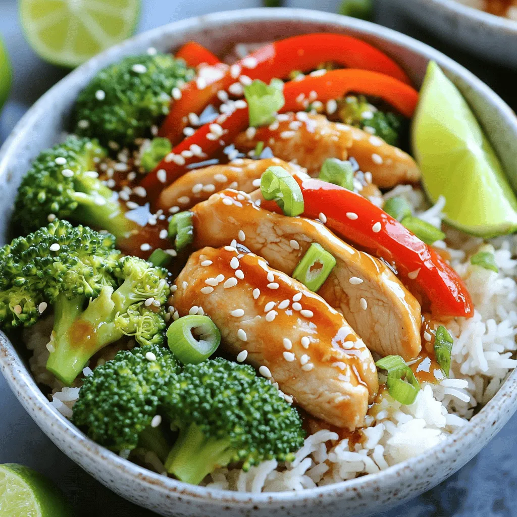 - 1 lb boneless, skinless chicken breast - 2 cups cooked jasmine rice - 4 cloves garlic, minced - 2 tablespoons soy sauce - 1 tablespoon sriracha sauce - 1 tablespoon honey - 1 red bell pepper, sliced - 1 cup broccoli florets - Sesame seeds for garnish Gathering the right ingredients is key to making Minute Spicy Garlic Chicken Rice Bowls. Start with fresh chicken. I like using boneless, skinless chicken breast for its ease and flavor. The garlic adds rich flavor. You need four cloves, minced well to release their scent. The rice is also important. I prefer jasmine rice for its slight sweetness and fluffy texture. You’ll need two cups, cooked and ready. For flavor, soy sauce, sriracha, and honey are must-haves. The soy sauce gives depth, while sriracha adds heat. Adjust the amount based on how spicy you like it. Honey balances the heat with sweetness. Don’t forget the veggies! A sliced red bell pepper adds crunch and color. Broccoli florets are great for nutrition and texture. Finally, sesame seeds for garnish bring a nice look and a bit of crunch. With all these ingredients, you’ll create a meal that is both tasty and satisfying. Each element plays a role in the final dish, making it a delightful experience to enjoy. Combine sliced chicken with soy sauce, sriracha, honey, and minced garlic. This mix adds bold flavor. Let it marinate for at least 10 minutes. This step is key for taste. Heat vegetable oil in a skillet over medium heat. Add the sliced red bell pepper and broccoli florets. Sauté them until they are tender-crisp, about 4-5 minutes. Remove them from the skillet and set aside. In the same skillet, add sesame oil. Once hot, add the marinated chicken. Discard any leftover marinade. Cook the chicken for about 6-8 minutes until no longer pink. Stir occasionally to ensure even cooking. Return the sautéed vegetables to the skillet with the chicken. Mix them well to combine flavors. Cook for an additional 2 minutes to heat everything through. Adjust seasoning with salt and pepper if needed for taste. In serving bowls, layer the cooked jasmine rice. Top it with the spicy garlic chicken and vegetable mixture. This creates a colorful and tasty meal. Sprinkle sliced green onions and sesame seeds on top. This adds a nice crunch and fresh flavor. Enjoy your meal! - Enhance flavor with a longer marination time. Let the chicken soak for at least 20 minutes. - Use fresh, high-quality ingredients. Fresh garlic gives a great kick and taste. - Ensure chicken is evenly sliced for uniform cooking. This helps it cook evenly and stay juicy. - Monitor vegetable doneness to keep them crisp. You want them tender but not mushy. - Serve with lime wedges for added brightness. A squeeze of lime elevates the dish. - Add red pepper flakes for extra heat. This gives your meal a spicy twist if you like it hot. {{image_2}} You can switch out chicken for shrimp, tofu, or beef. Each option adds a unique twist. If you choose shrimp, cook it for about 4-5 minutes until pink. For tofu, sauté it until golden brown. If you use beef, slice it thinly and cook until browned. Adjust your cooking time based on the protein you choose for best results. Feel free to change the veggies! Replace broccoli with snap peas or green beans for a crisp bite. You can also toss in spinach or kale for added nutrition. Both options add color and flavor. These swaps help you use what you have on hand while still enjoying a tasty dish. Want a sweeter taste? Try teriyaki sauce instead of soy sauce. It adds a nice touch of sweetness. For more depth, mix in hoisin sauce. This sauce brings a rich flavor that complements the other ingredients. Experimenting with sauces can make your rice bowls even more exciting! Store leftover Minute Spicy Garlic Chicken Rice Bowls in an airtight container. Keep them in the fridge. They taste best when eaten within 3-4 days. To freeze, let the dish cool completely first. Then, pack it into freezer-safe containers. You can keep it in the freezer for up to 2 months. When you're ready to eat, you can reheat it in the microwave or on the stove. If using the stove, add a splash of water. This helps keep the chicken and rice from drying out. Yes, you can prep this recipe ahead. Store it in the fridge for later. You can change the spice level by using less sriracha sauce. This gives you control over the heat. You can serve lime wedges and Asian-style salads. They add a fresh touch to the meal. To make it gluten-free, just use gluten-free soy sauce. This keeps the flavors while meeting dietary needs. Absolutely! You can use brown rice or quinoa as a base. They both work well with the dish. In this article, we explored a delicious recipe for spicy garlic chicken rice bowls. We covered essential ingredients, step-by-step cooking instructions, and helpful tips. You can customize the dish to fit your taste and even meal prep it for the week. Remember, fresh ingredients make a difference in flavor. Enjoy this tasty meal with friends or family, and don’t be afraid to try new variations! Happy cooking!