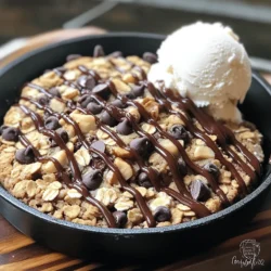 - 1 ½ cups rolled oats - 1 cup all-purpose flour - ½ teaspoon baking soda - ½ teaspoon baking powder - ½ teaspoon salt - 1 teaspoon ground cinnamon - ½ cup unsalted butter, softened - ¾ cup brown sugar, packed - ¼ cup granulated sugar - 1 large egg - 1 teaspoon vanilla extract - 1 cup semi-sweet chocolate chips - ½ cup chopped nuts (optional, e.g., walnuts or pecans) To make the best Chocolate Chip Oatmeal Cookie Skillet, use fresh ingredients. Fresh oats and chocolate chips make a big difference in taste. I always suggest using high-quality butter for the rich flavor that adds to this cookie. If you like nuts, walnuts or pecans work well. - 10-inch cast-iron skillet or oven-safe skillet - Mixing bowls (one medium, one large) - Whisk - Hand mixer or stand mixer - Spatula - Measuring cups and spoons Having the right tools is key to success in this recipe. A good skillet helps with even baking. I prefer a cast-iron skillet for its heat retention and flavor. A hand mixer makes creaming the butter easy, but you can use a spatula if needed. - 1 ½ cups rolled oats = 135 grams - 1 cup all-purpose flour = 120 grams - ½ cup unsalted butter = 113 grams - ¾ cup brown sugar = 150 grams - ¼ cup granulated sugar = 50 grams - 1 large egg = about 50 grams - 1 cup semi-sweet chocolate chips = 170 grams When measuring, it helps to know the grams for more accuracy. This ensures you have the right amount of each ingredient. Baking is a science, so precise measurements lead to the best results. Start by preheating your oven to 350°F (175°C). Grab a 10-inch cast-iron skillet or an oven-safe skillet. Grease it well with non-stick spray or butter. This keeps the cookie from sticking. In a medium bowl, combine the rolled oats, flour, baking soda, baking powder, salt, and cinnamon. Use a whisk to blend these dry ingredients well. This step adds flavor and texture to your cookie. In a large mixing bowl, cream the softened butter with brown sugar and granulated sugar. Use a hand mixer or stand mixer for about 2-3 minutes. You want this mix to be light and fluffy. This creates a nice base for the cookie. Add the egg and vanilla extract to the butter-sugar mix. Beat these in until fully mixed. Gradually add the dry ingredient mix to the wet ingredients. Stir until just combined; avoid overmixing. This keeps the cookie soft. Spoon the cookie dough into the prepared skillet. Spread it out evenly with a spatula. Bake in the preheated oven for 20-25 minutes. The top should be golden brown, and the edges set. The center may look slightly underbaked, which is okay. It will continue cooking as it cools. Remove the skillet and let it cool for 10 minutes before serving. To get the best texture, use rolled oats. They give a chewy bite that quick oats can’t match. Make sure your butter is softened, not melted. Softened butter helps create a light and fluffy dough. Mixing the dry and wet ingredients until just combined keeps the cookies from being tough. One common mistake is overmixing the dough. This can lead to hard cookies. Another mistake is using too much flour. Measuring flour accurately is key. Make sure to spoon it into the cup and level it off with a knife. Lastly, don’t skip the cooling time. Letting it cool in the skillet lets the center finish cooking. Serve the cookie skillet warm for the best taste. Top it with a scoop of vanilla ice cream. Drizzle chocolate syrup for an extra sweet touch. You can also add whipped cream or nuts for crunch. Serve right from the skillet for a fun, casual vibe. {{image_2}} You can customize your chocolate chip oatmeal cookie skillet easily. For a nutty crunch, add ½ cup of chopped nuts like walnuts or pecans. You can swap in dark chocolate chips or even white chocolate chips for a new taste. If you want a fruity twist, try adding ½ cup of dried fruit, like cranberries or raisins. You can also use almond flour instead of all-purpose flour for a unique flavor. Each add-in brings its own charm. To make this recipe gluten-free, use a gluten-free flour blend in place of all-purpose flour. Make sure the oats are certified gluten-free, as cross-contamination can occur. Replace the baking powder with a gluten-free version too. These changes keep the cookie delicious while catering to gluten-free diets. I promise, you won't miss the gluten! You can easily make this recipe vegan. Use ½ cup of coconut oil or vegan butter instead of unsalted butter. Replace the egg with a flaxseed egg. Just mix 1 tablespoon of ground flaxseed with 2.5 tablespoons of water and let it sit for a few minutes. For sweetness, use brown sugar and granulated sugar that are vegan-friendly. These swaps create a tasty vegan treat that everyone can enjoy! After enjoying your cookie skillet, let it cool. Once cool, cover it with plastic wrap or foil. You can also place it in an airtight container. This keeps the cookie moist and fresh. Store it in the fridge for up to four days. To freeze, cut the cookie into slices. Wrap each slice in plastic wrap. Place the wrapped slices in a freezer-safe bag. This way, you can enjoy a slice anytime. To reheat, thaw the slice in the fridge overnight. Then, warm it in the oven at 350°F (175°C) for about 10 minutes. Alternatively, you can microwave it for about 30 seconds. The cookie skillet lasts about four days in the fridge. If frozen, it stays good for up to three months. For the best taste, eat it fresh. If you want to keep it longer, freezing is your best bet. Always check for any signs of spoilage before eating. Yes, you can use quick oats. They will make the cookie softer. Rolled oats add nice texture. I recommend using rolled oats for the best result. To reheat, place a slice in the microwave. Heat for about 10-15 seconds. Check if it’s warm enough. You can also bake it in the oven at 350°F for a few minutes. Yes, you can prepare the batter ahead of time. Store it in the fridge for up to 24 hours. When ready, just spread it in the skillet and bake. Look for a golden brown top and set edges. The center may look a bit soft. It will firm up as it cools. Serve it warm with vanilla ice cream or whipped cream. A drizzle of chocolate syrup adds extra flavor. You can also top it with fresh fruit or nuts. This blog post covered everything you need for a delicious chocolate chip oatmeal cookie skillet. We discussed key ingredients, kitchen tools, and how to measure them correctly. You learned step-by-step instructions for mixing and baking, plus tips for the best outcome. We explored variations for dietary needs and storage methods to keep your treats fresh. Lastly, I answered common questions to guide you further. Now, you are ready to bake a tasty and satisfying treat! Enjoy your time in the kitchen.