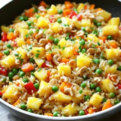 To make Hawaiian Pineapple Fried Rice, you need fresh and tasty ingredients. Here’s what you’ll need: - 2 cups cooked jasmine rice (preferably day-old) - 1 cup fresh pineapple, diced - 1/2 cup bell pepper, diced (red and yellow for color) - 1/2 cup peas and carrots (frozen is fine) - 1/2 cup green onions, sliced - 2 cloves garlic, minced - 2 tablespoons soy sauce - 1 tablespoon sesame oil - 1 tablespoon vegetable oil - 1/2 teaspoon ground ginger - 1/4 teaspoon black pepper - Optional: 1/4 cup cashews or macadamia nuts, chopped (for crunch) Each ingredient plays a key role in the dish. The cooked jasmine rice gives a fluffy base. The fresh pineapple adds sweetness and juiciness. Bell peppers bring color and crunch. Peas and carrots add a mix of flavors. Green onions provide a fresh finish. Garlic gives a lovely aroma. Soy sauce and sesame oil boost the umami. Ground ginger adds warmth, while black pepper gives a hint of spice. If you like crunch, add cashews or macadamia nuts. Using fresh ingredients makes all the difference. Each bite should feel bright and satisfying. Now, let’s gather these and get ready to cook! - Heating oil in skillet Start by heating 1 tablespoon of vegetable oil in a large skillet over medium-high heat. This oil will help cook the rice and veggies without sticking. - Sautéing garlic Next, add 2 cloves of minced garlic. Sauté for about 30 seconds. You want it fragrant but not browned. This gives your dish a great flavor base. - Cooking vegetables Now, stir in 1/2 cup of diced bell pepper, along with 1/2 cup of peas and carrots. Cook for 2 to 3 minutes. The veggies should soften but still keep some crunch. - Adding rice to skillet Here comes the fun part! Add 2 cups of cooked jasmine rice to your skillet. Break up any clumps as you stir it with the veggies. - Drizzling sauces Drizzle 1 tablespoon of sesame oil and 2 tablespoons of soy sauce over the rice. Sprinkle in 1/2 teaspoon of ground ginger and 1/4 teaspoon of black pepper. Mix everything well. - Folding in pineapple Gently fold in 1 cup of diced fresh pineapple and 1/2 cup of sliced green onions. Cook this mixture for an additional 3 to 4 minutes. Ensure everything is heated through and combined well. - Adding nuts (optional) If you like some crunch, mix in 1/4 cup of chopped cashews or macadamia nuts. This step is optional but adds a nice texture. - Adjusting seasoning Taste your fried rice and adjust the seasoning if needed. You might want more soy sauce or a pinch of salt. - Serving suggestions Serve the fried rice hot. You can garnish it with extra green onions or pineapple chunks for a fresh touch. Enjoy the burst of flavors! Using day-old rice is best for this dish. It stays firm and does not clump. Fresh rice can be too sticky, which makes it hard to fry. If you don't have day-old rice, spread fresh rice on a tray to cool. This helps it dry out a bit. You can also try brown rice for a healthier twist. It adds a nutty flavor. Quinoa is another option for a different texture. Just make sure to cook it first before adding it to the mix. To boost flavors, you can swap ingredients. Try using soy sauce with a bit of pineapple juice for a sweet twist. If you want a kick, add sriracha or chili flakes. This gives your dish some heat. You can also adjust spice levels to fit your taste. If you like it mild, use less black pepper. For more warmth, add extra ginger or garlic. These changes can make your dish unique to your liking. For serving, use colorful dishes. A bright plate makes the dish pop and look inviting. You can also serve it in a hollowed-out pineapple for a tropical vibe. This adds fun and style to your meal. Garnishing is key to a beautiful dish. Sprinkle more green onions or chopped nuts on top. You can also add a few pineapple chunks. This not only looks good but adds extra flavor too. {{image_2}} You can easily make Hawaiian pineapple fried rice vegetarian or vegan. Just omit all animal products. This means no meat, eggs, or dairy. For protein, use chickpeas, tofu, or tempeh. These options add texture and flavor. They also boost nutrition. Tofu can soak up the sauce well. Adding coconut can take this dish to the next level. You can use coconut milk for creaminess or shredded coconut for texture. Both options add a lovely tropical flavor. For more fruit, try mango or kiwi. These fruits bring sweetness and a bright color. You can mix the fruits in when you add the pineapple. You can cook this dish in a rice cooker if you want an easy method. Just add all the ingredients and let it do the work. It may take longer, but it saves time. If you prefer oven-baking, spread the rice mix in a baking dish. Bake at 350°F for about 20 minutes. This method gives you a crispy top layer. To keep your Hawaiian pineapple fried rice fresh, use proper storage methods. First, let the rice cool to room temperature. Then, transfer it to an airtight container. This helps prevent moisture loss and keeps it tasting great. You can store leftovers in the fridge for up to four days. If you want to save it longer, consider freezing it. When it’s time to enjoy your leftovers, use the best reheating methods. The microwave works well; just cover your bowl to keep moisture in. Stir the rice halfway through to ensure even heating. If you prefer the stovetop, heat a little oil in a pan and add the rice. This helps maintain the texture. To avoid sogginess, don’t add too much water when reheating. Freezing Hawaiian pineapple fried rice is easy. First, let it cool completely. Then, scoop it into freezer-safe bags or containers. Flatten the bags to save space and make thawing easier. When you're ready to eat it, thaw the rice overnight in the fridge. To reheat after freezing, use the microwave or stovetop method. Just remember to check for even heating throughout. Enjoy your tasty meal! You should use jasmine rice for Hawaiian fried rice. It has a soft and fluffy texture. Jasmine rice also has a lovely aroma. It helps soak up the flavors of the dish. You can also use basmati rice or long-grain rice if you prefer. Yes, you can prepare this dish ahead of time. Cook the rice and veggies, then store separately. Keep the rice in the fridge for up to three days. To reheat, use a skillet or microwave. Add a splash of water to keep the rice moist while heating. Absolutely! You can add shrimp, chicken, or tofu for protein. Cook your protein of choice first, then set it aside. After stir-frying the veggies and rice, fold in the cooked protein. This way, it warms up nicely without overcooking. Hawaiian Pineapple Fried Rice is easy and fun to make. You learned about key ingredients like jasmine rice and fresh pineapple. Following simple steps, you can cook tasty vegetables and combine flavors. Don’t forget to try different variations, like vegetarian or tropical options. Proper storage keeps leftovers fresh for later. Explore the tips shared for perfecting your dish. Enjoy this meal at any time. With a few tweaks, you can make it your own. Embrace your culinary skills and wow friends and family with this vibrant dish!