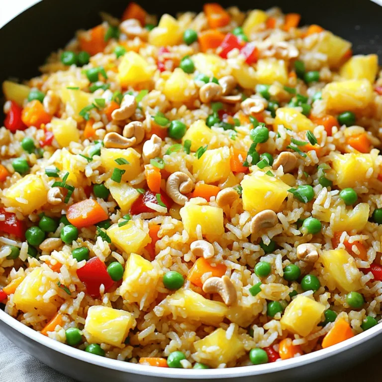 To make Hawaiian Pineapple Fried Rice, you need fresh and tasty ingredients. Here’s what you’ll need: - 2 cups cooked jasmine rice (preferably day-old) - 1 cup fresh pineapple, diced - 1/2 cup bell pepper, diced (red and yellow for color) - 1/2 cup peas and carrots (frozen is fine) - 1/2 cup green onions, sliced - 2 cloves garlic, minced - 2 tablespoons soy sauce - 1 tablespoon sesame oil - 1 tablespoon vegetable oil - 1/2 teaspoon ground ginger - 1/4 teaspoon black pepper - Optional: 1/4 cup cashews or macadamia nuts, chopped (for crunch) Each ingredient plays a key role in the dish. The cooked jasmine rice gives a fluffy base. The fresh pineapple adds sweetness and juiciness. Bell peppers bring color and crunch. Peas and carrots add a mix of flavors. Green onions provide a fresh finish. Garlic gives a lovely aroma. Soy sauce and sesame oil boost the umami. Ground ginger adds warmth, while black pepper gives a hint of spice. If you like crunch, add cashews or macadamia nuts. Using fresh ingredients makes all the difference. Each bite should feel bright and satisfying. Now, let’s gather these and get ready to cook! - Heating oil in skillet Start by heating 1 tablespoon of vegetable oil in a large skillet over medium-high heat. This oil will help cook the rice and veggies without sticking. - Sautéing garlic Next, add 2 cloves of minced garlic. Sauté for about 30 seconds. You want it fragrant but not browned. This gives your dish a great flavor base. - Cooking vegetables Now, stir in 1/2 cup of diced bell pepper, along with 1/2 cup of peas and carrots. Cook for 2 to 3 minutes. The veggies should soften but still keep some crunch. - Adding rice to skillet Here comes the fun part! Add 2 cups of cooked jasmine rice to your skillet. Break up any clumps as you stir it with the veggies. - Drizzling sauces Drizzle 1 tablespoon of sesame oil and 2 tablespoons of soy sauce over the rice. Sprinkle in 1/2 teaspoon of ground ginger and 1/4 teaspoon of black pepper. Mix everything well. - Folding in pineapple Gently fold in 1 cup of diced fresh pineapple and 1/2 cup of sliced green onions. Cook this mixture for an additional 3 to 4 minutes. Ensure everything is heated through and combined well. - Adding nuts (optional) If you like some crunch, mix in 1/4 cup of chopped cashews or macadamia nuts. This step is optional but adds a nice texture. - Adjusting seasoning Taste your fried rice and adjust the seasoning if needed. You might want more soy sauce or a pinch of salt. - Serving suggestions Serve the fried rice hot. You can garnish it with extra green onions or pineapple chunks for a fresh touch. Enjoy the burst of flavors! Using day-old rice is best for this dish. It stays firm and does not clump. Fresh rice can be too sticky, which makes it hard to fry. If you don't have day-old rice, spread fresh rice on a tray to cool. This helps it dry out a bit. You can also try brown rice for a healthier twist. It adds a nutty flavor. Quinoa is another option for a different texture. Just make sure to cook it first before adding it to the mix. To boost flavors, you can swap ingredients. Try using soy sauce with a bit of pineapple juice for a sweet twist. If you want a kick, add sriracha or chili flakes. This gives your dish some heat. You can also adjust spice levels to fit your taste. If you like it mild, use less black pepper. For more warmth, add extra ginger or garlic. These changes can make your dish unique to your liking. For serving, use colorful dishes. A bright plate makes the dish pop and look inviting. You can also serve it in a hollowed-out pineapple for a tropical vibe. This adds fun and style to your meal. Garnishing is key to a beautiful dish. Sprinkle more green onions or chopped nuts on top. You can also add a few pineapple chunks. This not only looks good but adds extra flavor too. {{image_2}} You can easily make Hawaiian pineapple fried rice vegetarian or vegan. Just omit all animal products. This means no meat, eggs, or dairy. For protein, use chickpeas, tofu, or tempeh. These options add texture and flavor. They also boost nutrition. Tofu can soak up the sauce well. Adding coconut can take this dish to the next level. You can use coconut milk for creaminess or shredded coconut for texture. Both options add a lovely tropical flavor. For more fruit, try mango or kiwi. These fruits bring sweetness and a bright color. You can mix the fruits in when you add the pineapple. You can cook this dish in a rice cooker if you want an easy method. Just add all the ingredients and let it do the work. It may take longer, but it saves time. If you prefer oven-baking, spread the rice mix in a baking dish. Bake at 350°F for about 20 minutes. This method gives you a crispy top layer. To keep your Hawaiian pineapple fried rice fresh, use proper storage methods. First, let the rice cool to room temperature. Then, transfer it to an airtight container. This helps prevent moisture loss and keeps it tasting great. You can store leftovers in the fridge for up to four days. If you want to save it longer, consider freezing it. When it’s time to enjoy your leftovers, use the best reheating methods. The microwave works well; just cover your bowl to keep moisture in. Stir the rice halfway through to ensure even heating. If you prefer the stovetop, heat a little oil in a pan and add the rice. This helps maintain the texture. To avoid sogginess, don’t add too much water when reheating. Freezing Hawaiian pineapple fried rice is easy. First, let it cool completely. Then, scoop it into freezer-safe bags or containers. Flatten the bags to save space and make thawing easier. When you're ready to eat it, thaw the rice overnight in the fridge. To reheat after freezing, use the microwave or stovetop method. Just remember to check for even heating throughout. Enjoy your tasty meal! You should use jasmine rice for Hawaiian fried rice. It has a soft and fluffy texture. Jasmine rice also has a lovely aroma. It helps soak up the flavors of the dish. You can also use basmati rice or long-grain rice if you prefer. Yes, you can prepare this dish ahead of time. Cook the rice and veggies, then store separately. Keep the rice in the fridge for up to three days. To reheat, use a skillet or microwave. Add a splash of water to keep the rice moist while heating. Absolutely! You can add shrimp, chicken, or tofu for protein. Cook your protein of choice first, then set it aside. After stir-frying the veggies and rice, fold in the cooked protein. This way, it warms up nicely without overcooking. Hawaiian Pineapple Fried Rice is easy and fun to make. You learned about key ingredients like jasmine rice and fresh pineapple. Following simple steps, you can cook tasty vegetables and combine flavors. Don’t forget to try different variations, like vegetarian or tropical options. Proper storage keeps leftovers fresh for later. Explore the tips shared for perfecting your dish. Enjoy this meal at any time. With a few tweaks, you can make it your own. Embrace your culinary skills and wow friends and family with this vibrant dish!