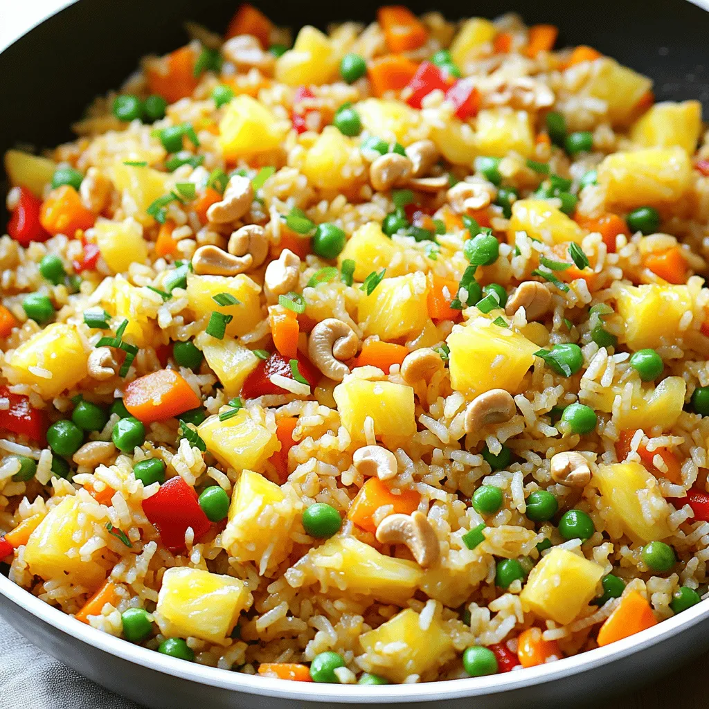 To make Hawaiian Pineapple Fried Rice, you need fresh and tasty ingredients. Here’s what you’ll need: - 2 cups cooked jasmine rice (preferably day-old) - 1 cup fresh pineapple, diced - 1/2 cup bell pepper, diced (red and yellow for color) - 1/2 cup peas and carrots (frozen is fine) - 1/2 cup green onions, sliced - 2 cloves garlic, minced - 2 tablespoons soy sauce - 1 tablespoon sesame oil - 1 tablespoon vegetable oil - 1/2 teaspoon ground ginger - 1/4 teaspoon black pepper - Optional: 1/4 cup cashews or macadamia nuts, chopped (for crunch) Each ingredient plays a key role in the dish. The cooked jasmine rice gives a fluffy base. The fresh pineapple adds sweetness and juiciness. Bell peppers bring color and crunch. Peas and carrots add a mix of flavors. Green onions provide a fresh finish. Garlic gives a lovely aroma. Soy sauce and sesame oil boost the umami. Ground ginger adds warmth, while black pepper gives a hint of spice. If you like crunch, add cashews or macadamia nuts. Using fresh ingredients makes all the difference. Each bite should feel bright and satisfying. Now, let’s gather these and get ready to cook! - Heating oil in skillet Start by heating 1 tablespoon of vegetable oil in a large skillet over medium-high heat. This oil will help cook the rice and veggies without sticking. - Sautéing garlic Next, add 2 cloves of minced garlic. Sauté for about 30 seconds. You want it fragrant but not browned. This gives your dish a great flavor base. - Cooking vegetables Now, stir in 1/2 cup of diced bell pepper, along with 1/2 cup of peas and carrots. Cook for 2 to 3 minutes. The veggies should soften but still keep some crunch. - Adding rice to skillet Here comes the fun part! Add 2 cups of cooked jasmine rice to your skillet. Break up any clumps as you stir it with the veggies. - Drizzling sauces Drizzle 1 tablespoon of sesame oil and 2 tablespoons of soy sauce over the rice. Sprinkle in 1/2 teaspoon of ground ginger and 1/4 teaspoon of black pepper. Mix everything well. - Folding in pineapple Gently fold in 1 cup of diced fresh pineapple and 1/2 cup of sliced green onions. Cook this mixture for an additional 3 to 4 minutes. Ensure everything is heated through and combined well. - Adding nuts (optional) If you like some crunch, mix in 1/4 cup of chopped cashews or macadamia nuts. This step is optional but adds a nice texture. - Adjusting seasoning Taste your fried rice and adjust the seasoning if needed. You might want more soy sauce or a pinch of salt. - Serving suggestions Serve the fried rice hot. You can garnish it with extra green onions or pineapple chunks for a fresh touch. Enjoy the burst of flavors! Using day-old rice is best for this dish. It stays firm and does not clump. Fresh rice can be too sticky, which makes it hard to fry. If you don't have day-old rice, spread fresh rice on a tray to cool. This helps it dry out a bit. You can also try brown rice for a healthier twist. It adds a nutty flavor. Quinoa is another option for a different texture. Just make sure to cook it first before adding it to the mix. To boost flavors, you can swap ingredients. Try using soy sauce with a bit of pineapple juice for a sweet twist. If you want a kick, add sriracha or chili flakes. This gives your dish some heat. You can also adjust spice levels to fit your taste. If you like it mild, use less black pepper. For more warmth, add extra ginger or garlic. These changes can make your dish unique to your liking. For serving, use colorful dishes. A bright plate makes the dish pop and look inviting. You can also serve it in a hollowed-out pineapple for a tropical vibe. This adds fun and style to your meal. Garnishing is key to a beautiful dish. Sprinkle more green onions or chopped nuts on top. You can also add a few pineapple chunks. This not only looks good but adds extra flavor too. {{image_2}} You can easily make Hawaiian pineapple fried rice vegetarian or vegan. Just omit all animal products. This means no meat, eggs, or dairy. For protein, use chickpeas, tofu, or tempeh. These options add texture and flavor. They also boost nutrition. Tofu can soak up the sauce well. Adding coconut can take this dish to the next level. You can use coconut milk for creaminess or shredded coconut for texture. Both options add a lovely tropical flavor. For more fruit, try mango or kiwi. These fruits bring sweetness and a bright color. You can mix the fruits in when you add the pineapple. You can cook this dish in a rice cooker if you want an easy method. Just add all the ingredients and let it do the work. It may take longer, but it saves time. If you prefer oven-baking, spread the rice mix in a baking dish. Bake at 350°F for about 20 minutes. This method gives you a crispy top layer. To keep your Hawaiian pineapple fried rice fresh, use proper storage methods. First, let the rice cool to room temperature. Then, transfer it to an airtight container. This helps prevent moisture loss and keeps it tasting great. You can store leftovers in the fridge for up to four days. If you want to save it longer, consider freezing it. When it’s time to enjoy your leftovers, use the best reheating methods. The microwave works well; just cover your bowl to keep moisture in. Stir the rice halfway through to ensure even heating. If you prefer the stovetop, heat a little oil in a pan and add the rice. This helps maintain the texture. To avoid sogginess, don’t add too much water when reheating. Freezing Hawaiian pineapple fried rice is easy. First, let it cool completely. Then, scoop it into freezer-safe bags or containers. Flatten the bags to save space and make thawing easier. When you're ready to eat it, thaw the rice overnight in the fridge. To reheat after freezing, use the microwave or stovetop method. Just remember to check for even heating throughout. Enjoy your tasty meal! You should use jasmine rice for Hawaiian fried rice. It has a soft and fluffy texture. Jasmine rice also has a lovely aroma. It helps soak up the flavors of the dish. You can also use basmati rice or long-grain rice if you prefer. Yes, you can prepare this dish ahead of time. Cook the rice and veggies, then store separately. Keep the rice in the fridge for up to three days. To reheat, use a skillet or microwave. Add a splash of water to keep the rice moist while heating. Absolutely! You can add shrimp, chicken, or tofu for protein. Cook your protein of choice first, then set it aside. After stir-frying the veggies and rice, fold in the cooked protein. This way, it warms up nicely without overcooking. Hawaiian Pineapple Fried Rice is easy and fun to make. You learned about key ingredients like jasmine rice and fresh pineapple. Following simple steps, you can cook tasty vegetables and combine flavors. Don’t forget to try different variations, like vegetarian or tropical options. Proper storage keeps leftovers fresh for later. Explore the tips shared for perfecting your dish. Enjoy this meal at any time. With a few tweaks, you can make it your own. Embrace your culinary skills and wow friends and family with this vibrant dish!