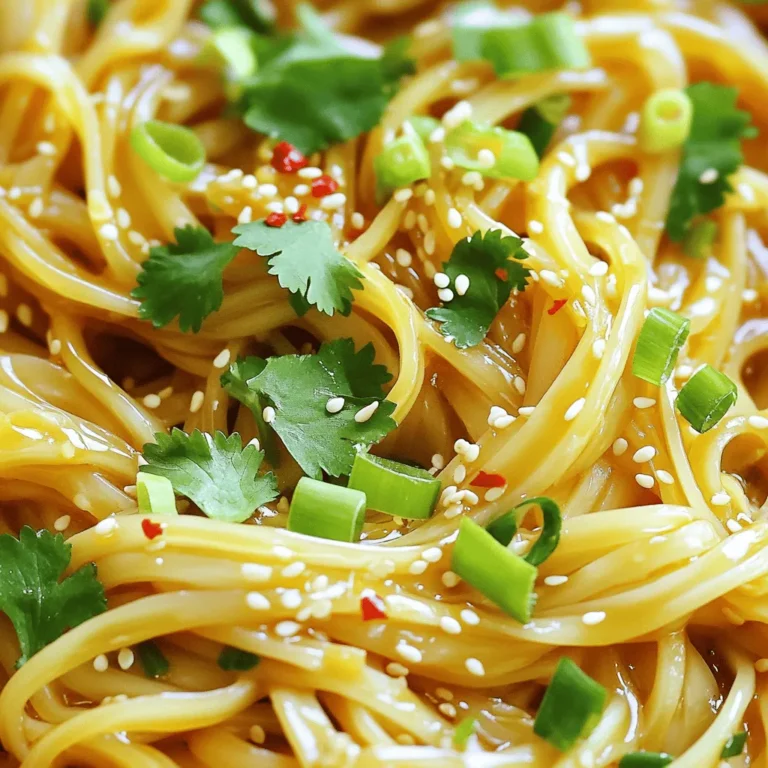 - 8 oz noodles (egg, udon, or rice) - 3 tablespoons sesame oil - 4 cloves garlic, minced - 1 tablespoon ginger, grated - 2 tablespoons soy sauce - 1 tablespoon chili paste - 1 tablespoon honey or maple syrup - 2 green onions, sliced - 1 tablespoon toasted sesame seeds - Fresh cilantro (optional) - Crushed red pepper flakes (optional) Gather these simple ingredients to make your spicy sesame garlic noodles. You can choose any noodle type you like. I often use egg noodles for a rich taste. The sesame oil adds a nice, nutty flavor. Garlic gives the dish its bold punch, while ginger adds warmth. Soy sauce brings in that umami kick, and chili paste gives it a spicy edge. Honey or maple syrup balances the heat with sweetness. Green onions and sesame seeds add a lovely finish, and fresh cilantro brightens the dish. If you enjoy heat, sprinkle on some crushed red pepper flakes. These ingredients come together quickly. You can make this dish in just 15 minutes. Keep these items on hand for a quick meal that’s packed with flavor. Start by boiling a large pot of water. When the water is bubbling, add 8 ounces of your favorite noodles, like egg, udon, or rice noodles. Cook them according to the package instructions, usually around 4 to 6 minutes. Once they are al dente, drain the noodles in a colander and set them aside for later. Next, grab a large skillet and heat 3 tablespoons of sesame oil over medium heat. Wait until the oil shimmers. Then, add 4 minced garlic cloves and 1 tablespoon of grated ginger. Sauté for 1 to 2 minutes until you smell a wonderful aroma. Be careful not to burn the garlic; it turns bitter fast. Stir it constantly to keep it from browning too much. Now, it’s time to make the sauce. In the same skillet, mix in 2 tablespoons of soy sauce, 1 tablespoon of chili paste, and 1 tablespoon of honey or maple syrup. Stir everything well and let it cook for about 2 minutes. This helps the flavors blend nicely. Add the cooked noodles to the skillet with the sauce. Toss the noodles well to ensure they are fully coated in the spicy garlic mixture. Cook for an additional minute, stirring all the time. This will heat everything together and make the noodles extra tasty. Remove the skillet from the heat. Add 2 sliced green onions and sprinkle 1 tablespoon of toasted sesame seeds on top. If you like more heat, toss in some crushed red pepper flakes for an extra kick. To serve, divide the spicy sesame garlic noodles into bowls or plates. If you want, add fresh cilantro as a garnish. Serve hot and enjoy your quick and delicious meal! - Best noodle types for this recipe: You can use egg, udon, or rice noodles. Each type adds its own charm. Egg noodles are rich and chewy. Udon noodles are thick and hearty. Rice noodles are light and gluten-free. Choose what you love best! - Ideal cooking times for different noodles: Follow the package instructions. For egg noodles, cook for about 4-5 minutes. Udon noodles take around 5-6 minutes. Rice noodles often need only 3-4 minutes. Always taste them for perfect doneness. - How to adjust spice level: If you want less heat, use less chili paste. A teaspoon or even half can work well. For more spice, add crushed red pepper flakes on top. You can also use a milder chili sauce for a different taste. - Tips for balancing flavors: Sweetness helps balance the heat. If it’s too spicy, add more honey or maple syrup. You can also add a splash of soy sauce for saltiness. Taste as you mix to find the right balance for your palate. - Plating techniques for an appealing look: Twirl the noodles with a fork or chopsticks. This creates a nice nest on the plate. Use a shallow bowl for an elegant look. - Garnishing ideas for color and texture: Top with sliced green onions and toasted sesame seeds. Fresh cilantro adds a pop of color. A sprinkle of crushed red pepper flakes gives a nice finish. Make it look as good as it tastes! {{image_2}} You can easily add protein to your spicy sesame garlic noodles. Here are some great options: - Chicken: Use diced chicken breast. Cook it for about 5-7 minutes, until it's no longer pink. - Tofu: Use firm tofu. Cut it into cubes and pan-fry for about 4-5 minutes until golden brown. - Shrimp: Add peeled shrimp. Cook for about 3-4 minutes, until they turn pink. These proteins will make the dish heartier and add more flavor. Adding vegetables can boost nutrition and flavor. Here are some tasty choices: - Bell Peppers: Chop into strips and sauté for 2-3 minutes. - Broccoli: Cut into small florets and add for the last 2-3 minutes of noodle cooking. - Carrots: Slice thinly and sauté for 2-3 minutes. Mix these veggies into the sauce and noodles to brighten the dish. You can change this dish for your dietary needs. Here are some ideas: - Gluten-Free: Use rice noodles or gluten-free noodles. They cook just like regular noodles. - Vegan Sweeteners: Swap honey for maple syrup or agave nectar. This keeps the dish vegan-friendly. These changes make the recipe fit various diets while keeping it delicious. To store your spicy sesame garlic noodles, place them in an airtight container. This keeps them fresh and tasty. Refrigerate the container right away. These noodles last about 3 to 4 days in the fridge. After that, they may lose flavor and texture. When reheating, use a skillet for the best results. Heat the skillet over medium heat and add a splash of water or oil. This keeps the noodles moist. Stir often to prevent sticking. You can also use a microwave. Place noodles in a bowl, cover with a damp paper towel, and heat in short bursts. This helps keep them soft. You can freeze spicy sesame garlic noodles, but they may lose some texture. To freeze, let the noodles cool completely. Then, place them in a freezer-safe bag. Remove any air before sealing. They can last up to 2 months in the freezer. When you're ready to eat, thaw in the fridge overnight. Reheat them gently to enjoy! Yes, you can use various noodles. I recommend egg noodles, udon, or rice noodles. Each type has its own texture and flavor. Egg noodles add richness, while udon gives a chewy bite. Rice noodles are light and perfect for this dish. Feel free to choose based on what you have or prefer! To reduce spice, simply cut down on the chili paste. Start with half a tablespoon and taste it. You can also add more honey or maple syrup. This will balance the heat with sweetness. Another option is to serve with a side of plain yogurt. It helps cool down the dish. These noodles pair well with light sides. Try a simple cucumber salad for crunch. You could also serve steamed broccoli or snap peas. For drinks, a cold iced tea or lemonade works nicely. They complement the flavors without overpowering them. Yes, you can prepare the noodles and sauce in advance. Cook the noodles and store them in the fridge. Keep the sauce in a separate container. When ready to eat, just heat them up together in a skillet. This makes for a quick meal on busy days! In this blog post, I shared how to make spicy sesame garlic noodles. You learned about key ingredients, from noodles to flavor boosters. I provided step-by-step cooking instructions and essential tips to ensure success. You also discovered variations to make it fit your tastes. Overall, this recipe offers a quick and delicious meal option. Enjoy customizing it and impress your family or guests with your skills. Happy cooking!