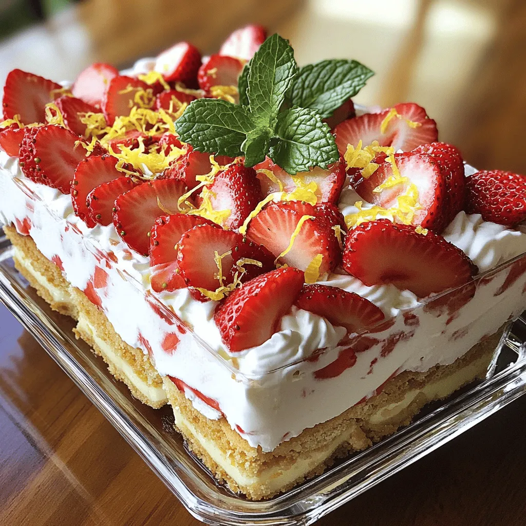 To make a delicious Strawberry Shortcake Icebox Cake, you need: - 2 cups fresh strawberries, hulled and sliced - 1 tablespoon granulated sugar (for strawberries) - 2 cups heavy whipping cream - 1/4 cup powdered sugar - 1 teaspoon vanilla extract - 1 package (10 oz) ladyfinger cookies or sponge cake slices - Zest of 1 lemon - Optional: Fresh mint leaves for garnish You can easily swap some ingredients if needed. - If fresh strawberries are not available, use frozen strawberries. Just thaw and drain them first. - You can replace heavy whipping cream with coconut cream for a dairy-free option. - Use gluten-free ladyfingers or sponge cake for a gluten-free version. - If you want less sugar, try using a sugar substitute in the whipped cream. Using fresh ingredients makes a big difference. Fresh strawberries taste sweeter and brighter. They add great texture and color to the cake. The heavy cream needs to be fresh, too, for the best whipped texture. When you use quality ingredients, your dessert tastes much better. Always choose the best you can find for this recipe! 1. Prepare the Strawberries: Take 2 cups of fresh strawberries. Hull and slice them. Place them in a medium bowl. Add 1 tablespoon of granulated sugar. Mix well. Let them sit for 15 to 20 minutes. This helps the strawberries release their sweet juices. 2. Make the Whipped Cream: In a large mixing bowl, pour in 2 cups of heavy whipping cream. Add 1/4 cup of powdered sugar and 1 teaspoon of vanilla extract. Use an electric mixer to whip the cream. Mix until soft peaks form. This should take about 3 to 5 minutes. 3. Layer the Cake: Get a large rectangular baking dish. Start by spreading a layer of whipped cream on the bottom. Now, place a layer of ladyfinger cookies or sponge cake slices over it. 4. Add Strawberries: Spoon a layer of the sugared strawberries over the cookies. Then, add another layer of whipped cream. Keep repeating the layers—cookies, strawberries, whipped cream—until you use all your ingredients. Finish with whipped cream on top. 5. Garnish: Sprinkle the zest of 1 lemon over the top layer of whipped cream. For a nice touch, add fresh mint leaves on top. 6. Chill: Cover the dish with plastic wrap. Refrigerate for at least 4 hours, or overnight. This helps the flavors blend and the cookies to soften. 7. Serve: Cut the cake into squares. Serve chilled. Each slice should have plenty of strawberries and cream. While I can't provide images or videos directly, I suggest looking for visuals that show each step. This will help you see how your layers should look. Check out online cooking sites or video platforms to find step-by-step guides. Watching someone else make the cake can give you great tips! - Use Fresh Items: Always use fresh strawberries and cream. This will enhance your cake's taste. - Don't Rush the Chilling: Let the cake chill overnight if you can. It makes a big difference in flavor. - Layer Evenly: Spread your whipped cream and strawberries evenly. This ensures every bite is balanced. - Get Creative: Feel free to add more layers if you have extra ingredients. Just make sure not to overfill the dish! - Garnish Well: The lemon zest and mint give a great look and taste. Don’t skip this step! To make the best whipped cream, start with cold heavy cream. Use a large bowl and a mixer. Beat the cream until soft peaks form. This means it will hold its shape but still be fluffy. Add powdered sugar and vanilla extract for sweetness. Mix until you see firm peaks. Don’t overbeat! You want it creamy, not grainy. One mistake is using warm cream. Always chill the bowl and beaters first. Another error is not letting the strawberries sit long enough. This step helps them release their tasty juices. Avoid adding too much sugar to the cream. It can mask the light flavor. Lastly, don’t rush the layering. Take your time to make neat layers. You can prepare this cake a day in advance. It needs time to chill and set. After you layer the cake, cover it tightly with plastic wrap. Place it in the fridge for at least four hours. For best results, let it chill overnight. The flavors blend well, and the cookies soften perfectly. {{image_2}} You can change the fruit in this cake. Try blueberries, raspberries, or peaches. Each fruit gives a new taste. You can mix fruits too, like strawberries and blueberries. This adds color and fun to your cake. Also, consider adding a splash of orange juice or almond extract for extra flavor. For a gluten-free version, use gluten-free ladyfinger cookies or sponge cake. You can find these in most stores. For dairy-free, swap heavy cream with coconut cream. Just chill it first, then whip it. It makes a light and tasty topping. Use dairy-free powdered sugar for sweetness. How you serve this cake can make it special. Use individual cups or jars for a fun look. Layer the cake in clear glasses, so the layers show. Add a drizzle of strawberry juice on top for color. A sprig of mint makes a lovely garnish. You can also sprinkle extra lemon zest for a bright touch. To keep your Strawberry Shortcake Icebox Cake fresh, cover it tightly with plastic wrap. This helps avoid any drying out. You can also use a lid if your dish has one. Store it in the fridge for best results. Always ensure it stays chilled to maintain the taste and texture. If you want to freeze this tasty cake, slice it first. Wrap each piece in plastic wrap and then in foil. This double layer protects the cake from freezer burn. You can freeze it for up to three months. When ready to eat, thaw it in the fridge overnight. This way, it stays moist and delicious. When stored in the fridge, this cake lasts about three days. After that, the cookies may get soggy, affecting the taste. If you freeze it, remember to eat it within three months for the best flavor. Always check for any changes in smell or look before enjoying your leftover treats. Yes, you can use frozen strawberries. Thaw them first and drain excess liquid. Frozen berries may be softer but still taste great. They can add a nice touch to your icebox cake. If you prefer fresh fruit, use that instead. Fresh strawberries are firmer and have a bright flavor. The cake lasts about 3 to 5 days in the fridge. Keep it covered with plastic wrap to prevent it from drying out. After a day, the cookies will soften more, which makes it even creamier. However, it’s best to enjoy it fresh for the best texture and taste. Yes, you can make this cake dairy-free. Use coconut cream instead of heavy cream. You can also find dairy-free whipped toppings. For the ladyfingers, check if you can find dairy-free options, or use sponge cake slices that fit your needs. This way, everyone can enjoy this delicious treat! This blog post covered everything you need to know about making the perfect strawberry shortcake icebox cake. We explored key ingredients and how to substitute them. I shared step-by-step instructions and helpful tips for great results. You learned about possible variations, storage tips, and answers to common questions. Get started creating your dessert masterpiece today. Enjoy experimenting with flavors and impress your friends!