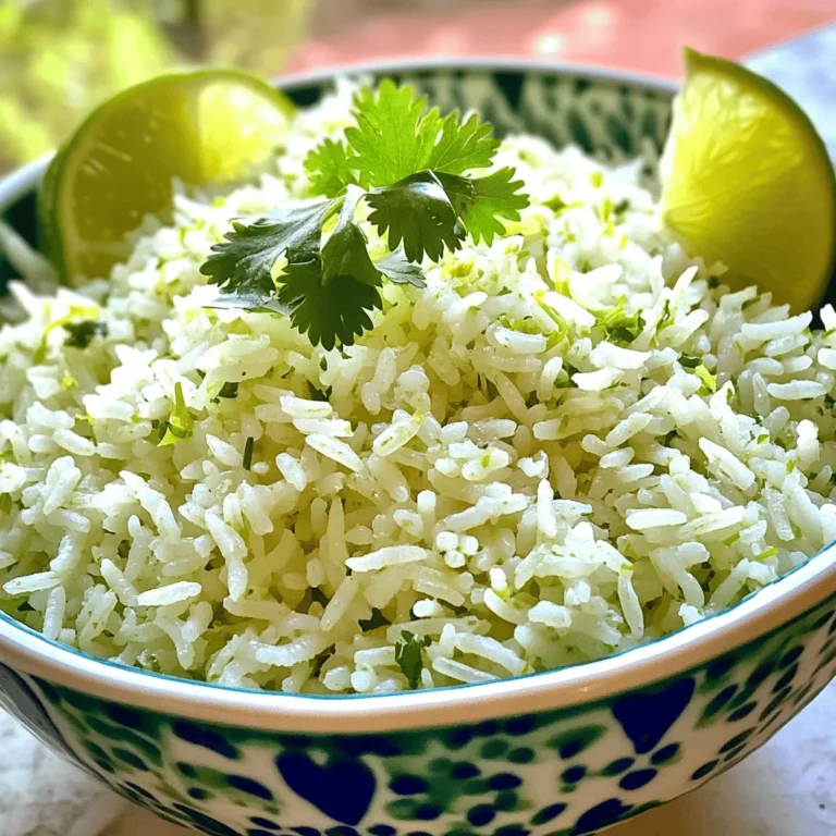 - 1 cup long-grain white rice - 2 cups vegetable broth - 1 lime (juice and zest) - 1/2 cup fresh cilantro, finely chopped - 1 tablespoon olive oil The base of this dish is long-grain white rice. It cooks up fluffy and absorbs flavors well. For the cooking liquid, I use vegetable broth. It adds depth and richness to the rice. Fresh cilantro gives the dish its signature flavor. Lime juice and zest bring in a bright, zesty note. Olive oil adds a nice touch of richness to the mix. - 1 teaspoon garlic powder - 1/2 teaspoon onion powder - Salt and pepper to taste Garlic powder and onion powder are key for flavor. They enhance the taste without being overpowering. Salt and pepper round out the seasoning. Use them to fit your taste. - Peppers - Corn - Black beans You can add peppers for a crunchy texture. Corn adds sweetness and color. Black beans provide protein and make the dish heartier. These add-ins allow you to customize the rice to your liking. - Rinse the rice: Start by rinsing 1 cup of long-grain white rice under cold water. This step helps remove excess starch. Keep rinsing until the water runs clear. Drain the rice well. - Dry the rice: After rinsing, let the rice sit for a moment to dry. This will help it toast better in the next step. - Toasting the rice: In a medium saucepan, heat 1 tablespoon of olive oil over medium heat. Add the rinsed rice and toast it for 2-3 minutes. Stir often until the rice turns slightly golden. This step adds depth to the flavor. - Adding broth and seasonings: Pour in 2 cups of vegetable broth. Add 1 teaspoon of garlic powder, 1/2 teaspoon of onion powder, and salt and pepper to taste. Stir the mixture well and bring it to a boil. - Simmering time: Once boiling, reduce the heat to low. Cover the saucepan and let it simmer for 15-18 minutes. Check that the rice is tender and all the liquid is absorbed. - Fluffing the rice: Remove the saucepan from heat. Use a fork to fluff the rice gently. This makes it light and airy. - Mixing in lime and cilantro: Add the juice and zest from 1 lime, along with 1/2 cup of finely chopped fresh cilantro. Mix gently until everything is combined. - Resting before serving: Cover the rice and let it rest for 5 minutes. This allows the flavors to meld together. Enjoy your vibrant, zesty cilantro lime rice! Using broth instead of water makes a big difference. Broth adds depth and richness to the rice. I always choose vegetable broth for this dish. It keeps the rice light and fresh. Adding lime zest brings a bright note to the rice. Zest gives you a more intense lime flavor. Just be sure to use a clean microplane or grater. This small step transforms a good dish into a great one. This recipe fits well for both vegan and vegetarian diets. The ingredients are plant-based and full of flavor. You can serve it with beans or veggies for added protein. For gluten-free needs, this rice is perfect. All ingredients are gluten-free, so enjoy without worry. Pair it with grilled chicken or fish for a complete meal. For the best results, use a medium saucepan with a lid. A heavy-bottomed pot helps cook the rice evenly. You can also use a non-stick pot to avoid sticking. If you have a rice cooker, use it! Just follow the same steps, but add everything to the cooker. Set it, and let it do the work. It’s a great time-saver and ensures fluffy rice every time. {{image_2}} You can spice up your cilantro lime rice in fun ways. First, try spicy cilantro lime rice. Add chopped jalapeños or a pinch of cayenne pepper. This gives it a nice kick that pairs well with tacos or grilled chicken. Next, consider coconut cilantro lime rice. Swap vegetable broth for coconut milk. This change adds a creamy texture and a hint of sweetness, making it a great side for seafood dishes. Zesty cilantro lime rice shines in many meals. It works great as a base for bowl meals. Layer it with black beans, roasted veggies, and avocado for a delicious and filling dish. You can also serve it as a side dish. Pair it with grilled meats or tacos. The bright flavors complement rich or spicy foods perfectly. You can adjust this dish for different seasons. In spring and summer, add fresh veggies like corn or diced bell peppers. Their crunch and color make the dish pop. For fall and winter, try adding roasted butternut squash or sweet potatoes. These ingredients add warmth and heartiness, perfect for cooler days. To store leftovers of zesty cilantro lime rice, place it in an airtight container. This keeps it fresh and free from odors. Let the rice cool before sealing it. You can store it in the fridge for up to four days. For best flavor, consume it within two days. If you want to freeze the rice, use a freezer-safe bag or container. Spread the rice out flat to freeze it quickly. This way, it also thaws faster. You can keep it frozen for up to three months. To thaw, move it to the fridge overnight before reheating. The best way to reheat the rice is in the microwave. Place it in a bowl and add a splash of water. Cover it with a lid or a damp paper towel. Heat in short bursts, stirring in between. This keeps the rice moist. You can also reheat it on the stove. Just add a bit of water and heat on low, stirring gently. This method helps keep the flavor intact. Making Zesty Cilantro Lime Rice takes about 30 minutes in total. You will spend 5 minutes preparing and 25 minutes cooking. You rinse the rice first, then toast it. After that, you simmer it in broth for 15 to 18 minutes. This cooks the rice until it is tender and absorbs all the flavors. Yes, you can use brown rice instead of white rice. Brown rice takes longer to cook. You will need to adjust the water amount and cooking time. Use 2 ½ cups of vegetable broth for 1 cup of brown rice. Cook it for about 40 to 45 minutes instead of 15 to 18 minutes. Check it often to see if it is tender. Cilantro Lime Rice pairs well with many dishes. It goes great with grilled chicken, shrimp, or fish. You can serve it with tacos or burritos for a fun twist. It also fits with beans, roasted veggies, or a fresh salad. Enjoy it as a side, and watch your meal come alive with flavor! In this article, we explored the essential ingredients for Zesty Cilantro Lime Rice, including rice, broth, and fresh herbs. I shared step-by-step cooking instructions and tips for enhancing flavor. You can also enjoy various serving suggestions and storage info to keep your rice fresh. Remember, this dish is versatile and can fit many diets. Whether you serve it as a side or a meal, your taste buds will thank you! Happy cooking and enjoy your culinary creations.