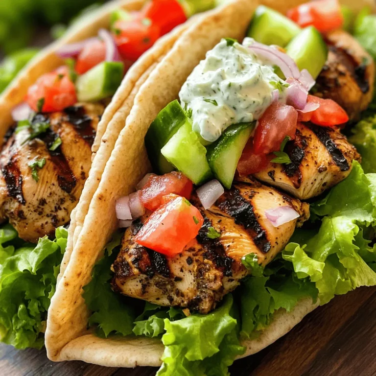- 1 lb boneless, skinless chicken thighs - 2 tablespoons olive oil - 3 cloves garlic, minced - 1 tablespoon dried oregano - 1 teaspoon paprika - 1 teaspoon cumin - Juice of 1 lemon - Salt and pepper, to taste - 4 whole wheat pita breads - 1 cup lettuce, shredded - 1 tomato, diced - 1 cucumber, diced - ½ red onion, thinly sliced - ½ cup tzatziki sauce (store-bought or homemade) You need chicken thighs for this recipe. They stay juicy and tender when cooked. The olive oil and spices add great flavor. You’ll mix garlic, oregano, paprika, and cumin to create a fragrant marinade. Lemon juice brightens the dish with a fresh taste. Fresh vegetables are key. Use crisp lettuce, juicy tomatoes, and cool cucumber. Red onion adds a nice crunch and flavor. Whole wheat pita breads make a great pocket for your filling. Tzatziki sauce brings everything together with its creamy texture. - Additional toppings: feta cheese, olives - Variations on tzatziki sauce For a twist, add feta cheese or olives. Feta gives a salty kick. Olives add a briny taste. You can also play with the tzatziki sauce. Try adding fresh herbs or spicy peppers for a new flavor. - Calories per serving: approximately 400 - Macronutrients breakdown: - Carbs: 35g - Fats: 18g - Proteins: 30g This meal is balanced and tasty. Each serving has about 400 calories. It offers a good mix of carbs, fats, and proteins. Enjoy this delicious Greek chicken gyro pita as a healthy meal option! To start, I mix the marinade. In a bowl, combine: - 2 tablespoons olive oil - 3 cloves garlic, minced - 1 tablespoon dried oregano - 1 teaspoon paprika - 1 teaspoon cumin - Juice of 1 lemon - Salt and pepper, to taste Stir this mix well. Next, add 1 pound of boneless, skinless chicken thighs. Coat the chicken evenly. Cover the bowl and let it chill in the fridge. I suggest marinating for at least 30 minutes. If you have time, marinate for up to 2 hours. This step adds great flavor. Now it’s time to grill. Preheat your grill or grill pan to medium heat. You want it hot but not too hot. Once ready, place the marinated chicken thighs on the grill. Cook them for about 5 to 7 minutes on each side. Check that the chicken reaches an internal temperature of 165°F. Once cooked, take the chicken off the grill. Let it rest for a few minutes before slicing it into strips. While the chicken rests, heat the pita breads. Place them on the grill for about 1 minute on each side. You want them warm and soft. Now, let’s assemble the gyros. Start with a generous amount of shredded lettuce on each pita. Next, add the sliced chicken. Then, top with diced tomatoes, cucumbers, and thinly sliced red onion. Finish with a dollop of tzatziki sauce. Fold the pita in half, wrapping it around the filling. Enjoy your tasty Greek Chicken Gyros! To make a great marinade, you can swap spices easily. Try fresh herbs like parsley for dried oregano. You can also use lime juice instead of lemon juice for a zesty twist. Marinate the chicken for at least 30 minutes. If you have time, aim for 2 hours to deepen the flavor. This makes the chicken more tasty and tender. Grilling chicken thighs can be simple if you follow these tips. First, make sure your grill is hot before adding the chicken. This helps keep the juices inside. Avoid overcooking the chicken. Check the meat after 5-7 minutes on each side. You want an internal temperature of 165°F. If you cook too long, the chicken can become dry. When serving Greek Chicken Gyros, think about great sides. A fresh Greek salad with cucumbers and olives pairs well. You can also serve crispy pita chips with hummus. For drinks, consider a light white wine or iced tea. These choices enhance the flavors of the gyros and make a lovely meal. {{image_2}} You can switch the chicken thighs for grilled chicken breast or turkey. Both options work great and keep the meal light. If you want a vegetarian choice, try falafel or grilled vegetables. These options add flavor and texture to your gyros. Don't hesitate to get creative with sauces. You can use ranch or hot sauce to spice things up. For extra crunch, add pickled vegetables like red onions or cucumbers. These small touches can elevate your gyro experience. If you want a gluten-free meal, use lettuce wraps instead of pita. This keeps the dish fresh and low in carbs. You can also choose alternative breads like almond flour or cauliflower pita. These options offer a healthier twist without losing flavor. First, let your leftover gyros cool down before storing. This step helps keep moisture in. After cooling, use airtight containers for storage. Avoid using the original packaging, as it may not seal well. Good storage ensures your meal stays fresh and tasty. When reheating the chicken, use a skillet on low heat. This method helps keep the chicken moist. Adding a splash of water can also help. For pita bread, you can heat it briefly in the oven or on the grill. Just one minute on each side will make it warm and soft again. To freeze gyros, wrap each one tightly in plastic wrap. Make sure no air can get in. You can also use freezer bags. Label them with the date. For the best taste, eat frozen gyros within three months. This way, you can enjoy a quick meal later! Yes, you can prepare Greek Chicken Gyros ahead of time. Marinate the chicken the night before. This allows the flavors to soak in. You can grill the chicken earlier too. Just slice it and store in the fridge. When you're ready to eat, heat the chicken and assemble the gyros. This saves time and still tastes fresh. To store tzatziki sauce, keep it in an airtight container. Place it in the fridge right after making it. It stays good for about three days. If you made too much, you can freeze it. Just remember to thaw it before use. Stir it well after thawing, as it may separate. You can add heat with jalapeños or chili flakes. Chopped jalapeños give a fresh kick. Mix them into the chicken marinade for spicy flavor. If you prefer, sprinkle chili flakes on top before serving. Adjust the amount to match your taste. This way, you can control the spice level. Yes, you can use other types of bread for gyros. Look for gluten-free or whole-grain pita breads. These alternatives can make the meal healthier. You can also try flatbreads or tortillas if you like. Each option can add its own twist to the gyros. Explore different breads to find your favorite! Greek Chicken Gyros offer a great mix of flavor, nutrition, and ease. We explored key ingredients, marinating tips, and grilling techniques. You can easily customize this dish with various toppings or alternatives. Whether you keep it simple or add twists, Greek Chicken Gyros will impress at any meal. Remember to store leftovers safely and reheat wisely for the best taste. Try these gyros for a delicious dinner tonight. Enjoy the journey of flavors and make it your own!