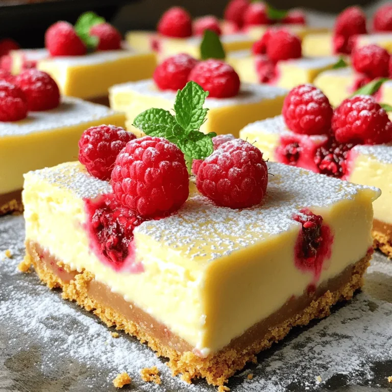 - 1 ½ cups graham cracker crumbs - 1/3 cup granulated sugar - ½ cup unsalted butter, melted - 2 (8-ounce) packages cream cheese, softened - 1 cup granulated sugar - 2 large eggs - 1 teaspoon vanilla extract - Zest of 1 lemon - 1/3 cup fresh lemon juice - 1 cup fresh raspberries (plus extra for topping) - 1/3 cup raspberry puree (fresh or frozen raspberries) Gathering the right ingredients is essential for perfect Lemon Raspberry Cheesecake Bars. Start with the crust. You'll need graham cracker crumbs, sugar, and melted butter. These create a sweet and buttery base. Next, focus on the filling. Cream cheese gives it a rich texture. Sugar adds sweetness, while eggs help it set. The lemon zest and juice bring a bright flavor. Fresh raspberries add a sweet-tart touch and color. Finally, for the swirl, use raspberry puree. You can make this from fresh or frozen raspberries. This adds a fruity burst to each bite. You can find these ingredients at your local grocery store. Make sure they are fresh for the best taste. This combination of ingredients makes the bars delightful and easy to prepare. - Preheat the oven to 350°F (180°C). - Line an 8x8 inch baking pan with parchment paper. - In a medium bowl, combine 1 ½ cups graham cracker crumbs and 1/3 cup granulated sugar. - Stir in ½ cup melted unsalted butter. Mix until combined. - Press the mixture firmly into the bottom of the pan. - In a large bowl, beat together 2 packages of softened cream cheese and 1 cup of sugar. - Add 2 large eggs, mixing well after each one. - Then add 1 teaspoon vanilla extract, zest of 1 lemon, and 1/3 cup fresh lemon juice. Mix until smooth. - Gently fold in 1 cup of fresh raspberries, being careful not to break them. - Pour the filling into the cooled crust and spread it evenly. - Drizzle 1/3 cup raspberry puree over the filling. - Use a knife to swirl the puree into the filling for a marbled look. - Bake for 25-30 minutes until the center is set and slightly jiggly. - Let the cheesecake cool at room temperature. - Refrigerate for at least 4 hours before serving. To make a great crust, use a measuring cup. Press the crust firmly and evenly into the pan. This helps it hold together well. After baking, let the crust cool slightly before you add the filling. This step keeps the layers from mixing. For the best swirl, use a skewer or a knife. This gives you clean lines in the cheesecake. Remember, don’t over-swirl. You want to keep the raspberry and lemon layers distinct. Too much swirling makes it look messy. When it’s time to serve, dust the bars with powdered sugar. This adds a sweet touch. You can also garnish with fresh mint leaves and raspberries. These simple additions make the bars look fancy and inviting. {{image_2}} You can change the flavor of your cheesecake bars. Try adding different berry purees, like strawberry or blueberry. Each adds a unique twist. You can also use different crust options. Oreo cookies or almond flour make tasty bases. Each variation gives the bars a new taste. Feel free to mix and match flavors! Want a lighter option? Substitute regular cream cheese with low-fat cream cheese. This keeps the taste, but cuts some calories. For a dairy-free version, use nut-based cream cheese or coconut cream. These options still taste great. You can enjoy cheesecake bars while meeting your dietary needs. Make these bars even more fun to eat! Try serving them in mini dessert cups. This is perfect for parties or gatherings. You can also create a layered dessert. Add a layer of whipped cream on top. This adds fluffiness and creaminess. Decorate with fresh raspberries for a pop of color! To keep your lemon raspberry cheesecake bars fresh, store them in an airtight container in the fridge. This helps maintain their creamy texture and delicious flavor. Make sure the bars are fully cooled before you cover them. They last well for up to five days in the refrigerator. You can freeze these cheesecake bars for later enjoyment. To freeze, cut them into squares and place them in a single layer on a baking sheet. Once they are frozen solid, wrap each piece in plastic wrap and put them in a freezer-safe bag. They will stay fresh for up to three months. When you’re ready to eat, thaw the bars in the fridge overnight for best results. This slow thaw helps keep them creamy and tasty. Enjoy your homemade treat any time! To check if the cheesecake is done, look for these signs: - The edges should be firm. - The center should be slightly jiggly. - It should not look wet or shiny on top. You can also use a toothpick. Insert it into the center; it should come out mostly clean. Remember, the cheesecake will set more as it cools. Yes, you can use frozen raspberries. They work just as well in this recipe. However, be prepared for a bit more moisture. Thaw the raspberries and drain any excess liquid before adding them to the filling. This will help keep the texture just right. These cheesecake bars pair well with several items. Here are some favorites: - Fresh whipped cream adds a light touch. - A scoop of vanilla ice cream gives a creamy contrast. - Mint leaves can brighten the plate. - Pair with a tangy lemonade or a cup of tea for a refreshing drink. You now know how to make delicious lemon raspberry cheesecake bars. We covered the essential ingredients, from the crust to the filling. I walked you through each step, ensuring you achieve a perfect bake. Remember to chill the cheesecake for at least four hours for the best flavor and texture. Feel free to experiment with different flavors or use creative serving ideas. With these tips, you’re ready to impress your friends and family. Enjoy your tasty treat and have fun in the kitchen!