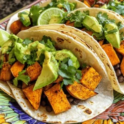 - 2 medium sweet potatoes, peeled and diced - 1 can (15 oz) black beans, rinsed and drained - 1 tablespoon olive oil - 1 teaspoon ground cumin - 1 teaspoon chili powder - 1/2 teaspoon smoked paprika - Salt and pepper to taste - 8 small corn tortillas - 1 avocado, sliced - 1/2 cup fresh cilantro, chopped - 1 lime, cut into wedges These ingredients make a tasty vegan dish. Sweet potatoes bring sweetness and fiber. Black beans add protein and a rich flavor. The spices give it a warm kick. Olive oil helps everything roast well. Corn tortillas hold all the goodness together. - Diced red onion - Feta cheese - Hot sauce These toppings can make your tacos even better. Diced red onion adds crunch. Feta cheese gives a salty touch. Hot sauce can spice things up. Feel free to mix and match your favorites. - Calories: 350 - Protein: 12g - Carbohydrates: 60g - Dietary Fiber: 15g - Fat: 10g This dish is not just tasty; it’s healthy too. Each serving gives you good energy. The fiber helps keep you full. It’s a great choice for everyone, even if you are not vegan. Start with two medium sweet potatoes. Peel them and dice them into small cubes. Place the cubes in a bowl. Drizzle one tablespoon of olive oil over the sweet potatoes. Next, add one teaspoon of ground cumin, one teaspoon of chili powder, and half a teaspoon of smoked paprika. Sprinkle in salt and pepper to taste. Toss everything together until the sweet potatoes are well coated with the spices. Preheat your oven to 400°F (200°C). Line a baking sheet with parchment paper to prevent sticking. Spread the sweet potato mixture in a single layer on the baking sheet. Roast them in the oven for 25 to 30 minutes, or until they are tender and slightly caramelized. Stir the sweet potatoes halfway through cooking for even roasting. While the sweet potatoes roast, open a can of black beans. Rinse and drain the beans in a colander. In a small saucepan, add the black beans and heat them over medium heat. Season the beans with a pinch of salt and pepper. Stir gently to warm them through. This should take about 5 minutes. Now it's time to build your tacos! Heat eight small corn tortillas in a dry skillet over medium heat for about 30 seconds on each side, until they are soft and pliable. On each tortilla, add a generous spoonful of roasted sweet potatoes. Next, add some black beans and a few slices of avocado. Top with fresh chopped cilantro. You can also add any optional toppings like diced red onion or feta cheese. Finally, squeeze fresh lime juice over the tacos just before serving. Enjoy! To make great tacos, start with fresh ingredients. Use ripe avocados and firm tortillas. Warm the tortillas in a dry skillet. This helps them stay soft and pliable. Don't skip the lime juice. It adds a bright flavor. If you like spice, add more chili powder to the sweet potatoes. Serve your tacos on a colorful platter. This makes the dish look fun and inviting. Add lime wedges and fresh cilantro for a pop of color. You can also serve these tacos with a side of salsa or guacamole. If you want extra crunch, try adding diced red onion as a topping. Roasting sweet potatoes brings out their natural sweetness. Cut them into small, even pieces for uniform cooking. Toss them well with olive oil and spices. Spread them out on the baking sheet. This helps them roast evenly. Stir them halfway through cooking to avoid burning. They should be tender and slightly browned when done. {{image_2}} These sweet potato black bean tacos are already vegan and gluten-free. The main ingredients, sweet potatoes and black beans, keep your meal plant-based. Use corn tortillas to ensure they stay gluten-free. You can enjoy this dish without worry about dietary restrictions. You can swap sweet potatoes for other root veggies, like butternut squash. If you want more protein, try adding lentils or chickpeas. For spices, you can switch chili powder with taco seasoning. This gives the dish a new twist. You can also use different beans, like pinto or kidney beans, if you prefer. Toppings make these tacos fun and tasty. Besides avocado and cilantro, try adding diced red onion for crunch. Feta cheese adds a creamy touch, but you can skip it for a vegan option. A drizzle of hot sauce brings heat, while lime juice brightens the flavors. You can even add fresh salsa or guacamole for extra flavor. To keep your sweet potato black bean tacos fresh, store them in an airtight container. Place any leftover tacos in the fridge for up to three days. If you like, separate the filling from the tortillas to prevent sogginess. This way, you can enjoy them later without losing texture. When you are ready to eat the leftovers, reheat the sweet potato and black bean filling in a pan over medium heat. Stir until warm. You can also microwave it for about one minute. Warm the corn tortillas in a dry skillet for about 30 seconds on each side. This helps them stay soft and tasty. If you want to freeze the ingredients, do it before cooking. Place the diced sweet potatoes and black beans in separate freezer bags. Label them with the date. They can last for up to three months in the freezer. When you are ready to use them, thaw them overnight in the fridge. Then, cook as usual for fresh tacos! Yes, you can make these tacos ahead of time. Prepare the sweet potatoes and black beans in advance. Store them in airtight containers in the fridge for up to three days. When you are ready to eat, warm them up and assemble the tacos. This makes it easy to enjoy a quick meal. You can use many types of beans in these tacos. Kidney beans, pinto beans, or navy beans work well. Each type brings a unique taste. Just make sure to rinse and drain the beans before use. This helps remove extra salt and keeps your dish fresh. To add some heat, use hot sauce or diced jalapeños as toppings. You can also add extra chili powder or cayenne pepper to the sweet potatoes before roasting. If you like it really spicy, try smoked chipotle powder. Adjust the spice level to fit your taste. Yes, sweet potatoes and black beans are very healthy together. Sweet potatoes are high in vitamins and fiber. Black beans provide protein and more fiber. Together, they create a filling meal that supports good health. This dish is perfect for a balanced diet. You learned how to make tasty sweet potato and black bean tacos. We covered the ingredients, step-by-step instructions, and helpful tips. You can enjoy these tacos with various toppings and swaps to fit your taste. Store leftovers easily, and feel free to prep ahead of time for quick meals. Remember, these tacos are not just delicious; they are healthy too. I'm excited for you to try this recipe. Enjoy every bite!