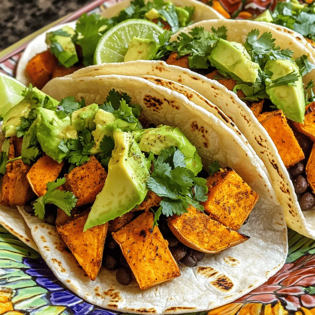 - 2 medium sweet potatoes, peeled and diced - 1 can (15 oz) black beans, rinsed and drained - 1 tablespoon olive oil - 1 teaspoon ground cumin - 1 teaspoon chili powder - 1/2 teaspoon smoked paprika - Salt and pepper to taste - 8 small corn tortillas - 1 avocado, sliced - 1/2 cup fresh cilantro, chopped - 1 lime, cut into wedges These ingredients make a tasty vegan dish. Sweet potatoes bring sweetness and fiber. Black beans add protein and a rich flavor. The spices give it a warm kick. Olive oil helps everything roast well. Corn tortillas hold all the goodness together. - Diced red onion - Feta cheese - Hot sauce These toppings can make your tacos even better. Diced red onion adds crunch. Feta cheese gives a salty touch. Hot sauce can spice things up. Feel free to mix and match your favorites. - Calories: 350 - Protein: 12g - Carbohydrates: 60g - Dietary Fiber: 15g - Fat: 10g This dish is not just tasty; it’s healthy too. Each serving gives you good energy. The fiber helps keep you full. It’s a great choice for everyone, even if you are not vegan. Start with two medium sweet potatoes. Peel them and dice them into small cubes. Place the cubes in a bowl. Drizzle one tablespoon of olive oil over the sweet potatoes. Next, add one teaspoon of ground cumin, one teaspoon of chili powder, and half a teaspoon of smoked paprika. Sprinkle in salt and pepper to taste. Toss everything together until the sweet potatoes are well coated with the spices. Preheat your oven to 400°F (200°C). Line a baking sheet with parchment paper to prevent sticking. Spread the sweet potato mixture in a single layer on the baking sheet. Roast them in the oven for 25 to 30 minutes, or until they are tender and slightly caramelized. Stir the sweet potatoes halfway through cooking for even roasting. While the sweet potatoes roast, open a can of black beans. Rinse and drain the beans in a colander. In a small saucepan, add the black beans and heat them over medium heat. Season the beans with a pinch of salt and pepper. Stir gently to warm them through. This should take about 5 minutes. Now it's time to build your tacos! Heat eight small corn tortillas in a dry skillet over medium heat for about 30 seconds on each side, until they are soft and pliable. On each tortilla, add a generous spoonful of roasted sweet potatoes. Next, add some black beans and a few slices of avocado. Top with fresh chopped cilantro. You can also add any optional toppings like diced red onion or feta cheese. Finally, squeeze fresh lime juice over the tacos just before serving. Enjoy! To make great tacos, start with fresh ingredients. Use ripe avocados and firm tortillas. Warm the tortillas in a dry skillet. This helps them stay soft and pliable. Don't skip the lime juice. It adds a bright flavor. If you like spice, add more chili powder to the sweet potatoes. Serve your tacos on a colorful platter. This makes the dish look fun and inviting. Add lime wedges and fresh cilantro for a pop of color. You can also serve these tacos with a side of salsa or guacamole. If you want extra crunch, try adding diced red onion as a topping. Roasting sweet potatoes brings out their natural sweetness. Cut them into small, even pieces for uniform cooking. Toss them well with olive oil and spices. Spread them out on the baking sheet. This helps them roast evenly. Stir them halfway through cooking to avoid burning. They should be tender and slightly browned when done. {{image_2}} These sweet potato black bean tacos are already vegan and gluten-free. The main ingredients, sweet potatoes and black beans, keep your meal plant-based. Use corn tortillas to ensure they stay gluten-free. You can enjoy this dish without worry about dietary restrictions. You can swap sweet potatoes for other root veggies, like butternut squash. If you want more protein, try adding lentils or chickpeas. For spices, you can switch chili powder with taco seasoning. This gives the dish a new twist. You can also use different beans, like pinto or kidney beans, if you prefer. Toppings make these tacos fun and tasty. Besides avocado and cilantro, try adding diced red onion for crunch. Feta cheese adds a creamy touch, but you can skip it for a vegan option. A drizzle of hot sauce brings heat, while lime juice brightens the flavors. You can even add fresh salsa or guacamole for extra flavor. To keep your sweet potato black bean tacos fresh, store them in an airtight container. Place any leftover tacos in the fridge for up to three days. If you like, separate the filling from the tortillas to prevent sogginess. This way, you can enjoy them later without losing texture. When you are ready to eat the leftovers, reheat the sweet potato and black bean filling in a pan over medium heat. Stir until warm. You can also microwave it for about one minute. Warm the corn tortillas in a dry skillet for about 30 seconds on each side. This helps them stay soft and tasty. If you want to freeze the ingredients, do it before cooking. Place the diced sweet potatoes and black beans in separate freezer bags. Label them with the date. They can last for up to three months in the freezer. When you are ready to use them, thaw them overnight in the fridge. Then, cook as usual for fresh tacos! Yes, you can make these tacos ahead of time. Prepare the sweet potatoes and black beans in advance. Store them in airtight containers in the fridge for up to three days. When you are ready to eat, warm them up and assemble the tacos. This makes it easy to enjoy a quick meal. You can use many types of beans in these tacos. Kidney beans, pinto beans, or navy beans work well. Each type brings a unique taste. Just make sure to rinse and drain the beans before use. This helps remove extra salt and keeps your dish fresh. To add some heat, use hot sauce or diced jalapeños as toppings. You can also add extra chili powder or cayenne pepper to the sweet potatoes before roasting. If you like it really spicy, try smoked chipotle powder. Adjust the spice level to fit your taste. Yes, sweet potatoes and black beans are very healthy together. Sweet potatoes are high in vitamins and fiber. Black beans provide protein and more fiber. Together, they create a filling meal that supports good health. This dish is perfect for a balanced diet. You learned how to make tasty sweet potato and black bean tacos. We covered the ingredients, step-by-step instructions, and helpful tips. You can enjoy these tacos with various toppings and swaps to fit your taste. Store leftovers easily, and feel free to prep ahead of time for quick meals. Remember, these tacos are not just delicious; they are healthy too. I'm excited for you to try this recipe. Enjoy every bite!