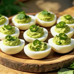- 6 large eggs - 1 ripe avocado - 1 tablespoon Greek yogurt - 1 teaspoon Dijon mustard - 1 teaspoon lime juice - Salt and pepper to taste - 1 small jalapeño, finely diced (optional) - Fresh cilantro for garnish To make Avocado Deviled Eggs, start with these key items. The eggs form the base. They hold the creamy filling that I love. Use large eggs for the best results. A ripe avocado is essential. It brings a rich, buttery flavor. Make sure it’s soft to the touch, but not mushy. Greek yogurt adds creaminess and a bit of tang. Dijon mustard gives a slight kick. Lime juice brightens the mix and adds freshness. For the extra touch, add salt and pepper to taste. If you want heat, the jalapeño is perfect. Dicing it finely helps spread the flavor evenly. Finally, fresh cilantro makes a lovely garnish. It adds color and fresh taste. These ingredients come together to create a delightful dish. You will impress your guests with this creamy treat. To boil eggs perfectly, start by placing six large eggs in a medium saucepan. Cover them with water. Bring the water to a boil over medium-high heat. Once the water boils, cover the pot and remove it from the heat. Let the eggs sit in the hot water for 12 minutes. This method helps create firm yet tender yolks. After the time is up, carefully drain the hot water. Transfer the eggs into an ice bath for about five minutes. This cools them down quickly and makes peeling easier. The ice bath helps prevent a green ring from forming around the yolk. Once the eggs are cool, gently crack them and peel under running water. This trick helps remove the shell without damage. Cut each egg in half lengthwise. Scoop the yolks into a mixing bowl and place the egg whites on a serving plate. Now, it’s time to prepare the filling. Add one ripe avocado, one tablespoon of Greek yogurt, one teaspoon of Dijon mustard, one teaspoon of lime juice, and salt and pepper to taste. If you want some heat, mix in one small diced jalapeño. Mash the mixture until smooth and creamy. Achieving the right consistency is key; it should be rich but not too thick. You can fill the egg whites using a spoon or a piping bag. A piping bag gives a nicer look, but a spoon works just fine too. If you’re using a spoon, be gentle to avoid breaking the egg whites. For a pretty presentation, garnish with fresh cilantro leaves. The green color pops and adds a fresh flavor. Arrange the filled eggs on a plate to serve. Enjoy your creamy avocado deviled eggs! When selecting avocados, look for ones that feel slightly soft. They should yield to gentle pressure. Avoid ones with dark spots or hard skin. A ripe avocado makes the filling creamy and rich. For dietary needs, you can swap Greek yogurt for mashed tofu. This keeps the dish plant-based. You can also use mayo for a classic taste. Adjust seasonings based on your taste preferences. To impress at gatherings, arrange the eggs on a colorful platter. You can use a piping bag for neat filling. Garnish with fresh cilantro for bright color. Serve with tortilla chips for a fun crunch. Pair these treats with fresh veggies or a light salad. They also go well with a glass of iced tea. Feel free to add a sprinkle of smoked paprika for extra flavor. {{image_2}} To make your avocado deviled eggs spicy, add more jalapeños. You can also try spicy seasonings. A pinch of cayenne or chili powder gives great heat. Mix these with the avocado filling for a delightful kick. Adjust the heat based on your taste. If you love spice, feel free to double the jalapeños! To create a vegan-friendly version, substitute Greek yogurt with plant-based options. You can use vegan yogurt or mashed silken tofu instead. Both will keep your filling creamy and smooth. This way, you can enjoy the same tasty flavors without dairy. Add a splash of lemon juice to brighten it up! Explore various herbs and spices to create unique flavors. Fresh herbs like dill, parsley, or chives add freshness. Try using smoked paprika for a deep flavor. If you enjoy a hint of garlic, mix in some garlic powder. Each combination brings its own twist to this classic dish. Feel free to get creative! To keep your avocado deviled eggs fresh, store them in an airtight container. Place a piece of plastic wrap directly on the eggs to prevent browning. This method retains their creamy texture and bright color. If you have leftover filling, store it separately. It can stay fresh for a day or two if well-sealed. Can you freeze avocado deviled eggs? No, I do not recommend freezing them. Freezing alters their texture and flavor. The avocado will turn brown, and the eggs may become watery upon thawing. If you want to prepare in advance, consider freezing only the filling. Place it in a freezer-safe bag. When ready to use, thaw it in the fridge overnight. Reheat gently before filling the egg whites. This way, you can enjoy fresh-tasting avocado deviled eggs without the hassle on serving day. Avocado deviled eggs stay fresh for up to three days in the fridge. Store them in an airtight container to keep them safe. If you see any browning on the avocado, it’s best to eat them sooner. Enjoy them while they are still creamy and delicious. Yes, you can make deviled eggs ahead of time. Prepare the eggs and filling, then store the egg whites and filling separately. This keeps the egg whites from getting soggy. You can mix the filling and fill the eggs just before serving. This way, they taste fresh and look great. If you want a different option, you can use sour cream or mayonnaise. Both add creaminess to the filling. If you want a dairy-free choice, try avocado or hummus. Each alternative gives a unique taste while keeping the texture smooth. You learned how to make avocado deviled eggs, a great twist on a classic dish. We covered ingredients, steps, and tips for perfect results. Remember to choose ripe avocados and think about flavors you like. Try variations to suit your taste, and don’t be afraid to get creative. These eggs are tasty and can impress your guests. Keep your leftovers fresh with proper storage, and enjoy this fun recipe anytime.