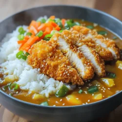 - 2 boneless, skinless chicken breasts - Salt and pepper, to taste - 1 cup all-purpose flour - 2 large eggs, beaten - 1 cup panko breadcrumbs - Vegetable oil, for frying To make great chicken katsu, you need fresh chicken breasts. Salt and pepper add flavor. All-purpose flour makes a dry coating. The eggs help the breadcrumbs stick. Panko breadcrumbs give a crispy texture when fried. Make sure you have enough vegetable oil to fry evenly. - 1 tablespoon sesame oil - 1 onion, finely chopped - 2 carrots, diced - 2 cloves garlic, minced - 1 tablespoon ginger, minced - 1 tablespoon curry powder - 4 cups chicken broth - 1 tablespoon soy sauce - 1 tablespoon honey For the curry sauce, sesame oil adds a rich flavor. Use a finely chopped onion for sweetness. Diced carrots bring color and crunch. Garlic and ginger add depth. Curry powder gives it that unique taste. Chicken broth makes the sauce rich and hearty. Soy sauce adds umami, while honey balances the flavors. - Cooked jasmine rice, for serving - Chopped green onions, for garnish - Sesame seeds, for garnish Serve your katsu curry with cooked jasmine rice. It soaks up the curry sauce. Chopped green onions add freshness. A sprinkle of sesame seeds gives a nice crunch. These garnishes make your dish look and taste amazing. First, take the chicken breasts and season them with salt and pepper. This step adds flavor. Then, place the chicken in a plastic bag and pound it gently. Make sure each piece is an even thickness. This helps the chicken cook evenly and stay juicy. Next, set up a breading station. You will need three shallow dishes. Fill the first dish with flour. In the second dish, beat two large eggs. In the third dish, pour in panko breadcrumbs. Take one chicken breast, dredge it in the flour, and shake off the excess. Then, dip it in the beaten eggs. Finally, coat it well with panko. Repeat this for each chicken breast. Now, heat vegetable oil in a large skillet over medium heat. You want enough oil to cover the bottom of the skillet. Once it is hot, carefully add the breaded chicken breasts. Cook them for about 3-4 minutes on each side. Look for a golden brown color. When done, remove the chicken and place it on a paper towel-lined plate. This drains excess oil and keeps it crispy. In the same skillet, lower the heat and add a tablespoon of sesame oil. Then, add a finely chopped onion and diced carrots. Sauté these for about 5 minutes until they soften. Next, stir in minced garlic and ginger, cooking for one more minute. Sprinkle in the curry powder and stir for about 30 seconds. This step releases the spice's fragrance. Now, pour in four cups of chicken broth, soy sauce, and honey. Stir well and bring it to a simmer. Let it cook for about 10 minutes. This allows all the flavors to meld together. To serve, take a deep plate and add a portion of cooked jasmine rice. Lay slices of the crispy chicken katsu on top. Then, ladle the curry sauce generously over the chicken. For a fun garnish, sprinkle chopped green onions and sesame seeds on top. This dish looks great and tastes even better! To make the best crispy chicken katsu, start with the right chicken. Use boneless, skinless chicken breasts. Pound them to an even thickness for even cooking. Season them well with salt and pepper for great flavor. Set up a breading station with flour, beaten eggs, and panko breadcrumbs. Dredge the chicken in flour first. Then dip it in eggs and coat with panko. The panko gives a lovely crunch. Fry the chicken in hot vegetable oil until golden brown. Drain it on a paper towel to keep it crispy. For a rich curry flavor, sauté onions and carrots first. This brings out their natural sweetness. Add minced garlic and ginger next. These ingredients add depth. Don’t skip the curry powder; it’s key. Toast it briefly in the pan to boost its flavor. Then, pour in chicken broth, soy sauce, and honey. The honey adds a hint of sweetness that balances the spices. Simmer the sauce for about 10 minutes. This allows all the flavors to meld beautifully. Use medium heat when frying chicken. High heat can burn the coating before the chicken cooks through. Monitor the oil temperature closely. If the oil is too hot, the coating will brown too fast. If it's too cool, the chicken will soak up oil and become greasy. For the curry, let it simmer gently. This helps the flavors develop and keeps the sauce nice and smooth. Serve the katsu over jasmine rice, letting the curry pool around it. This adds to the dish's visual appeal and flavor. {{image_2}} You can switch up the chicken for other proteins. Try using pork or fish. Both options offer great flavors and textures. For a vegetarian choice, use firm tofu. Slice it into thick pieces and follow the same breading steps. Tofu absorbs flavors well, making it a tasty option. Just remember to press it first to remove excess water. While traditional curry sauce is delicious, you can explore other flavors. Try adding coconut milk for a creamier texture. This adds a sweet note that balances the spices. You can also use different curry pastes like red or green curry paste. Each adds a unique twist to the dish. Don't hesitate to mix in vegetables like bell peppers or peas for added nutrition and color. Serve your crispy chicken katsu curry over warm jasmine rice. This rice soaks up the sauce nicely. You can also try serving it with udon noodles for a fun twist. On the side, consider a simple salad with cucumber and radish. This adds crunch and freshness. For a drink, serve with green tea or a light beer. These options complement the flavors perfectly. To keep your leftover chicken katsu fresh, place it in an airtight container. Make sure it cools to room temperature before sealing it. This helps avoid sogginess. Store it in the fridge for up to three days. If you want to keep it longer, you can freeze it. Just wrap each piece in plastic wrap and place it in a freezer bag. Chicken katsu can last up to three months in the freezer. For the curry sauce, let it cool down before storing. Pour it into a separate airtight container. It can stay in the fridge for about four days. If you have extra sauce, consider freezing it. Use ice cube trays to freeze small portions. Once frozen, transfer the cubes to a freezer bag. This makes it easy to use later. When reheating chicken katsu, the oven is best. Preheat your oven to 375°F (190°C). Place the chicken on a baking sheet. Bake for about 10-15 minutes. This keeps it crispy. For the curry sauce, heat it in a saucepan over low heat. Stir it often to avoid burning. If it’s too thick, add a splash of water or broth. Enjoy your reheated meal just like it was fresh! Yes, you can use an air fryer. Preheat the air fryer to 375°F (190°C). Lightly spray the breaded chicken with oil. Place them in the air fryer basket. Cook for about 10-12 minutes, flipping halfway through. This method gives you a crispy texture with less oil. If you can’t find panko, use regular breadcrumbs. You can also crush crackers or cornflakes for a crunchy coating. Just make sure the texture is coarse to keep that crispy finish. To make the curry sauce vegetarian, simply swap chicken broth for vegetable broth. You can also add extra vegetables like potatoes or peas for more flavor. This keeps the dish hearty and satisfying without meat. Yes, this recipe is great for meal prep. You can cook the chicken katsu and curry sauce ahead of time. Store them separately in airtight containers. When ready to eat, just reheat and serve over jasmine rice. Serve your Chicken Katsu Curry with cooked jasmine rice. You can also add a side salad or pickled vegetables. These add freshness and balance the flavors of the rich curry. In this blog post, I covered how to make Chicken Katsu Curry. We explored the main ingredients, the step-by-step instructions, and helpful tips for perfect results. I also included fun variations and storage info to keep your meal fresh. Remember, practice makes perfect. You can adjust flavors and sides to boost your dish. I hope you feel ready to try this delicious recipe at home. Enjoy every bite of your Chicken Katsu Curry!