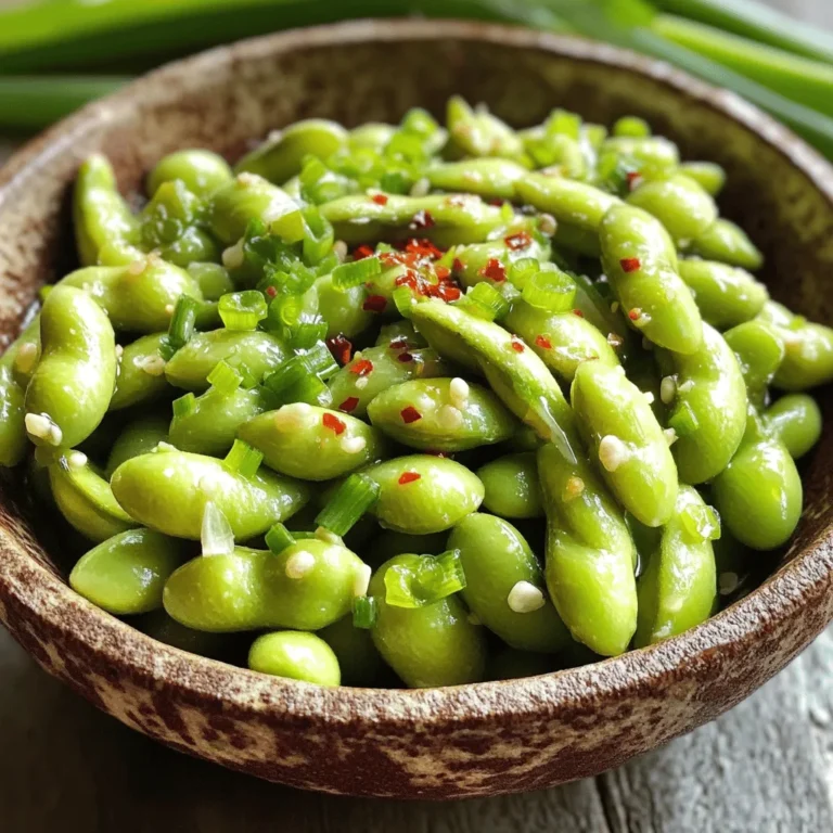 - 2 cups fresh or frozen edamame in pods - 4 cloves garlic, minced - 2 tablespoons olive oil - 1 teaspoon red pepper flakes (adjust for spiciness) - 1 tablespoon soy sauce (low sodium recommended) - 1 teaspoon sesame oil - Sea salt to taste - Chopped green onions for garnish You can use fresh or frozen edamame. Fresh edamame gives a nice crunch. Frozen is quick and easy. If you want less salt, choose low-sodium soy sauce. For a nutty flavor, try using peanut oil instead of olive oil. If you like heat, add more red pepper flakes. To switch it up, use minced ginger for a fresh taste. When choosing fresh edamame, look for bright green pods. They should feel firm and plump. Avoid pods with browning or spots. When buying frozen edamame, check the package for a good seal. This helps ensure freshness. Always check the expiration date. Fresh edamame is best when used within a few days. To start, you need to cook the edamame. If you use frozen edamame, follow the package instructions. If you choose fresh edamame, boil salted water in a pot. Add the pods and cook for about 5 minutes. The beans should turn bright green and be tender. Once cooked, drain the edamame and set them aside. This step is key to getting that perfect bite. Next, grab a large skillet and heat olive oil over medium heat. Add the minced garlic and sauté it for about 1 minute. Stir often so the garlic becomes fragrant and lightly golden. Be careful not to burn the garlic, as burnt garlic can ruin your dish. After that, add red pepper flakes. Cook this for another 30 seconds to bring out the spice flavors. Now it's time to mix everything. Add the cooked edamame to the skillet. Toss it well with the garlic and oil. Pour in the soy sauce and sesame oil, and mix thoroughly. Let it cook for another 2-3 minutes. This allows the edamame to soak up the delicious flavors. Finally, season with sea salt to taste. Serve in a bowl and garnish with chopped green onions for a fresh touch. Enjoy your tasty snack! To get the best flavor in your spicy garlic edamame, use fresh garlic. Fresh garlic gives a stronger taste than dried. Use just enough red pepper flakes to suit your spice level. Start with one teaspoon and adjust based on your taste. The soy sauce adds umami, so don't skip it. It enhances the dish and ties all the flavors together. Spicy garlic edamame makes a great snack or appetizer. Serve it warm in a cute bowl. Pair it with drinks like beer or iced tea. You can also serve it with sushi or rice dishes. For a fun twist, try it with a side of spicy mayo or soy sauce for dipping. The options are endless! One common mistake is overcooking the garlic. You want it just golden, not brown. If it burns, it will taste bitter. Another mistake is not seasoning enough. Be sure to taste and add sea salt to your liking. Lastly, don’t skip the green onions for garnish. They add a fresh crunch and lovely color to your dish. {{image_2}} You can spice up your edamame with more than just red pepper flakes. Try using cayenne pepper for a hotter kick. You could also add chili powder for a smoky flavor. If you want to keep it unique, toss in some sriracha sauce while cooking. This will give your dish a sweet and spicy profile. This recipe is already vegan-friendly, but you can switch out the soy sauce. Use tamari for a gluten-free option. You could also use coconut aminos, which adds a sweet touch. These swaps keep the dish tasty while meeting dietary needs. Edamame is great on its own, but you can elevate it with dips. Serve with a soy sauce dip mixed with lime juice. This adds a zesty twist. You might also try a spicy mayo or a sesame dipping sauce. These options enhance the flavor and make snacking even more fun. To store leftover edamame, let it cool first. Place it in an airtight container. Seal it well to keep the flavors fresh. Store it in the fridge for up to three days. If you don't eat it all, you can use it later. To reheat your edamame, you can use a skillet or the microwave. If using a skillet, heat it on medium. Add a touch of olive oil for flavor. Stir until it is warm, about 3-5 minutes. For the microwave, place it in a bowl and cover it. Heat for 1-2 minutes. Stir halfway for even warmth. This keeps the taste intact and delicious. Freezing edamame is easy and great for future snacks. First, cook the edamame as you like. Let it cool completely. Then, place it in a freezer bag. Remove as much air as possible before sealing. Label the bag with the date. You can freeze edamame for up to six months. When you're ready to eat it, just reheat from frozen. It will still taste great! Yes, you can use frozen edamame. Frozen edamame is easy to find. It cooks quickly and tastes great. Just follow the package instructions to cook it until tender. Edamame is packed with protein and fiber. It supports muscle growth and keeps you full. This snack is low in calories and rich in vitamins. Edamame also has antioxidants that help fight free radicals. Eating edamame can be a smart choice for your health. You can easily change the spice level. To make it milder, use less red pepper flakes. For more heat, add more flakes or a dash of hot sauce. Taste as you go to find your perfect level. This blog post covered essential ingredients, tips for preparation, and serving ideas for edamame dishes. We explored ingredient notes, cooking steps, and ways to enhance flavors. Remember to choose fresh edamame for the best taste. Avoid common mistakes, and try fun variations to keep meals exciting. Storing and reheating leftovers properly ensures you enjoy every bite. Embrace these tips to create tasty edamame dishes. You won’t regret it! Enjoy your cooking journey and share it with others.