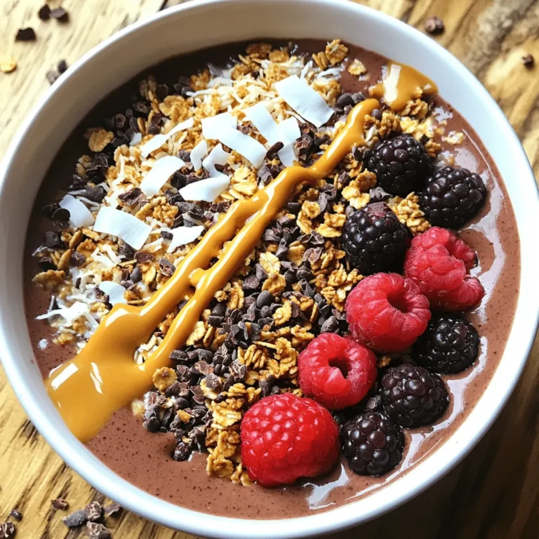 - 1 frozen banana - 1 cup unsweetened almond milk (or any milk of choice) - 2 tablespoons unsweetened cocoa powder - 2 tablespoons natural peanut butter - 1 tablespoon maple syrup (optional, for added sweetness) - 1/2 teaspoon vanilla extract - 1/4 cup granola - 1/4 cup fresh berries (strawberries, blueberries, or raspberries) - Shredded coconut and cacao nibs for topping (optional) This Chocolate Peanut Butter Smoothie Bowl is rich in nutrients. Each serving has about: - Calories: 400 - Protein: 10g - Carbohydrates: 50g - Fiber: 8g - Sugars: 20g - Fats: 18g - Frozen banana: This fruit is a great source of potassium. It adds natural sweetness and a creamy texture. - Almond milk: It is low in calories and lactose-free. It is a good alternative to cow's milk. - Cocoa powder: This ingredient is full of antioxidants. It can boost your mood and heart health. - Peanut butter: It offers healthy fats and protein. It helps keep you full longer. - Maple syrup: This natural sweetener has minerals like manganese and zinc. Use it sparingly for sweetness. - Granola: It adds crunch and fiber. Look for low-sugar options for a healthier choice. - Fresh berries: These fruits are packed with vitamins and antioxidants. They add color and flavor to your bowl. - Shredded coconut and cacao nibs: These toppings add texture and taste. They provide healthy fats and extra antioxidants. Using these ingredients, you create a tasty and healthy meal that fuels your day. 1. Start by gathering all your ingredients. You need a frozen banana, almond milk, cocoa powder, peanut butter, maple syrup, and vanilla extract. 2. Place the frozen banana into your blender. Add one cup of almond milk next. 3. Then, add two tablespoons of unsweetened cocoa powder. This gives your bowl that rich chocolate flavor. 4. Now, add two tablespoons of natural peanut butter. This adds creaminess and that yummy nutty taste. 5. If you like it sweeter, drizzle in one tablespoon of maple syrup. This is optional. 6. Finally, add a half teaspoon of vanilla extract for a warm flavor boost. 7. Blend all the ingredients until smooth and creamy. This should take about 30 seconds. 8. Check the mix. If it’s too thick, pour in a little more almond milk. You want it thick enough to scoop. - For the best results, start blending on low speed. Gradually increase to high speed for a smooth blend. - If your blender struggles, stop and stir the mix. This helps the blades catch everything. - The final mix should be thick, but still pourable. You can use a spoon to adjust the thickness. 1. Pour your smooth blend into a bowl. This is where the fun begins! 2. Top it with a quarter cup of granola for crunch. This adds a nice texture. 3. Add fresh berries like strawberries, blueberries, or raspberries. They bring color and freshness. 4. If you like, sprinkle shredded coconut and cacao nibs on top. This adds extra flavor and crunch. 5. For a special touch, drizzle more peanut butter on top. It makes your bowl look fancy and taste amazing! You can change this smoothie bowl to fit your taste. Try using different fruits, like mango or spinach. Swap peanut butter for almond or cashew butter. You can also add protein powder for an extra boost. Use honey instead of maple syrup if you want. The options are endless! For the best texture, use a frozen banana. It makes the bowl thick and creamy. If your mix is too thick, add more almond milk a little at a time. Blend until smooth. Aim for a texture that you can scoop with a spoon. You want it thick, not runny. This recipe is easy to make vegan. Just use almond milk or any plant milk you like. All the ingredients are gluten-free. Make sure your granola is gluten-free. You can enjoy this bowl without worrying about dairy or gluten. {{image_2}} You can change the flavor of your smoothie bowl by adding different fruits. Try using mango for a tropical twist. You can also add spinach for extra nutrients without changing the taste much. Other great options are peaches or cherries. Just remember, frozen fruits work best for a thick texture. If you want a different taste, swap out the peanut butter. Almond butter gives a sweet and nutty flavor. Cashew butter adds creaminess and a mild taste. Sunflower seed butter is a great choice for nut-free diets. Each nut butter will change the smoothie's flavor, so feel free to experiment! You can make your smoothie bowl even better with some spices and extracts. A pinch of cinnamon adds warmth and depth. A dash of nutmeg gives a cozy feel. You can also try adding a few drops of almond extract for a sweet twist. These small changes can really elevate the taste! After enjoying your Chocolate Peanut Butter Smoothie Bowl, you might have some left. To store it, place any leftovers in an airtight container. Keep it in the fridge. Consume it within one day for the best taste. If you see any browning from the banana, don’t worry. It’s still safe to eat. Freezing your smoothie bowl is a great option for meal prep. Pour your smoothie mixture into a freezer-safe container. Leave some space at the top, as it will expand when frozen. You can freeze it for up to one month. When you're ready to enjoy it, let it thaw in the fridge overnight. If your smoothie bowl has been in the fridge, it may become too thick. To refresh it, add a splash of almond milk. Stir well until it’s smooth again. If frozen, blend it with a little almond milk for a creamy texture. Enjoy your delicious bowl just like you made it fresh! You can use frozen avocado instead of banana. It gives a creamy texture too. Unsweetened applesauce works well if you want a fruit option. You can also try silken tofu for a protein boost. To cut calories, use less peanut butter and skip the maple syrup. You can also use low-calorie almond milk. Add more berries instead of granola for added flavor without many calories. Yes, you can make the smoothie base ahead of time. Just store it in the fridge for up to a day. When you're ready to eat, just blend it again to make it smooth. Add toppings just before serving for the best taste. We covered all the key points about your smoothie bowl. You learned about vital ingredients, their nutrition, and health benefits. We also walked through each preparation step and shared blending tips. Customizing your bowl to fit your taste is easy with our tips. Don't forget about the variations to keep things fresh. Plus, we shared smart storage and reheating options. Use these insights to make great smoothie bowls that fit your needs and lifestyle. Enjoy every bite while keeping it healthy!