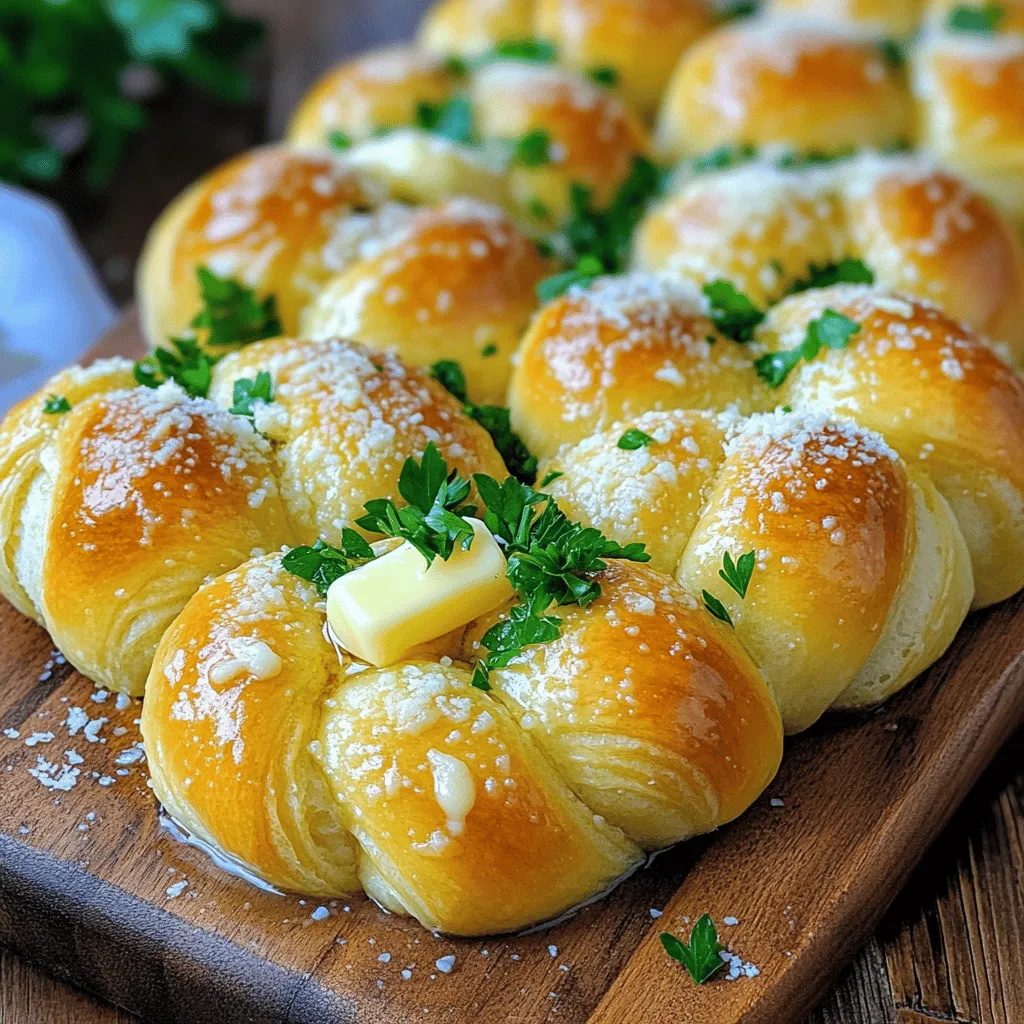 To make Garlic Parmesan Knotted Rolls, you need the following items: - 3 cups all-purpose flour - 1 packet (2 1/4 teaspoons) active dry yeast - 1 cup warm water (110°F/45°C) - 2 tablespoons sugar - 1 teaspoon salt - 1/4 cup unsalted butter, melted - 1 teaspoon garlic powder - 1/2 cup grated Parmesan cheese - 2 tablespoons fresh parsley, chopped (optional for garnish) - Extra flour for dusting You can swap some ingredients if needed: - Use bread flour instead of all-purpose flour for a chewier roll. - If you don’t have active dry yeast, try instant yeast; just use the same amount. - For a dairy-free option, replace unsalted butter with a plant-based butter. - You can use dried parsley instead of fresh if you don’t have any. Gather these tools before you start: - A large mixing bowl for the dough - A small bowl for the yeast mixture - A wooden spoon for mixing - A clean surface for kneading - A kitchen towel to cover the dough - A parchment-lined baking sheet for the rolls - An oven for baking - A brush for melted butter, if desired These ingredients and tools will help you create the perfect Garlic Parmesan Knotted Rolls. Enjoy the process of making these tasty treats! To start, you need to make the dough. First, take a small bowl and mix warm water, sugar, and active dry yeast. Let this sit for about 5-10 minutes. You want it to look frothy. Next, grab a large mixing bowl and whisk together the flour and salt. Make a well in the middle, then pour in the melted butter and yeast mix. Now, start mixing the dough. Use a wooden spoon at first. When it starts to come together, switch to your hands. If the dough feels sticky, add a bit more flour, one tablespoon at a time. Knead the dough on a floured surface for about 5-7 minutes. It should feel smooth and elastic. Once done, place it in a greased bowl and cover it with a kitchen towel. Let it rise in a warm spot for about 1 hour, or until it doubles in size. After the dough has risen, it’s time to shape it. Punch down the dough to release air, and turn it onto a floured surface. Now, divide the dough into 12 equal pieces. Roll each piece into a rope that is about 8 inches long. Then, tie each rope into a knot. Place these knotted rolls on a parchment-lined baking sheet. In a small bowl, mix garlic powder and grated Parmesan cheese. Sprinkle this mixture generously over the knotted rolls. Cover them again with a kitchen towel and let them rise for another 30 minutes. Now, let's bake! Preheat your oven to 375°F (190°C). Once the oven is hot, place the knotted rolls inside. Bake for about 15-20 minutes. You want them to turn golden brown. After baking, remove them from the oven and let them cool slightly. If you like, brush them with melted butter and add a sprinkle of fresh parsley before serving. Enjoy your warm and tasty Garlic Parmesan Knotted Rolls! To get the best rolls, focus on the dough. When you mix the flour and salt, create a well in the center. Pour in the yeast mixture and melted butter. This helps blend the wet and dry parts well. Knead the dough for about 5-7 minutes. You want it smooth and elastic. If it feels sticky, add flour a little bit at a time. This will help you avoid a dense roll. For an extra kick, try adding fresh herbs. Rosemary or thyme pairs well with garlic. Mix these into your dough for added flavor. You can also use fresh garlic instead of garlic powder. Just chop it finely and mix it in. Don't forget to sprinkle more Parmesan on top before baking. This makes the rolls even more tasty. One common mistake is not letting the dough rise enough. Always wait until it doubles in size. This step is key for fluffy rolls. Another mistake is overbaking. Keep an eye on your rolls. They should be golden brown but not too dark. Lastly, don’t skip the butter brush after baking. It gives a lovely shine and flavor. {{image_2}} You can mix up the flavors in these knotted rolls. Try adding fresh herbs like rosemary or thyme. Just chop a tablespoon of your chosen herb and mix it into the dough. This adds a nice touch and brings more aroma to the rolls. If you need gluten-free rolls, use a gluten-free all-purpose flour. Ensure it has xanthan gum for better structure. Follow the same steps, but watch the dough closely. Gluten-free dough may need less water, so add slowly until it feels right. Switching cheese is fun! Use mozzarella for a melty twist. Grate it and mix it in the dough or sprinkle it on top. Cheddar adds a sharp taste. Just replace half of the Parmesan with cheddar. This gives a rich flavor while still keeping the classic taste. To keep your Garlic Parmesan Knotted Rolls fresh, place them in an airtight container. This helps to lock in moisture and flavor. If you leave them out, they can dry out quickly. For short-term storage, you can keep them at room temperature for up to two days. If you want them to last longer, move them to the fridge. They will stay good for about a week in the fridge. When you're ready to enjoy your rolls again, reheating is easy. Preheat your oven to 350°F (175°C). Place the rolls on a baking sheet. Cover them with foil to prevent them from getting too dry. Heat for about 10-15 minutes until warmed through. If you want a crispy top, remove the foil for the last few minutes. You can also reheat in a microwave for about 15-20 seconds, but the oven is best for that fresh-baked taste. You can freeze Garlic Parmesan Knotted Rolls too! Once they cool completely, wrap each roll in plastic wrap. Then, place them in a freezer bag or an airtight container. They can stay in the freezer for up to three months. When you want to eat them, thaw overnight in the fridge. Reheat as mentioned above. This way, you can enjoy these tasty rolls whenever you want! Yes, you can make these rolls ahead. After shaping them, you can cover and chill them in the fridge. This way, they stay fresh overnight. Just let them rise for about 30 minutes before baking. This makes a great option for busy days or gatherings. To make the rolls fluffier, ensure the dough rises well. Use warm water for the yeast, and let it sit until frothy. Knead the dough until smooth and elastic. You can also add a bit of extra flour when needed, but avoid too much. This keeps the rolls light and airy. These rolls pair well with many dishes. You can serve them with soups or salads for a complete meal. They also go great with marinara sauce or garlic butter for dipping. Try them alongside pasta dishes or grilled meats for a tasty feast. In this blog post, we covered the key steps to make Garlic Parmesan Knotted Rolls. We listed the ingredients, gave alternatives, and shared the tools you need. You learned how to prepare the dough, shape the rolls, and bake them to perfection. We also discussed tips for texture, flavor, and common mistakes. Variations like gluten-free options and cheese types make these rolls unique. Finally, you know how to store and reheat them. Enjoy baking these rolls and wow your friends with your skills!