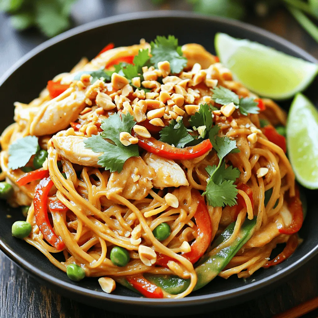 To make Thai Peanut Chicken Noodles, you need: - 8 oz rice noodles - 1 lb boneless, skinless chicken breast, thinly sliced - 1 tablespoon vegetable oil - 2 cloves garlic, minced - 1 red bell pepper, sliced - 1 cup sugar snap peas, trimmed - 1 carrot, julienned - 4 green onions, chopped - 1/4 cup creamy peanut butter - 3 tablespoons soy sauce - 2 tablespoons honey - 1 tablespoon lime juice - 1 teaspoon grated ginger - 1/4 cup unsalted peanuts, chopped (for garnish) - Fresh cilantro (for garnish) - Lime wedges (for serving) Garnishes can enhance your dish. Here are some great options: - Chopped peanuts add crunch and flavor. - Fresh cilantro brings freshness. - Lime wedges add a zesty kick. You can easily adapt this dish for different diets. Here are some ideas: - For gluten-free, use tamari instead of soy sauce. - If you're vegan, swap chicken for tofu or chickpeas. - Use almond butter if you have a peanut allergy. First, bring a pot of salted water to a boil. Add 8 ounces of rice noodles. Cook them according to the package instructions. You want them to be al dente. This should take about 4-6 minutes. Once cooked, drain the noodles. Rinse them under cold water to stop cooking. Set them aside for later. In a small bowl, mix together 1/4 cup of creamy peanut butter, 3 tablespoons of soy sauce, 2 tablespoons of honey, 1 tablespoon of lime juice, and 1 teaspoon of grated ginger. Stir well until smooth. This sauce adds rich flavor to the dish. Set it aside while you cook the chicken. Heat 1 tablespoon of vegetable oil in a large skillet or wok over medium-high heat. Add 1 pound of thinly sliced chicken breast. Cook it for about 5-7 minutes, until the chicken is browned and cooked through. Remove the chicken from the skillet and set it aside. In the same skillet, add 2 minced garlic cloves, 1 sliced red bell pepper, 1 cup of sugar snap peas, and 1 julienned carrot. Stir-fry these for about 3-5 minutes. You want the vegetables to be bright and slightly tender. Return the cooked chicken to the skillet. Add the cooked rice noodles next. Pour the peanut sauce over everything. Toss the mixture together for 2-3 minutes. Make sure everything is well combined and heated through. Finally, stir in 4 chopped green onions. Serve the noodles warm, garnished with 1/4 cup of chopped unsalted peanuts, fresh cilantro, and lime wedges on the side. Enjoy your flavorful meal! To get that true Thai taste, use fresh ingredients. Fresh garlic and ginger bring great flavor. Lime juice adds a nice tang. Use high-quality soy sauce for a rich umami taste. Peanut butter should be creamy and smooth. You can also add a bit of chili paste for heat. This adds depth to your sauce. Use fresh cilantro as a garnish for a pop of color and flavor. Cooking rice noodles is simple. First, bring a large pot of salted water to a boil. Add the noodles and stir gently. Cook them until they are just al dente. This usually takes about 3-5 minutes. Then, drain the noodles and rinse them with cold water. This stops the cooking and keeps them from sticking. Toss them with a bit of oil to keep them loose. To save time, prep your ingredients first. Slice the chicken and chop the veggies in advance. You can even make the sauce ahead of time. Store it in the fridge until you're ready to cook. If you make a big batch, you can enjoy leftovers for lunch. This dish cooks quickly, so having everything ready helps. You'll have a tasty meal on the table in just 30 minutes! {{image_2}} You can easily make this dish vegetarian or vegan. To do this, swap the chicken for tofu or tempeh. Cut the tofu into cubes and press it to remove excess water. Sauté the tofu until golden brown. For a vegan sauce, use maple syrup instead of honey. This keeps the flavor rich and sweet. You can also add more veggies like mushrooms or zucchini for texture. If you want more protein, you can add shrimp or beef. Cook the shrimp until they turn pink and opaque. For beef, use thinly sliced flank steak and cook until browned. Both options add great flavor and pair well with the peanut sauce. You can even mix proteins, like chicken and shrimp, for a tasty twist. To make this dish gluten-free, choose gluten-free rice noodles. Many brands offer these, and they taste great. You also need to find gluten-free soy sauce, often labeled as tamari. This keeps the dish safe for those avoiding gluten. Enjoy the same rich flavors while catering to dietary needs. Store any leftover Thai Peanut Chicken Noodles in an airtight container. Make sure to cool the dish first. Place it in the fridge. It stays fresh for up to three days. If you want to keep it longer, consider freezing it. To reheat, use a microwave or a skillet. If using a microwave, heat in short bursts of 30 seconds. Stir after each burst to heat evenly. If using a skillet, add a splash of water. Heat over low to medium heat, stirring often until warm. You can freeze Thai Peanut Chicken Noodles for up to three months. Place them in a freezer-safe container. Make sure to label the container with the date. When ready to eat, let it thaw overnight in the fridge. Reheat as mentioned above for best results. Yes, you can make Thai Peanut Chicken Noodles ahead of time. Cook the noodles and chicken, then mix them with the veggies and sauce. Store it in an airtight container in the fridge. It stays fresh for up to three days. When you’re ready to eat, just reheat it in a pan on low heat. Add a splash of lime juice for added flavor. If you need a substitute for peanut butter, try almond butter or sunflower seed butter. Both options give a creamy texture. They also add a unique flavor. You can also use tahini, which is made from sesame seeds. It has a different taste but works well in sauces. This dish has a mild heat level. The spice mainly comes from the peanut sauce. If you like it spicier, add chili flakes or a dash of hot sauce. You can also add sliced fresh chilies when cooking the chicken. To make it less spicy, reduce or omit these extras. Enjoy customizing it to fit your taste! In this post, we covered the key ingredients and steps for Thai Peanut Chicken Noodles. You learned how to cook rice noodles, make peanut sauce, and sauté chicken with veggies. We also shared tips for authentic flavors and meal prep time-savers. Variations, like vegetarian options and gluten-free swaps, help meet your needs. With proper storage and reheating tips, you can enjoy this dish anytime. Now, you have the tools to create a delicious meal that fits your lifestyle. Enjoy cooking!