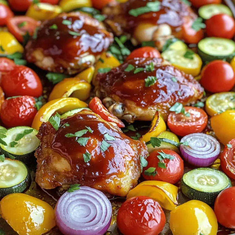 - 4 bone-in, skin-on chicken thighs - 1 cup BBQ sauce (your favorite brand) - 2 bell peppers (1 red, 1 yellow), sliced - 1 medium zucchini, sliced - 1 cup cherry tomatoes, halved - 1 red onion, sliced into wedges - 2 tablespoons olive oil - 1 teaspoon garlic powder - 1 teaspoon smoked paprika - Salt and pepper to taste - Fresh parsley for garnish You can swap chicken thighs for drumsticks or breasts. Both work well. If you lack BBQ sauce, try a homemade mix of ketchup and honey. For veggies, use any colorful mix you like. Carrots or broccoli can add crunch. If you want a different taste, change bell peppers for asparagus or snap peas. When picking veggies, look for bright colors and firm textures. Check bell peppers for smooth skin. Avoid any with soft spots. For zucchini, choose ones that feel heavy for their size. Cherry tomatoes should smell sweet and have a shiny surface. Always buy fresh, seasonal produce for the best flavor. Start by washing the vegetables. This keeps them clean and safe to eat. Slice the bell peppers into strips. Use one red and one yellow for color. Next, slice the zucchini into rounds. Cut the cherry tomatoes in half. Finally, slice the red onion into wedges. In a big bowl, mix the veggies with olive oil, garlic powder, smoked paprika, salt, and pepper. Make sure every piece is coated well. Spread the mixture on one half of the baking sheet. Now, grab the chicken thighs. Pat them dry using paper towels. This step helps the skin get crispy. Season both sides with salt and pepper. After that, place the chicken on the other half of the baking sheet. Brush BBQ sauce generously over the top of each thigh. Save some sauce for later to add more flavor. Preheat your oven to 425°F (220°C). Once ready, put the baking sheet in the oven. Bake for 25 to 30 minutes. Check that the chicken reaches an internal temperature of 165°F (75°C). This ensures it is safe to eat. Halfway through, take the pan out. Brush the reserved BBQ sauce on the chicken again. This adds extra taste. Return it to the oven to finish cooking. After baking, let the chicken sit for a few minutes. This helps the juices settle. Finally, sprinkle fresh parsley on top before serving. To get crispy chicken skin, start with dry chicken. Pat your chicken thighs with paper towels. This helps to remove moisture. Moisture makes the skin soggy. Next, season the chicken well with salt and pepper. You can also add garlic powder for extra flavor. Finally, brush on BBQ sauce right before baking. This creates a yummy glaze that crisps up nicely in the oven. Choosing the right BBQ sauce can make or break your dish. I recommend using a sauce that you love. Sweet sauces work well, but tangy ones add a nice kick. If you want something unique, try a chipotle BBQ sauce. It will give your chicken a smoky flavor that pairs great with veggies. Always keep some extra sauce on hand for basting during cooking. The key to juicy chicken is the right cooking temperature. Preheat your oven to 425°F (220°C). This high heat helps the chicken cook fast and keeps it juicy. Bake the chicken for 25-30 minutes. Use a meat thermometer to check doneness. The chicken should reach 165°F (75°C). If you have larger pieces, you may need to cook longer. Adjust the time based on your oven and the size of your chicken. {{image_2}} You can mix and match veggies for your sheet pan BBQ chicken. Try carrots for sweetness or broccoli for crunch. Snap peas add a fresh bite, too. Even sweet corn can work well. Just keep the cooking time in mind. Some veggies cook faster than others. Always cut them into similar sizes to cook evenly. If you want a smoky flavor, try grilling the chicken and veggies. Just marinate them in the BBQ sauce first. Cook them on a medium heat grill for about 20-25 minutes. You can also use an air fryer. It cooks faster and gives a nice crisp. Set your air fryer to 375°F (190°C) and cook for about 20 minutes, flipping halfway through. To boost flavor, try different marinades. A mix of soy sauce and honey gives a sweet and salty taste. You can also add chipotle for a spicy kick. Mix your BBQ sauce with mustard or honey for a twist. Just brush it on before cooking. Experiment with flavors you love, and make this dish your own! After your meal, let the chicken and veggies cool. Place them in an airtight container. This keeps them fresh. Store the container in the fridge. Use the leftovers within three days for best taste. To reheat, preheat your oven to 350°F (175°C). Place the chicken and veggies on a baking sheet. Cover with foil to keep moisture in. Heat for about 15-20 minutes. Check that the chicken is hot all the way through. You can freeze leftovers for later. Wrap the chicken and veggies tightly in plastic wrap. Then, place them in a freezer-safe bag. Remove as much air as possible. They will last up to three months in the freezer. To eat, thaw in the fridge overnight before reheating. Yes, you can use boneless chicken. Boneless thighs or breasts work well. Just adjust the cooking time. Boneless chicken cooks faster, so check it at 20 minutes. The key is to ensure it reaches 165°F for safety. You can serve BBQ chicken with many sides. Rice or quinoa pairs nicely. A simple salad adds a fresh crunch. You might also enjoy cornbread or baked potatoes. Feel free to add your favorite dips, too! Leftovers stay good for about 3 to 4 days. Store them in an airtight container. For best taste, eat them within this time. If you want to keep them longer, consider freezing. This blog post covered all you need for BBQ chicken and rainbow veggies. We discussed key ingredients, smart substitutions, and tips for fresh veggies. You learned step-by-step prep for your chicken and baking methods. I shared tricks for crispy skin and the best BBQ sauces. We explored cooking variations and how to store leftovers. Remember, cooking is fun and tasty. Experiment with flavors and enjoy your meals!
