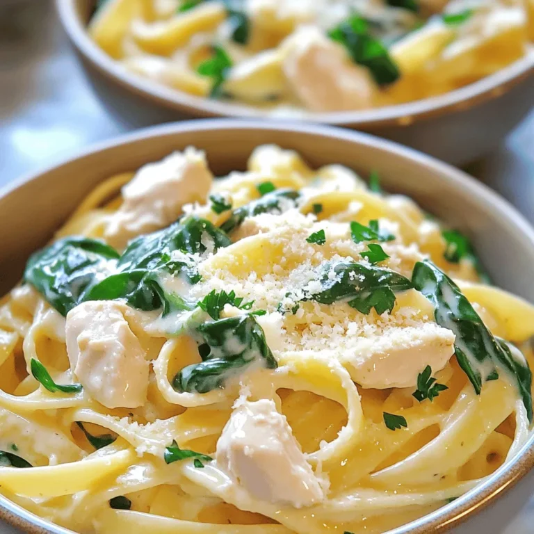 To make Creamy Chicken Alfredo with Spinach, you will need: - 2 boneless, skinless chicken breasts, diced - 2 tablespoons olive oil - 4 cloves garlic, minced - 1 cup heavy cream - 1 cup chicken broth - 8 ounces fettuccine pasta - 1 cup spinach, fresh - 1 cup grated Parmesan cheese - Salt and pepper to taste - 1 teaspoon Italian seasoning - ¼ teaspoon nutmeg (optional) - Fresh parsley for garnish You can swap some ingredients to suit your taste or needs: - Chicken: Use turkey or shrimp for a different protein. - Pasta: Swap fettuccine for penne or gluten-free pasta. - Cream: Substitute heavy cream with coconut milk for a lighter sauce. - Cheese: Try using Pecorino Romano instead of Parmesan for a sharper flavor. - Spinach: Kale or Swiss chard can replace spinach for added texture. To enhance your dish, consider these quality tips: - Chicken: Choose fresh, high-quality chicken for the best flavor. - Olive Oil: Use a good extra virgin olive oil for richer taste. - Garlic: Fresh garlic adds more flavor than pre-minced options. - Cream: Select heavy cream with a high fat content for a thicker sauce. - Parmesan: Grate your own cheese for a fresher taste compared to pre-grated. These tips and substitutions can help you create a dish that suits your taste and dietary needs while maintaining the essence of this creamy delight! Start by gathering your chicken. You need two boneless, skinless chicken breasts. Dice them into bite-sized pieces. Heat two tablespoons of olive oil in a large pot over medium heat. Once the oil is hot, add the diced chicken. Sprinkle with salt, pepper, and Italian seasoning. Cook for about five to seven minutes, stirring often. This ensures even cooking and browning. The chicken should be cooked through and no longer pink. Once done, remove the chicken from the pot and set it aside. In the same pot, add four minced garlic cloves. Sauté for about thirty seconds. You want to release its fragrant flavor but avoid burning it. After the garlic is fragrant, pour in one cup of chicken broth and one cup of heavy cream. Give it a good stir to combine the liquids. Bring this mixture to a gentle simmer. It should start bubbling lightly, which means it’s ready for the next step. Now, add eight ounces of fettuccine pasta directly into the pot. Make sure the pasta is submerged in the creamy liquid. Cover the pot and cook for about ten to twelve minutes. Stir occasionally to prevent sticking. The pasta should be al dente, soaking up the flavors from the broth and cream. Once cooked, reduce the heat to low. Stir in one cup of grated Parmesan cheese. This will make your sauce rich and creamy. Add the cooked chicken back in along with one cup of fresh spinach. Stir until the spinach wilts and everything mixes well. Taste and adjust the seasoning with salt and pepper as needed. Let it sit for a couple of minutes to thicken. To make the sauce creamy, use heavy cream. It gives the dish a rich flavor. Add the cheese slowly while stirring. This helps melt it well. The nutmeg adds warmth and depth. If you prefer, try cream cheese for a different texture. Always cook the chicken until browned. This adds great flavor to the dish. Sauté garlic until fragrant, but don’t let it burn. Adding pasta directly to the sauce is key. This helps the pasta absorb all the yummy flavors. Remember to stir often to prevent sticking. Serve this dish in shallow bowls. Top with more Parmesan cheese for a nice touch. A sprinkle of fresh parsley adds color and flavor. You can also add extra spinach on top for a vibrant look. This makes your meal not only tasty but eye-catching, too! {{image_2}} You can switch up the pasta in this dish. Try penne or rigatoni for fun shapes. Gluten-free pasta works too! Just follow the cooking time on the package. You want it al dente to mix well with the creamy sauce. If you're not into chicken, shrimp is a tasty choice. Just cook shrimp until pink. Tofu is a great option for a plant-based meal. Use firm tofu, diced, and sauté until golden. Both options keep the meal hearty and satisfying. Add herbs for extra flavor. Fresh basil or thyme brighten the dish. A pinch of red pepper flakes gives heat if you like spice. You can also mix in sun-dried tomatoes for a sweet twist. These small changes make your Alfredo unique and delicious. You can store your Creamy Chicken Alfredo with Spinach in the fridge. Let it cool first. Place it in an airtight container. It will last for about 3 to 4 days. To enjoy it later, simply reheat it. Make sure to check for any off smells before eating. If you want to save some for later, freezing is a great option. Cool the dish completely before freezing. Use a freezer-safe container or a heavy-duty freezer bag. It can stay fresh for up to 2 months in the freezer. When ready to eat, thaw it in the fridge overnight. To reheat, you can use the stove or microwave. If using the stove, add a splash of chicken broth or cream to keep it creamy. Heat it over low heat, stirring often. If using the microwave, cover it loosely to avoid splatter. Heat in short bursts, stirring in between. This ensures even heating and keeps the sauce smooth. Yes, you can make this recipe ahead of time. Cook the chicken and pasta as directed. After that, store the dish in the fridge. When you are ready to serve, reheat it on the stove. Add a splash of chicken broth if it seems dry. This dish tastes great even after a day or two! If you want a lighter option, you can use half-and-half or whole milk. Coconut milk is a great dairy-free choice. For a thicker sauce, blend silken tofu with milk. Both options keep the flavor rich while cutting some fat. To make this dish gluten-free, use gluten-free pasta. Look for brands that offer fettuccine made from rice or corn. The rest of the ingredients are gluten-free, so you can enjoy this meal without worry. Just check labels to ensure all items meet your needs. To sum up, we explored key ingredients for your dish and their substitutes. I shared step-by-step cooking instructions for chicken and fettuccine. You also learned tips for a rich sauce and serving it well. We discussed various pasta and protein options to keep things exciting. Plus, I provided storage tips for later enjoyment. This recipe offers flexibility and flavor, making it easy to impress everyone. Enjoy your cooking!