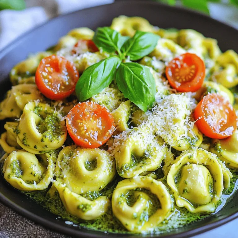 - 12 ounces cheese tortellini - 1 cup heavy cream - 1/2 cup basil pesto These main ingredients create a rich and creamy base. The cheese tortellini brings a soft texture. Heavy cream adds richness, while basil pesto gives a fresh flavor. - 1/2 cup grated Parmesan cheese - 1 tablespoon olive oil - 2 cloves garlic, minced Grated Parmesan cheese melts into the sauce, adding depth. Olive oil helps sauté the garlic. Minced garlic brings a nice aroma and taste. - 1 cup cherry tomatoes, halved - Fresh basil leaves for garnish - Salt and pepper to taste Halved cherry tomatoes add sweetness and color. Fresh basil leaves give a pop of flavor. Salt and pepper enhance all the tastes in the dish. - First, fill a large pot with water and add salt. Bring it to a boil. - Next, drop in 12 ounces of cheese tortellini. Cook according to the package until al dente. - When done, drain the tortellini and set them aside. - In a large saucepan, heat 1 tablespoon of olive oil over medium heat. - Add 2 minced garlic cloves and sauté for about 1 minute. Watch it closely so it doesn’t burn. - Pour in 1 cup of heavy cream and let it simmer gently. Reduce the heat to low. - Stir in 1/2 cup of basil pesto and 1/2 cup of grated Parmesan cheese. Mix well until creamy. - Add the cooked tortellini to the sauce. Stir gently to coat each piece. - Fold in 1 cup of halved cherry tomatoes. Allow them to warm for about 2-3 minutes. - Season with salt and pepper to taste. Mix well and serve warm. To get the best texture, cook the cheese tortellini for about 2-3 minutes less than the package says. This helps it stay firm, which we call "al dente." When draining, rinse it briefly with cold water. This stops the cooking and helps prevent sticking. Toss the tortellini with a bit of olive oil right after draining. This simple step keeps it separate and ready for the sauce. For a creamier sauce, use heavy cream. If you want it even richer, add a splash of milk or extra cream. Stir the sauce well as it heats. This helps the pesto blend smoothly with the cream. If you crave more flavor, add a pinch of red pepper flakes or a squeeze of lemon juice. These small changes can brighten the dish. Serve your creamy pesto tortellini with garlic bread or a fresh salad. Both add a nice touch. For presentation, use a large bowl and top with fresh basil leaves. You can also add cherry tomatoes on top for color. This makes your dish look as good as it tastes! {{image_2}} You can make creamy pesto tortellini even better by adding protein. One great option is grilled chicken. Just grill chicken breasts, slice them, and toss them into the creamy sauce. The chicken adds flavor and makes the meal heartier. Another tasty choice is shrimp. Sauté shrimp in olive oil until they turn pink. Then, mix them into the tortellini and sauce. The shrimp adds a nice touch and pairs well with the pesto. For a vegetarian twist, use healthy greens like spinach or kale. You can add these greens right after the garlic in the sauce. They will wilt quickly and add color and nutrients to your dish. If you want a creamy texture without dairy, try substituting cashew cream for heavy cream. You can easily make cashew cream by blending soaked cashews with water. This option keeps it creamy while being plant-based. You can also change the sauce to suit your taste. Making homemade pesto is a fantastic way to boost flavor. Blend fresh basil, garlic, nuts, and olive oil for a fresh taste. If you like it spicier, add a pinch of red pepper flakes to the sauce. This small change can kick up the heat and make your dish even more exciting. Enjoy your creamy pesto tortellini in new and fun ways! To keep your creamy pesto tortellini fresh, cool it quickly. Place it in shallow containers. This helps air reach all parts, cooling the dish faster. You can use glass or plastic containers with lids. Make sure they are airtight to prevent moisture loss. When reheating, keep the sauce creamy. Use a saucepan over low heat. Stir often to avoid burning. You can add a splash of cream if it thickens too much. Reheat for about 5-10 minutes until warm. Check the temperature with a food thermometer; it should reach 165°F. To freeze, let the tortellini cool completely. Place it in freezer-safe bags or containers. Remove as much air as possible before sealing. This prevents freezer burn. For thawing, place it in the fridge overnight. Reheat it as mentioned above for the best results. Creamy pesto tortellini stays fresh in the fridge for about 3 to 5 days. To store it, place it in an airtight container. This helps keep it from drying out or absorbing other smells. When you're ready to eat, check for any signs of spoilage, like off smells or changes in texture. Yes, you can use frozen tortellini. Just cook it according to the package instructions. Cooking time might be a bit longer than fresh tortellini. Make sure to taste it to ensure it’s cooked all the way through. This way, you still achieve that perfect al dente texture. There are many great sides for creamy pesto tortellini. Here are some tasty options: - A fresh garden salad with mixed greens - Garlic bread for dipping - Roasted vegetables, like zucchini and bell peppers - Steamed broccoli or asparagus for a healthy touch These sides add balance and enhance your meal experience. Enjoy pairing! This article covered the key ingredients for creamy pesto tortellini, including pasta, sauce, and optional garnishes. I shared simple cooking steps and helpful tips to perfect your dish. You also learned about variations, storage best practices, and common questions. With these tools, you can create a delicious meal that impresses. Enjoy your culinary journey and feel free to experiment with flavors. Happy cooking!