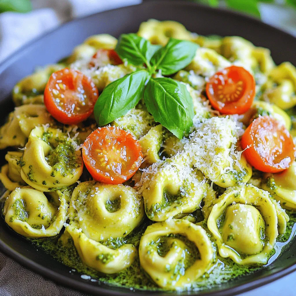 - 12 ounces cheese tortellini - 1 cup heavy cream - 1/2 cup basil pesto These main ingredients create a rich and creamy base. The cheese tortellini brings a soft texture. Heavy cream adds richness, while basil pesto gives a fresh flavor. - 1/2 cup grated Parmesan cheese - 1 tablespoon olive oil - 2 cloves garlic, minced Grated Parmesan cheese melts into the sauce, adding depth. Olive oil helps sauté the garlic. Minced garlic brings a nice aroma and taste. - 1 cup cherry tomatoes, halved - Fresh basil leaves for garnish - Salt and pepper to taste Halved cherry tomatoes add sweetness and color. Fresh basil leaves give a pop of flavor. Salt and pepper enhance all the tastes in the dish. - First, fill a large pot with water and add salt. Bring it to a boil. - Next, drop in 12 ounces of cheese tortellini. Cook according to the package until al dente. - When done, drain the tortellini and set them aside. - In a large saucepan, heat 1 tablespoon of olive oil over medium heat. - Add 2 minced garlic cloves and sauté for about 1 minute. Watch it closely so it doesn’t burn. - Pour in 1 cup of heavy cream and let it simmer gently. Reduce the heat to low. - Stir in 1/2 cup of basil pesto and 1/2 cup of grated Parmesan cheese. Mix well until creamy. - Add the cooked tortellini to the sauce. Stir gently to coat each piece. - Fold in 1 cup of halved cherry tomatoes. Allow them to warm for about 2-3 minutes. - Season with salt and pepper to taste. Mix well and serve warm. To get the best texture, cook the cheese tortellini for about 2-3 minutes less than the package says. This helps it stay firm, which we call "al dente." When draining, rinse it briefly with cold water. This stops the cooking and helps prevent sticking. Toss the tortellini with a bit of olive oil right after draining. This simple step keeps it separate and ready for the sauce. For a creamier sauce, use heavy cream. If you want it even richer, add a splash of milk or extra cream. Stir the sauce well as it heats. This helps the pesto blend smoothly with the cream. If you crave more flavor, add a pinch of red pepper flakes or a squeeze of lemon juice. These small changes can brighten the dish. Serve your creamy pesto tortellini with garlic bread or a fresh salad. Both add a nice touch. For presentation, use a large bowl and top with fresh basil leaves. You can also add cherry tomatoes on top for color. This makes your dish look as good as it tastes! {{image_2}} You can make creamy pesto tortellini even better by adding protein. One great option is grilled chicken. Just grill chicken breasts, slice them, and toss them into the creamy sauce. The chicken adds flavor and makes the meal heartier. Another tasty choice is shrimp. Sauté shrimp in olive oil until they turn pink. Then, mix them into the tortellini and sauce. The shrimp adds a nice touch and pairs well with the pesto. For a vegetarian twist, use healthy greens like spinach or kale. You can add these greens right after the garlic in the sauce. They will wilt quickly and add color and nutrients to your dish. If you want a creamy texture without dairy, try substituting cashew cream for heavy cream. You can easily make cashew cream by blending soaked cashews with water. This option keeps it creamy while being plant-based. You can also change the sauce to suit your taste. Making homemade pesto is a fantastic way to boost flavor. Blend fresh basil, garlic, nuts, and olive oil for a fresh taste. If you like it spicier, add a pinch of red pepper flakes to the sauce. This small change can kick up the heat and make your dish even more exciting. Enjoy your creamy pesto tortellini in new and fun ways! To keep your creamy pesto tortellini fresh, cool it quickly. Place it in shallow containers. This helps air reach all parts, cooling the dish faster. You can use glass or plastic containers with lids. Make sure they are airtight to prevent moisture loss. When reheating, keep the sauce creamy. Use a saucepan over low heat. Stir often to avoid burning. You can add a splash of cream if it thickens too much. Reheat for about 5-10 minutes until warm. Check the temperature with a food thermometer; it should reach 165°F. To freeze, let the tortellini cool completely. Place it in freezer-safe bags or containers. Remove as much air as possible before sealing. This prevents freezer burn. For thawing, place it in the fridge overnight. Reheat it as mentioned above for the best results. Creamy pesto tortellini stays fresh in the fridge for about 3 to 5 days. To store it, place it in an airtight container. This helps keep it from drying out or absorbing other smells. When you're ready to eat, check for any signs of spoilage, like off smells or changes in texture. Yes, you can use frozen tortellini. Just cook it according to the package instructions. Cooking time might be a bit longer than fresh tortellini. Make sure to taste it to ensure it’s cooked all the way through. This way, you still achieve that perfect al dente texture. There are many great sides for creamy pesto tortellini. Here are some tasty options: - A fresh garden salad with mixed greens - Garlic bread for dipping - Roasted vegetables, like zucchini and bell peppers - Steamed broccoli or asparagus for a healthy touch These sides add balance and enhance your meal experience. Enjoy pairing! This article covered the key ingredients for creamy pesto tortellini, including pasta, sauce, and optional garnishes. I shared simple cooking steps and helpful tips to perfect your dish. You also learned about variations, storage best practices, and common questions. With these tools, you can create a delicious meal that impresses. Enjoy your culinary journey and feel free to experiment with flavors. Happy cooking!