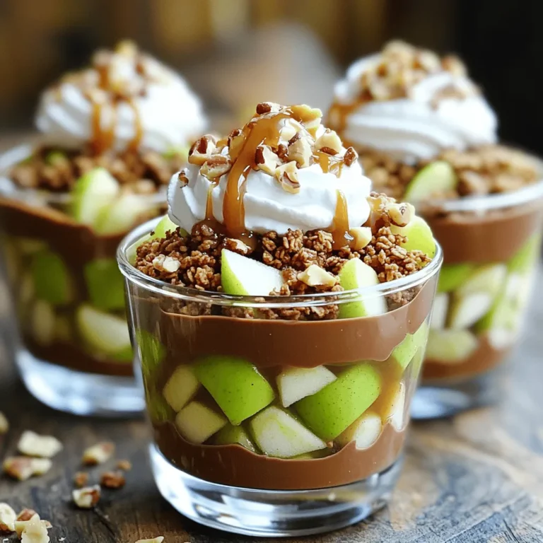 - 2 large Granny Smith apples, diced - 1 cup granola or crushed graham crackers - 1 cup chocolate pudding (store-bought or homemade) - ½ cup caramel sauce (store-bought or homemade) - 1 teaspoon cinnamon - 1 tablespoon lemon juice - Whipped cream for topping - Optional: Chopped nuts (like pecans or walnuts) for garnish To make No-Bake Chocolate Caramel Apple Pie Cups, start with fresh Granny Smith apples. Their tartness pairs well with sweet caramel and rich chocolate. Dice two large apples into small pieces. In a bowl, add one tablespoon of lemon juice and one teaspoon of cinnamon to the apples. This step adds flavor and prevents browning. Next, choose your base. You can use one cup of granola for a crunchy texture or crushed graham crackers for sweetness. Both options work great for this dessert. For the creamy layer, use one cup of chocolate pudding. You can buy it or make it from scratch. If you make your own, ensure it's thick and smooth. You will also need half a cup of caramel sauce. Store-bought is easy, but homemade adds a special touch. Finally, gather whipped cream for topping and optional chopped nuts, like pecans or walnuts, for that extra crunch. With these ingredients, you create a delightful dessert that is sure to impress! To start, take your two large Granny Smith apples and dice them. Place the diced apples in a medium bowl. Add one tablespoon of lemon juice and one teaspoon of cinnamon. Mix them well. This step helps the apples stay fresh and gives them a sweet spice. Next, grab your serving cups or small bowls. Add about two tablespoons of granola or crushed graham crackers at the bottom of each cup. Press down lightly to create a firm base. This crunchy layer adds texture and balance to the creamy dessert. Now, it's time to add some rich chocolate flavor. Spoon in the chocolate pudding until the cups are half full. Spread it evenly over the granola. Then, layer the cinnamon-coated apples on top of the pudding. Drizzle some caramel sauce over the apples for that extra sweet touch. If your cups are big enough, repeat the layers. Add another layer of granola, followed by more pudding, and finish with the apple layer. Top it with another drizzle of caramel sauce. Once done, place the cups in the refrigerator for about 30 minutes. This chill time allows the flavors to blend. For this pie, I love using Granny Smith apples. They offer a nice tartness that balances the sweet chocolate and caramel. Other great choices are Honeycrisp or Fuji apples. These apples have a crisp texture. They hold up well in the cups and add great flavor. Using homemade ingredients can make a big difference. Homemade chocolate pudding tastes rich and creamy. You can control the sweetness too. But store-bought options are quick and easy. They save time, especially on busy days. If you want to save time, go for store-bought caramel sauce. It works well and tastes good too. To make these cups look amazing, use clear glasses or small bowls. This way, you can show off the layers. Top each cup with a generous dollop of whipped cream. Add a sprinkle of chopped nuts for an extra crunch. You can even drizzle more caramel on top. This makes each cup pop with flavor and color. {{image_2}} You can mix things up with this dessert! Try adding chopped nuts like pecans or walnuts for a crunchy texture. You can also toss in chocolate chips for more sweetness. Different fruits like strawberries or bananas can add fresh flavors too. Each option will give your pie cups a unique twist. If you need gluten-free options, choose gluten-free granola or graham crackers. For a vegan version, select plant-based chocolate pudding and caramel sauce. You can also use coconut whipped cream instead of traditional whipped cream. This way, everyone can enjoy this tasty treat! You can easily adjust the recipe for gatherings. For larger groups, simply double or triple the ingredients. Serve in bigger cups or bowls. If you want single servings, use smaller cups or even shot glasses. Each guest will love their own little pie cup! You can store the no-bake chocolate caramel apple pie cups in the fridge. They stay fresh for up to three days. Keep them covered to avoid drying out. This way, you can enjoy their sweet, creamy goodness later on. Yes, you can freeze these cups. However, I recommend enjoying them fresh for the best taste. If you freeze them, use an airtight container. They can last up to one month in the freezer. Just remember to defrost them in the fridge before serving. To keep your ingredients fresh, store apples in the fridge. This helps them stay crisp longer. For granola or crushed graham crackers, keep them in a sealed bag or container. This prevents them from getting stale. If using store-bought pudding or caramel, check the expiration date. Use them before they expire to ensure the best flavor. Yes, you can make these cups in advance. The best time frame is up to one day ahead. This allows the flavors to blend nicely. Just keep them in the fridge. The longer they chill, the better they taste! If you want to skip the caramel, try honey or maple syrup. You can also use chocolate sauce for a different twist. Nut butter is another great option for a creamy layer. Each choice gives a unique flavor to the cups. To amp up the chocolate flavor, mix in chocolate chips with the pudding. You can also add cocoa powder to the pudding for a richer taste. Drizzle some chocolate sauce on top before serving. These tips will make your dessert even more chocolatey! This blog post covered a fun dessert using Granny Smith apples, granola, and chocolate pudding. You learned how to prepare, layer, and chill the ingredients for a delicious treat. We also discussed tips for choosing apples, using homemade or store-bought items, and enhancing presentation. Variations allow for gluten-free or vegan options. Lastly, we shared storage guidelines and answered common questions. With these steps, you can create a tasty dessert that pleases everyone. Enjoy making these delightful cups and impress your friends and family with your tasty skills!