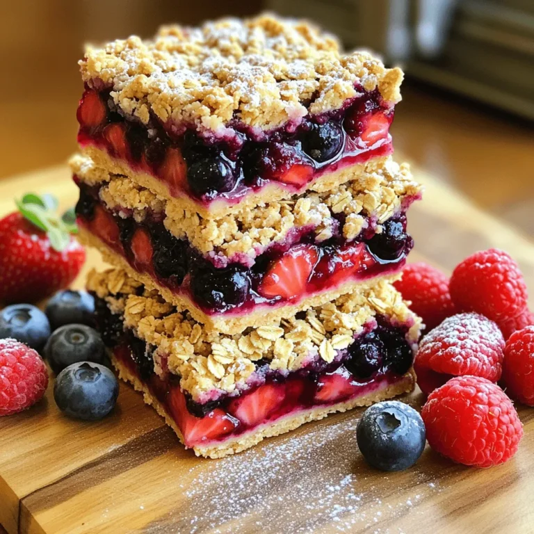 - 1 cup all-purpose flour - 1 cup rolled oats - 1/2 cup brown sugar, packed - 1/2 teaspoon baking powder - 1/4 teaspoon salt - 1/2 cup unsalted butter, melted - 1 cup mixed berries (strawberries, blueberries, raspberries) - 1 tablespoon cornstarch - 2 tablespoons honey or maple syrup - Zest of 1 lemon Benefits of using fresh vs. frozen berries Fresh berries taste bright and juicy. They add a lovely flavor and color. Frozen berries are easy and save time. They work well too. Just thaw and drain excess juice before using. Both options are tasty! Importance of oats in the crumble Oats give the crumble a hearty texture. They add fiber, making the bars filling. The oats also create a nice crunch on top. This adds a great contrast to the soft berries. Options for sweeteners: honey vs. maple syrup Honey brings a rich, floral flavor. It blends well with berries. Maple syrup adds a hint of warmth. It has a unique taste that many love. You can use either, based on your preference. Both will sweeten your bars perfectly! 1. Preheat your oven. Set it to 350°F (175°C). This step is key for even baking. 2. Prepare the baking dish. Grease an 8x8 inch dish or line it with parchment paper. This makes it easy to remove the bars later. 3. Mix the dry ingredients. In a large bowl, combine: - 1 cup all-purpose flour - 1 cup rolled oats - 1/2 cup brown sugar, packed - 1/2 teaspoon baking powder - 1/4 teaspoon salt Stir these together until they blend well. 1. Create the crust layer. Pour the melted butter into your dry mix. Stir it until crumbly. Save 1/2 cup of this mixture for the top. 2. Prepare the berry filling. In another bowl, mix: - 1 cup mixed berries (strawberries, blueberries, raspberries) - 1 tablespoon cornstarch - 2 tablespoons honey or maple syrup - Zest of 1 lemon Toss gently to coat the berries. 3. Final assembly. Press the remaining crumb mixture into the bottom of the dish. Spread the berry mix over the crust. Then, sprinkle the reserved crumb mixture on top. 1. Bake the bars. Place the dish in the oven for 25-30 minutes. 2. Check for doneness. Look for a golden brown top and bubbling berries. This means they are ready! To get the best crust, use cold butter. Cold butter makes the crust flaky and tender. Mix the butter quickly with dry ingredients until it is crumbly. You want small lumps, not a smooth dough. Press the mixture into the pan firmly. This helps the crust hold its shape while baking. To avoid soggy bars, you must control berry moisture. If using fresh berries, pat them dry with a paper towel. This removes excess water. If you use frozen berries, let them thaw and drain first. This helps keep your bars from becoming too wet. Serving these bars is fun and easy! Cut them into squares and place them on a nice plate. Dust with powdered sugar for a sweet look. Add a few whole berries around the bars for color. I love pairing these with a scoop of vanilla ice cream. The creamy ice cream balances the tart berries. Whipped cream is another great option. It adds a light touch and tastes great on top. One big mistake is overmixing the crust ingredients. This can lead to a tough texture. Mix just until combined for the best result. Another mistake is cutting the bars too soon. Let them cool in the pan for about ten minutes. After that, move them to a wire rack. Let them cool completely before cutting. This helps them hold their shape and makes for neater bars. {{image_2}} You can change the fruits in these bars for fun. Try using different berry mixes. Blackberries, cherries, or even cranberries can work well. Each fruit adds its own taste. You can also mix berries with tropical fruits. Think about using mango or pineapple. These will give your bars a sweet twist. Want to make your bars healthier? You can use whole wheat flour instead of all-purpose flour. This makes the bars more filling and adds fiber. If you need gluten-free options, almond flour or oat flour is great. You can also cut down on sugar. Use honey or maple syrup for sweetness. They add flavor and are more natural. Adding spices can make these bars even better. Try mixing in some cinnamon or nutmeg for warmth. They bring a new depth of flavor. You can also add nuts or seeds for a nice crunch. Walnuts, almonds, or chia seeds can add texture and nutrition. Experiment until you find your favorite mix! To keep your crumble bars fresh, use an airtight container. This will help them stay soft and tasty. You can also wrap them in plastic wrap. Store them at room temperature for the best taste. Avoid placing them in direct sunlight or near heat. To freeze your crumble bars, first let them cool completely. Cut them into squares. Next, place them in a single layer in a freezer-safe bag. Squeeze out as much air as possible to prevent freezer burn. They can last up to three months in the freezer. When you're ready to enjoy them, take them out and let them thaw at room temperature. You can also warm them in the oven for a few minutes. This will help restore their soft texture. These bars last about five days in the fridge. Keep them in an airtight container to maintain freshness. Watch for signs of spoilage: a sour smell, mold, or a change in texture. If you notice any of these, it’s best to throw them away. Enjoy your delicious triple berry crumble bars while they’re fresh! You can use coconut oil or vegetable oil instead of butter. Both oils give a nice texture. If you want a dairy-free option, use margarine. Each option will change the flavor a bit, but it will still be tasty. Yes, you can make these bars ahead of time. You can bake them a day in advance. Just store them in an airtight container. They will stay fresh and tasty for up to three days. Your bars are done when they are golden brown on top. You should also see the berries bubbling. If you stick a toothpick in the center, it should come out clean. This means the crust is baked well. Yes, you can substitute oats with crushed nuts or seeds. If you want a gluten-free option, use ground almonds or almond flour. This will change the texture a bit, but it can still be delicious. Absolutely! These bars freeze well. Just cut them into squares and wrap each piece in plastic wrap. Store them in a freezer bag. They can last up to two months in the freezer. In this post, we explored how to make delicious crumble bars. You learned about the key ingredients, like berries and oats, and how they add flavor and texture. The step-by-step instructions guide you through preparing, baking, and serving these bars perfectly. Remember the tips for avoiding common mistakes and how to store leftovers. I encourage you to experiment with variations and make these bars your own. Enjoy baking and sharing these delightful treats with friends and family!