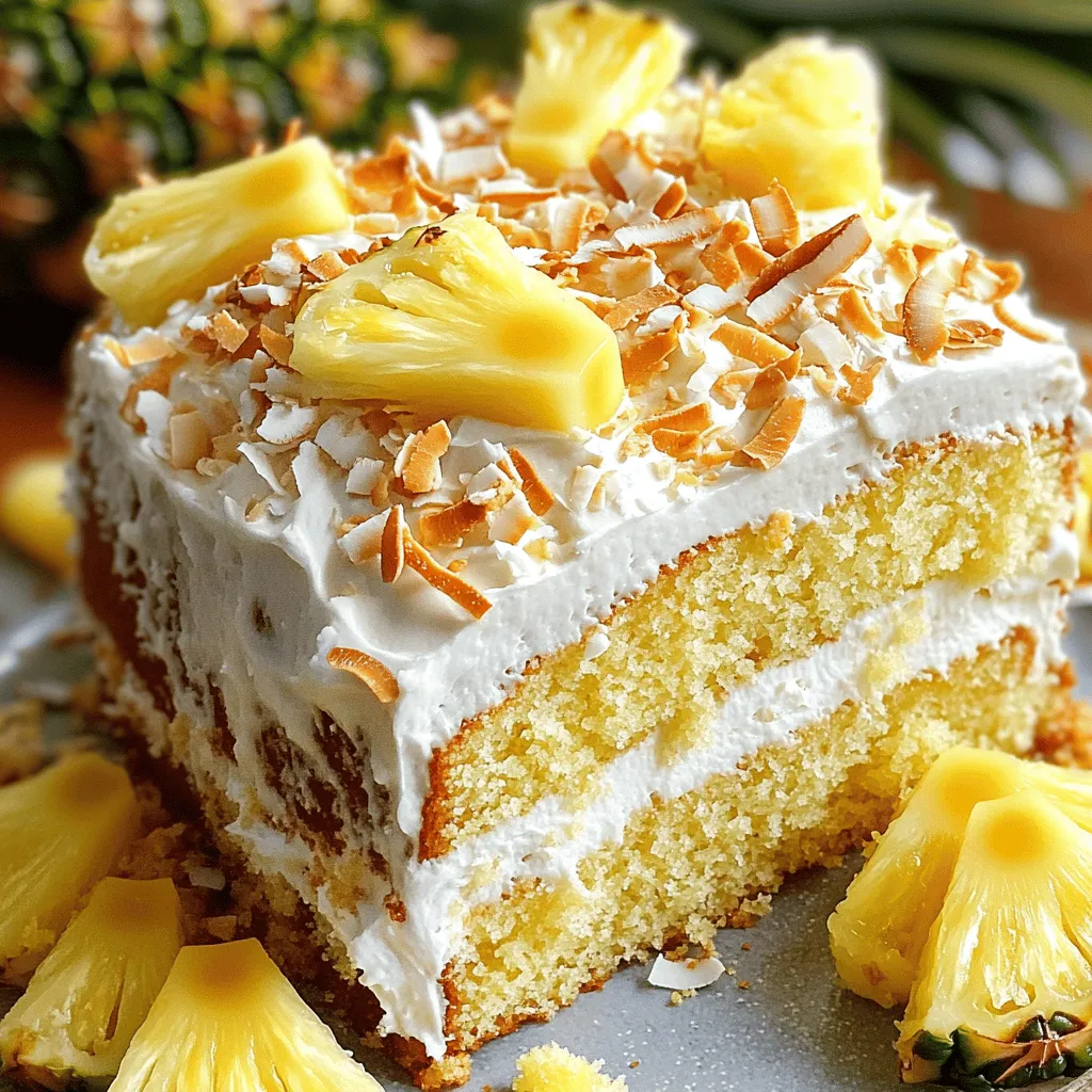 To make a delicious pineapple coconut cake, gather these key ingredients: - 2 cups all-purpose flour - 1 ½ cups granulated sugar - 1 cup shredded coconut (unsweetened) - ½ cup unsalted butter, softened - 1 cup crushed pineapple, drained - 3 large eggs - 1 cup coconut milk - 1 tablespoon baking powder - 1 teaspoon vanilla extract - ½ teaspoon salt These ingredients work together to create a moist and flavorful cake. The crushed pineapple adds sweetness, while the coconut brings a lovely tropical vibe. If you want to mix things up, consider these optional ingredients: - ½ cup chopped walnuts - Cream cheese for frosting - Toasted coconut flakes for garnish Chopped walnuts add a nice crunch. Cream cheese frosting can make the cake extra creamy and rich. Toasted coconut flakes on top make for a beautiful presentation. You can swap some ingredients if needed: - Use whole wheat flour for a healthier option. - Swap granulated sugar for brown sugar for a deeper flavor. - Substitute coconut milk with almond milk for a nutty taste. These substitutions can change the flavor and texture of the cake. Experimenting with different ingredients can lead to fun and tasty results. To make the cake batter, start by preheating your oven to 350°F (175°C). Grease and flour a 9x13 inch baking pan. In a large bowl, cream together the softened butter and sugar until it looks light and fluffy. This step is key for a soft cake. Next, add the eggs one at a time. Beat well after each egg. Then, stir in the vanilla extract for extra flavor. In another bowl, combine the flour, baking powder, salt, and shredded coconut. Mix these dry ingredients well. Now, slowly add the dry mix to the wet mix, alternating with the coconut milk. Start and end with the flour mix. Mix just until everything comes together. Finally, fold in the crushed pineapple and chopped walnuts if you choose to use them. Once your batter is ready, pour it into the prepared pan. Use a spatula to smooth the top evenly. Bake in your preheated oven for 30-35 minutes. Check for doneness by inserting a toothpick into the center. If it comes out clean, your cake is ready. If not, give it a few more minutes. After baking, let the cake cool in the pan for about 10 minutes. Then, transfer it to a wire rack to cool completely. For a lovely finish, dust it with powdered sugar. You can also top it with coconut frosting made from softened cream cheese, coconut cream, and powdered sugar. To make it even more special, garnish with toasted coconut flakes and fresh pineapple slices. Enjoy your tropical delight! To keep your Pineapple Coconut Cake moist, use crushed pineapple. Drain it well, but keep some juice. This juice adds flavor and moisture. Always use room temperature eggs and butter for a smoother batter. Mixing the wet and dry ingredients together gently helps keep air in the batter. This makes a fluffier cake. One common mistake is overmixing the batter. Mix just until everything blends. Too much mixing can make the cake tough. Also, make sure to measure your flour correctly. Too much flour can dry out the cake. Lastly, avoid opening the oven door too soon. This can cause the cake to sink in the middle. Using the right tools makes baking easier. A good mixing bowl is key. I recommend a large one for easy stirring. A hand mixer or stand mixer helps blend ingredients well. For baking, a 9x13 inch pan works perfectly. Don’t forget a toothpick for checking doneness! A cooling rack is also great for cooling the cake evenly. {{image_2}} You can make a vegan version of this cake. Replace eggs with flax eggs. To make one flax egg, mix one tablespoon of ground flaxseed with three tablespoons of water. Let it sit for five minutes. For butter, use coconut oil or vegan margarine. Use almond or oat milk instead of coconut milk. This keeps the cake moist and tasty while being dairy-free. To make this cake gluten-free, swap out the all-purpose flour. Use a good gluten-free flour blend. Make sure it has xanthan gum, which helps with texture. This allows the cake to rise well and stay fluffy. The other ingredients remain the same, so your cake will still be delicious. You can add extra flavors to this cake. Consider mixing in a teaspoon of almond extract for a nutty twist. You might also include a bit of lime zest for a fresh burst. For those who love spices, a pinch of cinnamon or nutmeg can add warmth. Each of these options will make your pineapple coconut cake unique and exciting. To keep your pineapple coconut cake fresh, store it in an airtight container. This helps keep moisture in and prevents the cake from drying out. If you don’t have a container, wrap the cake tightly in plastic wrap. Place it in a cool, dry spot, like your kitchen counter or pantry. When stored correctly, pineapple coconut cake lasts about 3 to 5 days at room temperature. If you place it in the fridge, it can stay fresh for about a week. Just remember, the cake may dry out faster in the fridge than at room temperature. You can freeze pineapple coconut cake for longer storage. First, let the cake cool completely. Then, wrap it tightly in plastic wrap, making sure to cover it well. After that, place it in a freezer bag or airtight container. The cake can stay in the freezer for up to 3 months. When you're ready to enjoy it, thaw it in the fridge overnight before serving. Yes, you can use fresh pineapple. Just peel and chop it into small pieces. Make sure to drain any juice so the cake doesn’t get soggy. Fresh pineapple adds a bright, sweet taste. It can enhance the cake's freshness. The best way to serve this cake is chilled. You can slice it and place it on a pretty plate. Add a dusting of powdered sugar on top for a nice look. For extra flavor, serve it with whipped cream or coconut frosting. You can even add fresh pineapple slices on the side. To boost coconut flavor, use extra shredded coconut in the batter. You can also add coconut extract for a stronger taste. Topping the cake with toasted coconut flakes gives a nice crunch and adds more flavor. This blog covers how to make a tasty Pineapple Coconut Cake. You learned about key ingredients, plus fun variations to try. I shared step-by-step instructions, tips to keep your cake moist, and common baking mistakes to avoid. Don’t forget about storage practices to keep your cake fresh longer. With these ideas, you can create a cake everyone will love. Enjoy baking and experimenting with your own flavor twists!