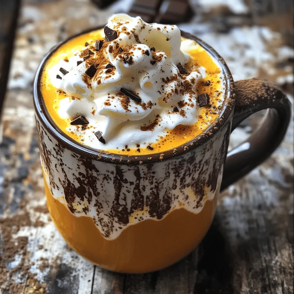 To make the perfect Pumpkin Spice Hot Chocolate, you need a few key ingredients: - 2 cups whole milk (or any milk of your choice) - 1/2 cup canned pumpkin puree - 1/4 cup unsweetened cocoa powder - 1/4 cup sugar (adjust to taste) - 1 teaspoon vanilla extract - 1/2 teaspoon pumpkin pie spice (plus extra for garnish) - 1/4 teaspoon cinnamon - Whipped cream, for topping - Dark chocolate shavings, for garnish If you prefer non-dairy options, you can swap whole milk for almond, oat, or soy milk. Each choice adds a unique flavor and texture. You can also use sugar substitutes like maple syrup or agave nectar to fit your taste. Pumpkin puree is a great source of vitamins A and C. It has fiber that helps digestion. The antioxidants in cocoa powder may boost heart health. Using different types of milk can also have health perks. - Whole milk gives creaminess and calcium. - Almond milk is low in calories and high in vitamin E. - Oat milk offers fiber and can help lower cholesterol. Choosing your ingredients wisely can make this cozy drink not just tasty but also good for you! To make Pumpkin Spice Hot Chocolate, start with a medium saucepan. Combine 2 cups of whole milk and 1/2 cup of canned pumpkin puree. Heat this mixture over medium heat. Whisk it well until everything blends. This takes about 3 to 4 minutes. Next, add 1/4 cup of unsweetened cocoa powder, 1/4 cup of sugar, 1 teaspoon of vanilla extract, 1/2 teaspoon of pumpkin pie spice, and 1/4 teaspoon of cinnamon. Keep whisking until the cocoa powder mixes in fully. Heat until it steams but do not let it boil. This step should take about 5 minutes. If it gets too thick, add a splash of milk. Once your hot chocolate is warm, remove it from the heat. Pour it into mugs or heatproof glasses. For the best serving, top each mug with a dollop of whipped cream. Sprinkle extra pumpkin pie spice on top. Add dark chocolate shavings for a fancy touch. You can pair this drink with snacks like cookies or brownies. It also goes well with pastries or a slice of pie. Enjoying a cozy drink while nibbling on treats makes it even better! To make the best Pumpkin Spice Hot Chocolate, avoid a few common mistakes. First, do not rush the whisking. Slow, steady mixing keeps the cocoa powder from clumping. Second, don’t let the mixture boil. Boiling can change the flavor and texture. Instead, heat it gently until it steams. The right consistency is creamy, not too thick or thin. If it feels too thick, just add a splash of milk. Taste it after mixing. If it needs sweetness, add more sugar until it’s just right. If you have leftovers, store them in an airtight container in the fridge. It can last up to three days. Before reheating, stir well. This helps mix any settled ingredients. Heat it gently on the stove over low heat. Stir often to keep it smooth and creamy. You can also use a microwave, but do it in short bursts. Heat and stir until warm. This way, your hot chocolate stays delicious and cozy for your next sip! {{image_2}} You can easily make this drink fit your needs. For a vegan version, use almond milk or oat milk. These are great non-dairy options. You can also try coconut milk for a richer taste. If you're watching your sugar, use a sugar substitute like stevia or erythritol. This way, you enjoy the flavor without the added calories. Want to spice things up? Try adding a pinch of nutmeg or a splash of caramel. These flavors mix well with pumpkin spice. If you want an adult twist, consider adding a splash of spiced rum or bourbon. These options make your drink fun for gatherings. Just remember, start with a little and taste as you go. This ensures the flavors blend well without overpowering the cocoa. How do I make Pumpkin Spice Hot Chocolate without dairy? You can use any non-dairy milk. Almond, oat, or coconut milk all work well. Start by warming the non-dairy milk with pumpkin puree. Then, add cocoa powder, sugar, vanilla, pumpkin pie spice, and cinnamon as you normally would. Whisk everything together over medium heat until it’s hot but not boiling. Can I use flavored cocoa powder? Yes, flavored cocoa powder can add a twist. Try using a chocolate mint or hazelnut flavor. Just remember to adjust your sugar. Flavored cocoa can be sweeter, so taste as you go. This way, you keep the perfect balance of flavors. What are the best mugs for serving hot chocolate? Choose thick, ceramic mugs for serving. They keep the drink hot longer. Larger mugs let you add more toppings, too! Look for fun designs or seasonal themes to make it festive. A good mug enhances the cozy feel of your drink. How can I make it ahead of time for parties? You can prepare Pumpkin Spice Hot Chocolate up to a day in advance. Just follow the recipe, let it cool, and store it in the fridge. When ready to serve, reheat it gently on the stove. Stir well and serve with whipped cream and toppings. This saves time and keeps the party stress-free! You can find the full recipe for Pumpkin Spice Hot Chocolate right here. This cozy drink takes only 10 minutes to prep and 15 minutes total. It serves two, making it perfect for sharing. - 2 cups whole milk (or any milk of your choice) - 1/2 cup canned pumpkin puree - 1/4 cup unsweetened cocoa powder - 1/4 cup sugar (adjust to taste) - 1 teaspoon vanilla extract - 1/2 teaspoon pumpkin pie spice (plus extra for garnish) - 1/4 teaspoon cinnamon - Whipped cream, for topping - Dark chocolate shavings, for garnish 1. Start by heating your milk with pumpkin puree in a medium saucepan over medium heat. Whisk the two ingredients together until they blend well. This takes about 3 to 4 minutes. 2. Next, add cocoa powder, sugar, vanilla extract, pumpkin pie spice, and cinnamon. Keep whisking until the cocoa powder mixes in completely. You want it to steam but not boil, which takes about another 5 minutes. 3. Taste the mixture. If you want it sweeter, add more sugar. If it's too thick, add a splash of milk to thin it out. 4. When it's hot enough, pour the mixture into mugs or heatproof glasses. 5. Top your drink with whipped cream. Add a sprinkle of pumpkin pie spice and dark chocolate shavings to make it look fancy. This drink is rich, creamy, and full of fall flavors. Enjoy every sip! In this post, we explored how to make the perfect Pumpkin Spice Hot Chocolate. We covered ingredients, health benefits, and step-by-step instructions. You learned tips for storage and reheating and ways to customize your drink. Remember, you can adjust flavors and ingredients to meet your tastes and dietary needs. Enjoy this tasty treat with friends or on your own. Get creative and find your perfect blend, and let every sip warm your day.