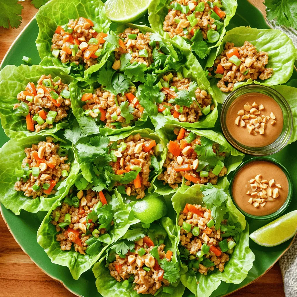 - 1 pound ground chicken - 1 tablespoon vegetable oil - 2 cloves garlic, minced - 1 tablespoon fresh ginger, minced - 1 red bell pepper, diced - 1 carrot, grated - 3 green onions, sliced - 1/4 cup fresh cilantro, chopped - 1 tablespoon soy sauce - 1 tablespoon peanut butter - 1 tablespoon lime juice - 1 tablespoon hoisin sauce - 1 teaspoon sriracha (optional) - 8-10 large lettuce leaves (Butter or Romaine) - Crushed peanuts for garnish Ground chicken forms the base of these wraps. It cooks quickly and absorbs flavors well. I love using fresh vegetables for crunch and color. The red bell pepper and grated carrot add sweetness. Green onions and cilantro bring freshness to each bite. For the sauce, I use a mix of soy sauce, peanut butter, lime juice, and hoisin sauce. This blend creates a rich taste that enhances the chicken. Sriracha adds a hint of heat, but you can leave it out if you prefer mild flavors. Finally, the large lettuce leaves serve as the perfect vessel for the filling. Butter or Romaine lettuce are my go-to choices. They hold the mixture well and add a crisp texture. Don't forget the crushed peanuts on top; they give a nice crunch! First, heat a large skillet over medium heat. Add one tablespoon of vegetable oil. Once hot, toss in two minced cloves of garlic and one tablespoon of minced ginger. Sauté them for about one minute until they smell great. Next, add one pound of ground chicken to the skillet. Cook it for about five to seven minutes. You want it to brown and be fully cooked. Stir it well to break it apart as it cooks. Now, let’s add some color and crunch. Stir in one diced red bell pepper and one grated carrot. Cook these for three to four minutes. The veggies should soften just a bit, keeping some crunch for texture. While the veggies cook, grab a small bowl. In it, whisk together one tablespoon of soy sauce, one tablespoon of peanut butter, one tablespoon of lime juice, one tablespoon of hoisin sauce, and one teaspoon of sriracha if you like it spicy. Mix until it’s smooth. Pour this sauce over the chicken mixture. Stir well to coat everything, and cook for another minute. This will bring all the flavors together. Remove the skillet from heat. Fold in three sliced green onions and a quarter cup of chopped cilantro. This adds freshness to the dish. Now, take eight to ten large lettuce leaves, like Butter or Romaine. Spoon the chicken mixture into each leaf, making little wraps. Don’t forget the finishing touch! Garnish each wrap with crushed peanuts for a nice crunch. To cook chicken evenly, use a wide skillet. This helps the heat spread well. Break the chicken up with a spatula as it cooks. This makes sure it browns all over. Prep your veggies by washing and chopping them before you start cooking. Dice the red bell pepper and grate the carrot finely. This helps them cook faster and blend better with the chicken. Serve your lettuce wraps on a large platter. Lay out lime wedges for a fresh touch. Add a small bowl of extra peanut sauce for dipping. This makes the dish look great and lets everyone customize their wraps. For more visual appeal, sprinkle crushed peanuts on top. Their crunch adds texture and a nice look. You can also add a few sprigs of cilantro for color. To store the wraps, keep the chicken mixture and lettuce leaves separate. Place the chicken in an airtight container. It will stay fresh for up to three days in the fridge. When ready to eat, reheat the chicken in a skillet over low heat. Stir until warmed through. Do not reheat the lettuce, as it should stay fresh and crisp. Assemble your wraps again just before serving! {{image_2}} You can easily change the meat in this recipe. Ground turkey or beef can work well. If you want a lighter option, try using ground chicken breast. For a vegetarian or vegan twist, replace the chicken with cooked tofu or tempeh. You can also use chickpeas for a plant-based protein. To add more spice, consider using more sriracha or fresh chili peppers. If you love heat, add crushed red pepper flakes as well. For extra flavor, try different sauces like teriyaki or sweet chili sauce. Mixing in some lime zest can brighten the taste, too. These wraps can be served with rice or quinoa for a heartier meal. You can also chop up the lettuce and mix the chicken with rice to create a tasty salad. Another fun option is to serve the filling in a bowl with your favorite toppings. This way, everyone can customize their own dish! This dish packs a punch in nutrition. Ground chicken is a great source of protein. It helps build muscles and keeps you full. Fresh vegetables add vitamins and minerals. Carrots provide beta-carotene, while bell peppers bring vitamin C. - Calories per serving: About 300 calories - Protein: 25 grams - Fat: 15 grams - Carbs: 20 grams The peanut butter adds healthy fats, which are good for your heart. Fresh cilantro and green onions boost flavor and nutrition without extra calories. If you need gluten-free options, just swap the soy sauce for tamari. This keeps all the flavors while making it safe for gluten-free diets. For low-carb variations, use less peanut butter or choose a low-carb sauce. You can also load up on more veggies instead of chicken for fewer carbs. Lettuce wraps are naturally low in carbs. Each serving gives you about two lettuce wraps. This is a great size for a snack or as a light meal. To prep ahead, cook the chicken mix and store it in the fridge. When you are ready to eat, just spoon it into fresh lettuce. This makes it easy to grab and go. You can also make extra wraps for meal prep. Just store the filling separately from the lettuce. For this dish, I recommend using Butter or Romaine lettuce. These types have large, sturdy leaves. They hold the filling well and add a nice crunch. Butter lettuce is soft and has a sweet flavor. Romaine is crisp and has a stronger taste. Both options work well, so choose what you like best. Yes, you can prep these wraps ahead of time. Cook the chicken mixture and store it in the fridge. You can keep it for up to three days. When you're ready to eat, just fill the lettuce leaves. This makes a quick and easy meal. You can also chop the veggies in advance. Just store them in separate containers to keep them fresh. To add heat, consider using more sriracha in the sauce. You can also sprinkle red pepper flakes on top. Another option is to add sliced fresh jalapeños to the filling. If you like it very spicy, try adding a dash of chili oil. Adjust the heat to suit your taste. This blog post explored making delicious chicken wraps. We covered the main ingredients, cooking steps, and helpful tips. The variations section showed alternative options for your wraps, which you can customize to fit your taste. We also discussed the wraps' health benefits and offered advice on portion control. In summary, these wraps are easy to make and fun to enjoy. Try mixing flavors and ingredients to make your own version. You’ll love how simple and tasty they can be. Enjoy crafting your wraps!