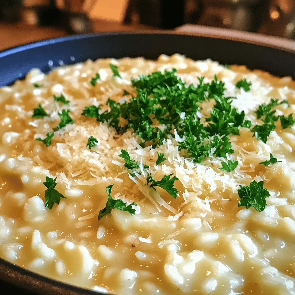 - 1 cup Arborio rice - 4 cups low-sodium vegetable broth - 1 medium onion, finely chopped - 3 cloves garlic, minced - 2 tablespoons olive oil - 1 tablespoon butter - 1 cup freshly grated Parmesan cheese - 1/2 cup heavy cream - Salt and pepper to taste - Fresh parsley, chopped (for garnish) For my creamy garlic Parmesan risotto, I always use Arborio rice. This rice has a high starch content. It creates that rich, creamy texture we all love. You also need low-sodium vegetable broth. This helps keep the risotto flavorful without being too salty. The base of the dish is simple. I add finely chopped onion and minced garlic. These two ingredients give the risotto a great aroma and taste. Olive oil and butter add richness. Freshly grated Parmesan cheese and heavy cream bring it all together in a delightful way. - Mushrooms (sautéed) - Peas (fresh or frozen) - Spinach (fresh or wilted) - Lemon zest (for a bright touch) - Nutmeg (a pinch for warmth) While the main ingredients are fantastic, there are options for extra flavor. I love adding sautéed mushrooms. They add earthiness and depth. Fresh or frozen peas bring color and sweetness. Spinach adds a nice pop of green and extra nutrients. For brightness, lemon zest works wonders. A pinch of nutmeg gives warmth and a hint of spice. These ingredients can make your risotto even more special. - Large skillet - Saucepans - Wooden spoon or spatula - Ladle - Grater for cheese To make risotto, you need the right tools. A large skillet is perfect for sautéing and cooking the rice. A saucepan keeps your vegetable broth warm. A wooden spoon or spatula is best for stirring the rice. Use a ladle for adding broth gradually. Finally, a grater helps you get that fresh Parmesan cheese. These tools make the process smooth and fun. Start by warming the vegetable broth. Pour it into a saucepan. Heat it on low. You want it to simmer gently. Keeping it warm helps the risotto cook evenly. If it’s cold, the rice will not absorb the broth as well. In a large skillet, add olive oil and butter. Heat it over medium heat. Once hot, add the chopped onion. Sauté for about 3 to 4 minutes. The onion should turn translucent. Then, add minced garlic. Stir and sauté for one more minute. You want to release that lovely garlic aroma. Now it’s time to add the Arborio rice. Stir it into the skillet with the onion and garlic. Toast the rice for about 2 minutes. Keep stirring often. This step makes the rice slightly translucent. It also adds a nice depth of flavor. Start adding the warmed broth, one ladle at a time. Pour it over the rice and stir gently. Wait until most of the liquid is absorbed before adding more. This slow process takes about 20 to 25 minutes. The rice should be creamy and al dente when done. Once the rice is cooked, it’s time to make it creamy. Stir in the heavy cream first. Then, add the freshly grated Parmesan cheese. Mix it all together until it’s smooth and creamy. This is where the magic happens! Season your risotto with salt and pepper to taste. Remove it from the heat and let it sit for a couple of minutes. This helps it thicken. Serve the risotto hot. Garnish it with chopped parsley and, if you like, an extra sprinkle of Parmesan. Enjoy the creamy goodness! To get a creamy risotto, the right rice is key. Arborio rice has starch that makes risotto smooth. Toast the rice for two minutes before adding broth. This step helps the rice absorb flavor. Stir often as you add broth. This keeps the rice from sticking and helps it cook evenly. Avoid adding all the broth at once. This can make the risotto too wet. It also stops the rice from releasing starch. If the rice starts to stick, lower the heat. Use a wooden spoon for stirring. It works better than a metal spoon. Sauté the onions until they are soft and clear. This adds a sweet flavor to the dish. When you add garlic, stir for just one minute. Garlic burns quickly and can taste bitter. Stir the risotto constantly, especially as it thickens. This helps make it creamy and smooth. {{image_2}} You can easily add vegetables to your risotto. This will boost flavor and nutrition. Try adding peas, spinach, or mushrooms. Simply add them when you stir in the broth. Cook until the veggies are tender. This adds a nice texture and color to your dish. While Parmesan is classic, you can try other cheeses. Pecorino Romano adds a salty kick. Gouda gives a smoky flavor. For a creamy touch, use cream cheese. Mix in your chosen cheese when you add the cream. This will create a rich, unique taste. You can make this risotto vegan with a few swaps. Use vegetable broth and skip the butter. Replace Parmesan with a vegan cheese or nutritional yeast. This keeps the creamy texture and adds a nice depth. You can also use coconut cream for richness. Enjoy a tasty vegan version of this dish! To keep your leftover risotto fresh, place it in an airtight container. Make sure to let it cool to room temperature first. This will help prevent condensation. Store it in the fridge for up to three days. If you want to keep it longer, consider freezing it. When you’re ready to enjoy the risotto again, use a saucepan. Add a splash of broth or water to help rehydrate it. Heat it over low heat, stirring often, until it is warm. This method keeps the risotto creamy. You can also use the microwave. Place it in a bowl, add a bit of liquid, and cover it. Heat in short bursts, stirring in between. To freeze risotto, portion it into small containers or freezer bags. Make sure to remove as much air as possible. Label the bags with the date. Risotto can last up to two months in the freezer. When you’re ready to eat it, thaw it in the fridge overnight before reheating. This helps maintain its creamy texture and flavor. Arborio rice is a short-grain rice. It has a high starch content. This starch helps risotto become creamy. It absorbs liquid well, making it perfect for risotto. Other rice types may not give the same creaminess. You want that silky texture in your dish, and Arborio delivers. Yes, you can make risotto in advance. However, it may lose its creaminess. To save it, cook it less than usual. When ready to serve, add some broth and stir. This helps bring back the creamy texture. Serve it warm for the best taste. If your risotto is overcooked, it may be mushy. You can add more broth to help it. Stir gently to combine. Adding a bit of cheese can also improve the flavor. If you have fresh herbs, chop some and mix them in. This can help freshen it up. Creamy Garlic Parmesan Risotto pairs well with many dishes. Grilled chicken or shrimp adds protein. You can also serve it with roasted vegetables. A fresh salad can balance the richness too. For a light touch, a squeeze of lemon enhances flavors. Yes, but using broth enhances the flavor. If you don't have broth, use water. Add garlic and onion to the water for more taste. You can also use white wine to replace some broth. This adds depth and a nice kick to your risotto. Creamy Garlic Parmesan Risotto combines simple steps and rich flavors. We covered key ingredients, tools, and easy instructions. Tips helped ensure a perfect dish, while variations offered new twists. Lastly, we discussed storing and reheating for later enjoyment. Risotto is fun to make and customize. With practice, you can master it. Enjoy creating your own unique version and savor the creamy goodness!