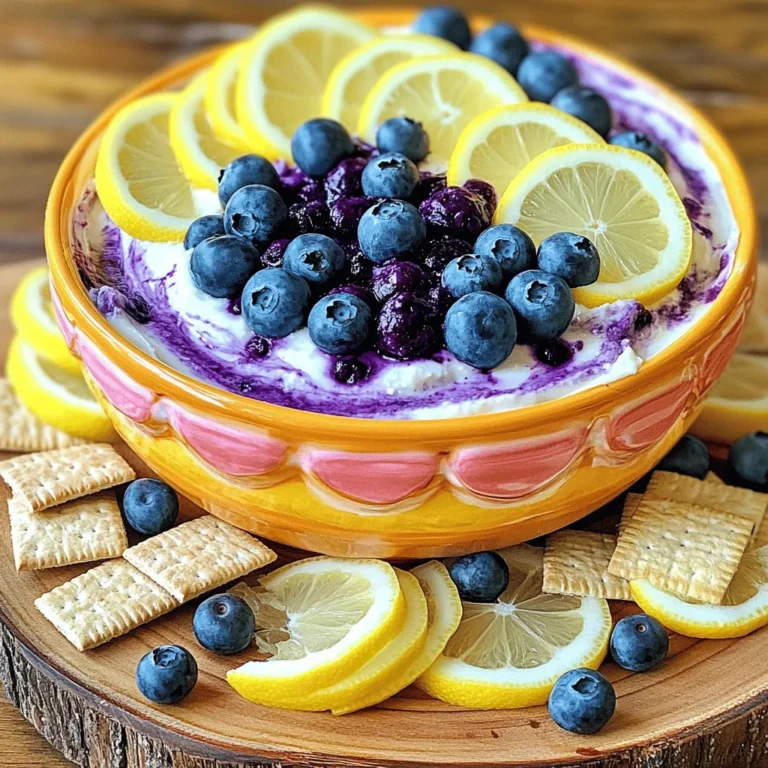 - 1 cup cream cheese, softened - 1/2 cup powdered sugar - 1 tablespoon lemon juice - Zest of 1 lemon - 1/2 teaspoon vanilla extract The main ingredients give this dip its creamy texture and bright flavor. Cream cheese forms the base, making it rich and smooth. Powdered sugar adds sweetness, balancing the tartness of the lemon. The lemon juice and zest bring a fresh, zesty taste. Finally, vanilla extract rounds out the flavors, giving it warmth. - 1 cup blueberry pie filling - 1/2 cup whipped cream The blueberry pie filling adds color and sweetness. It creates a beautiful layer in the dip. Whipped cream lightens the mixture, making it airy and fluffy. This combination enhances the overall flavor and texture, making each bite delightful. - Fresh blueberries - Lemon slices - Graham crackers or fruit slices for dipping To serve, I love using fresh blueberries and lemon slices for garnish. They add pops of color and a burst of flavor. Pair this dip with graham crackers or fruit slices for dipping. This makes it fun and interactive for guests. You can also set out a colorful platter to make it more festive! First, grab a bowl and your softened cream cheese. Use an electric mixer to beat it until smooth. This step makes sure there are no lumps. Next, slowly add the powdered sugar. Keep mixing until it is fluffy and well blended. This gives the dip its sweet taste. Now, it’s time to add some flavor. Squeeze in the lemon juice and add the zest from the lemon. The zest adds a bright taste. Don’t forget the vanilla extract for extra depth. Mix until the flavors come together. Then, gently fold in the whipped cream. This makes the dip light and airy. To assemble your dip, grab a nice serving dish. Start by layering half of the cheesecake mix at the bottom. Next, spoon the blueberry pie filling on top. This adds a beautiful color and sweetness. Now, add the rest of the cheesecake mixture, smoothing it out. If you want, swirl in a bit more blueberry filling on top for a pretty look. Cover and chill the dip in the fridge for at least 30 minutes. This lets all the flavors blend together. When you are ready to serve, garnish with fresh blueberries and lemon slices for a pop of color. To make your dip smooth, start with softened cream cheese. Cold cream cheese clumps up and won’t mix well. Let it sit at room temperature for 30 minutes before using. This step is key for a creamy texture. When you fold in the whipped cream, do it gently. Use a spatula and scoop from the bottom up. This keeps the air in the whipped cream, making your dip light and fluffy. If you stir too hard, you’ll lose that nice texture. For a bright flavor, add extra lemon zest. It lifts the taste and brings out the lemon's freshness. Just a teaspoon more can make a big difference. You can also swirl in some blueberry filling on top. This not only tastes great but looks pretty too. A beautiful dip makes the party more fun! Get creative with your serving dish. Use a colorful platter to show off the dip. You can layer it in a clear bowl to show the blueberry and cheesecake layers. For dipping, offer a mix of graham crackers and fresh fruit slices. Apples, strawberries, or even bananas work well. This variety makes it exciting and appealing for any occasion. {{image_2}} You can easily change the taste of your dip. Try adding fresh strawberries or raspberries for a fruity twist. The sweet and tart notes mix well with the creamy base. You can also use flavored extracts like almond or coconut for a unique flavor. Just swap out the vanilla extract for something new. If you need a dairy-free option, use a cream cheese substitute made from nuts. Look for brands made from cashews or almonds. They work well and still taste great! For gluten-free dipping, choose gluten-free graham crackers or fruit slices. Apples or pears add a nice crunch and flavor. Make your dip festive for holidays. Add crushed peppermint for winter or colorful sprinkles for birthdays. This dip can be fun for any event! For parties, serve it in a big bowl with lots of colorful fruit slices around it. This makes a great display and is easy for guests to grab their favorite dipper. To keep your Lemon Blueberry Cheesecake Dip fresh, store it in the refrigerator. Use an airtight container to prevent air from drying it out. Glass containers work well because they do not hold odors. You can also use plastic containers with a tight lid. Avoid using aluminum foil or plastic wrap directly on the dip, as it may stick and ruin the texture. Can you freeze Lemon Blueberry Cheesecake Dip? Yes, you can freeze this dip for later enjoyment! However, freezing may change the texture slightly. To freeze, scoop the dip into a freezer-safe container. Leave space at the top for expansion. Seal it tightly, and label it with the date. How to thaw properly without compromising texture? Place the frozen dip in the fridge overnight to thaw slowly. This method helps maintain its creamy texture. Avoid microwaving the dip, as it may become too soft and watery. Once thawed, give it a gentle stir before serving. Enjoy your delicious dip even after freezing! Yes, you can prepare this dip ahead of time! To make it easy, mix the cream cheese, sugar, lemon juice, zest, and vanilla first. Store this mixture in the fridge for up to a day. Just before serving, fold in the whipped cream. This keeps it airy and light. Layer with blueberry filling right before serving to keep the flavors fresh. If you need a cream cheese alternative, there are a few options. You can use Greek yogurt for a tangy flavor that is also healthy. Another choice is vegan cream cheese, which works well for dairy-free diets. Silken tofu is also a great option; it blends smoothly for a creamy texture. This dip stays fresh in the fridge for about three days. Store it in an airtight container to keep it from drying out. If you notice any changes in texture or smell, it's best to discard it. Enjoy it within this timeframe for the best taste! This blog post covers how to make a delicious Lemon Blueberry Cheesecake Dip. We discussed the main and additional ingredients, like cream cheese and blueberry pie filling. I provided easy, step-by-step instructions for preparing, adding flavor, and assembling your dip. You also learned tips for the best texture and fun variations for different tastes. Lastly, we talked about storage and common questions. Enjoy your tasty dip at any gathering, and remember, it’s all about fun and creativity in the kitchen!